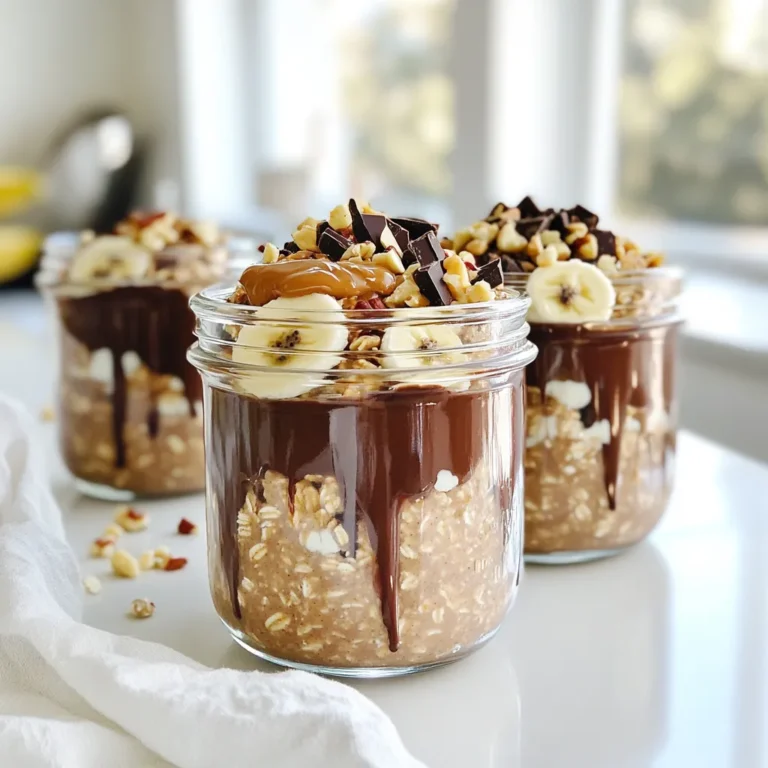 To make chocolate peanut butter overnight oats, gather these items: - 1 cup rolled oats - 2 cups almond milk (or any milk of your choice) - 2 tablespoons unsweetened cocoa powder - 2 tablespoons natural peanut butter - 2 tablespoons maple syrup (or honey) - 1 teaspoon vanilla extract - A pinch of salt - Optional toppings: sliced bananas, chopped nuts, or dark chocolate shavings You can switch some ingredients if you need. Here are some ideas: - Use coconut milk instead of almond milk for a creamier taste. - Swap maple syrup for agave nectar or honey for sweetness. - Try sun butter or almond butter in place of peanut butter for a nut-free option. - Add chia seeds for more fiber and nutrients. Choosing the right ingredients makes a big difference. Here’s how: - Oats: Look for rolled oats, not instant oats. They hold their shape better. - Cocoa Powder: Use unsweetened cocoa powder for rich chocolate flavor without added sugar. - Peanut Butter: Choose natural peanut butter without added sugars or oils. Look for just peanuts and salt. - Milk: Pick a milk that fits your taste. Unsweetened options keep it healthy. - Maple Syrup: Opt for pure maple syrup for the best flavor. Avoid imitation syrup. Using these tips helps you make tasty and healthy overnight oats. Enjoy your cooking! Start by getting a large bowl. Add 1 cup of rolled oats. Then, include 2 tablespoons of unsweetened cocoa powder. This gives the oats a rich chocolate flavor. Sprinkle in a pinch of salt to enhance the taste. Mix the dry ingredients well. You want the cocoa powder spread throughout the oats. In a separate bowl, pour in 2 cups of almond milk. You can use any milk you like. Next, add 2 tablespoons of natural peanut butter. This adds creaminess and flavor. Then, include 2 tablespoons of maple syrup or honey for sweetness. Finally, add 1 teaspoon of vanilla extract. Whisk this mixture until it's smooth and combined. Now, pour the wet mixture over the dry ingredients. Stir well to coat all the oats. Make sure every oat gets some of that tasty mix. Once combined, divide the mixture into jars or airtight containers. Seal them tightly to keep the oats fresh. Place the containers in the fridge overnight. This lets the oats soak and soften. In the morning, take out the jars and give the oats a good stir. If you want a thinner texture, add a splash of almond milk. For toppings, use sliced bananas, chopped nuts, or dark chocolate shavings. Each topping adds a fun twist to your oats. Enjoy this easy and healthy breakfast! One common mistake is not mixing the dry ingredients well. If you skip this step, the cocoa powder might clump. Another mistake is not sealing the jars tightly. This can make your oats dry out. Lastly, avoid using too much liquid. You want a creamy texture, not soup! To change the sweetness, you can add more or less maple syrup. If you prefer it sweeter, try adding an extra tablespoon. For less sweetness, reduce the syrup by one tablespoon. You can also swap maple syrup for honey. Each sweetener brings a unique taste! Toppings can make your oats more fun. Sliced bananas add creaminess and a fruity taste. Chopped nuts give a nice crunch and healthy fat. If you love chocolate, sprinkle dark chocolate shavings on top. You can mix and match to find your favorite combo! {{image_2}} You can change up the flavors in your overnight oats. Try adding a scoop of protein powder for a boost. You can also swap cocoa powder for carob powder if you want something different. For a fruity twist, add a few tablespoons of fruit puree. Pureed strawberries or raspberries work great. If you love spice, sprinkle in some cinnamon or nutmeg. These add warmth and depth to the dish. The recipe calls for almond milk, but you can use any milk you like. Cow's milk, oat milk, or coconut milk all work well. Each type of milk adds its own unique flavor and texture. If you want a creamier base, whole milk is a great choice. For a nut-free option, try soy milk or oat milk. Remember, the milk you choose impacts the taste. Want to make your oats even healthier? Add superfoods for extra nutrition. Chia seeds are a great choice. They add fiber and omega-3s. Just a tablespoon mixed in can do wonders. Flaxseeds are another option. They provide healthy fats and can help with digestion. You could also mix in some hemp hearts for protein. They add a nice nutty flavor too. Don't hesitate to experiment! To keep your chocolate peanut butter overnight oats fresh, use airtight containers. Glass jars work well, but plastic containers are also fine. Make sure to seal them tightly. This keeps the oats moist and prevents odors from the fridge. When stored properly, your oats will last up to five days in the fridge. This makes them great for meal prep. Just remember to check for any signs of spoilage, like changes in smell or texture. Prepare your oats in bulk for easy breakfasts. You can mix several jars at once. Layer the oats and toppings like nuts or bananas separately. This helps keep everything fresh. Remember to stir before eating. If they seem too thick, add a splash of milk to loosen them up. Enjoy your tasty and easy meal anytime! Yes, you can use quick oats. They will soak faster. The texture will be softer. Rolled oats give a chewier bite. If you like that, stick with rolled oats. Yes, this recipe can be vegan. Just use almond milk and maple syrup. Both are plant-based. The peanut butter is also vegan. This makes it a great choice for vegans. To lower calories, use less peanut butter. You can also cut down on maple syrup. Choose unsweetened almond milk. This will help keep the taste without extra calories. Overnight oats are very healthy. They are high in fiber, which helps digestion. They also provide energy for your day. The oats keep you full longer. Adding peanut butter gives you healthy fats and protein. This makes them a great breakfast choice. We covered everything you need to know about making overnight oats. You learned the key ingredients, helpful tips, and step-by-step instructions. Variations can boost flavors and nutrients. Plus, you gained insights on storage and common questions. Enjoying your oats made easy is just the start. Explore flavors, adjust ingredients, and optimize your meals. You have the tools to make this tasty and healthy dish your own.
