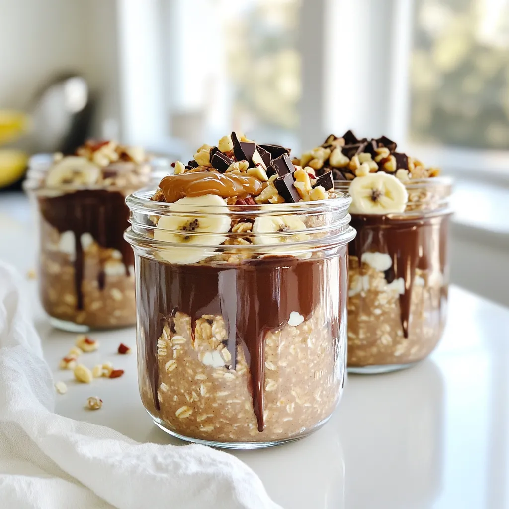To make chocolate peanut butter overnight oats, gather these items: - 1 cup rolled oats - 2 cups almond milk (or any milk of your choice) - 2 tablespoons unsweetened cocoa powder - 2 tablespoons natural peanut butter - 2 tablespoons maple syrup (or honey) - 1 teaspoon vanilla extract - A pinch of salt - Optional toppings: sliced bananas, chopped nuts, or dark chocolate shavings You can switch some ingredients if you need. Here are some ideas: - Use coconut milk instead of almond milk for a creamier taste. - Swap maple syrup for agave nectar or honey for sweetness. - Try sun butter or almond butter in place of peanut butter for a nut-free option. - Add chia seeds for more fiber and nutrients. Choosing the right ingredients makes a big difference. Here’s how: - Oats: Look for rolled oats, not instant oats. They hold their shape better. - Cocoa Powder: Use unsweetened cocoa powder for rich chocolate flavor without added sugar. - Peanut Butter: Choose natural peanut butter without added sugars or oils. Look for just peanuts and salt. - Milk: Pick a milk that fits your taste. Unsweetened options keep it healthy. - Maple Syrup: Opt for pure maple syrup for the best flavor. Avoid imitation syrup. Using these tips helps you make tasty and healthy overnight oats. Enjoy your cooking! Start by getting a large bowl. Add 1 cup of rolled oats. Then, include 2 tablespoons of unsweetened cocoa powder. This gives the oats a rich chocolate flavor. Sprinkle in a pinch of salt to enhance the taste. Mix the dry ingredients well. You want the cocoa powder spread throughout the oats. In a separate bowl, pour in 2 cups of almond milk. You can use any milk you like. Next, add 2 tablespoons of natural peanut butter. This adds creaminess and flavor. Then, include 2 tablespoons of maple syrup or honey for sweetness. Finally, add 1 teaspoon of vanilla extract. Whisk this mixture until it's smooth and combined. Now, pour the wet mixture over the dry ingredients. Stir well to coat all the oats. Make sure every oat gets some of that tasty mix. Once combined, divide the mixture into jars or airtight containers. Seal them tightly to keep the oats fresh. Place the containers in the fridge overnight. This lets the oats soak and soften. In the morning, take out the jars and give the oats a good stir. If you want a thinner texture, add a splash of almond milk. For toppings, use sliced bananas, chopped nuts, or dark chocolate shavings. Each topping adds a fun twist to your oats. Enjoy this easy and healthy breakfast! One common mistake is not mixing the dry ingredients well. If you skip this step, the cocoa powder might clump. Another mistake is not sealing the jars tightly. This can make your oats dry out. Lastly, avoid using too much liquid. You want a creamy texture, not soup! To change the sweetness, you can add more or less maple syrup. If you prefer it sweeter, try adding an extra tablespoon. For less sweetness, reduce the syrup by one tablespoon. You can also swap maple syrup for honey. Each sweetener brings a unique taste! Toppings can make your oats more fun. Sliced bananas add creaminess and a fruity taste. Chopped nuts give a nice crunch and healthy fat. If you love chocolate, sprinkle dark chocolate shavings on top. You can mix and match to find your favorite combo! {{image_2}} You can change up the flavors in your overnight oats. Try adding a scoop of protein powder for a boost. You can also swap cocoa powder for carob powder if you want something different. For a fruity twist, add a few tablespoons of fruit puree. Pureed strawberries or raspberries work great. If you love spice, sprinkle in some cinnamon or nutmeg. These add warmth and depth to the dish. The recipe calls for almond milk, but you can use any milk you like. Cow's milk, oat milk, or coconut milk all work well. Each type of milk adds its own unique flavor and texture. If you want a creamier base, whole milk is a great choice. For a nut-free option, try soy milk or oat milk. Remember, the milk you choose impacts the taste. Want to make your oats even healthier? Add superfoods for extra nutrition. Chia seeds are a great choice. They add fiber and omega-3s. Just a tablespoon mixed in can do wonders. Flaxseeds are another option. They provide healthy fats and can help with digestion. You could also mix in some hemp hearts for protein. They add a nice nutty flavor too. Don't hesitate to experiment! To keep your chocolate peanut butter overnight oats fresh, use airtight containers. Glass jars work well, but plastic containers are also fine. Make sure to seal them tightly. This keeps the oats moist and prevents odors from the fridge. When stored properly, your oats will last up to five days in the fridge. This makes them great for meal prep. Just remember to check for any signs of spoilage, like changes in smell or texture. Prepare your oats in bulk for easy breakfasts. You can mix several jars at once. Layer the oats and toppings like nuts or bananas separately. This helps keep everything fresh. Remember to stir before eating. If they seem too thick, add a splash of milk to loosen them up. Enjoy your tasty and easy meal anytime! Yes, you can use quick oats. They will soak faster. The texture will be softer. Rolled oats give a chewier bite. If you like that, stick with rolled oats. Yes, this recipe can be vegan. Just use almond milk and maple syrup. Both are plant-based. The peanut butter is also vegan. This makes it a great choice for vegans. To lower calories, use less peanut butter. You can also cut down on maple syrup. Choose unsweetened almond milk. This will help keep the taste without extra calories. Overnight oats are very healthy. They are high in fiber, which helps digestion. They also provide energy for your day. The oats keep you full longer. Adding peanut butter gives you healthy fats and protein. This makes them a great breakfast choice. We covered everything you need to know about making overnight oats. You learned the key ingredients, helpful tips, and step-by-step instructions. Variations can boost flavors and nutrients. Plus, you gained insights on storage and common questions. Enjoying your oats made easy is just the start. Explore flavors, adjust ingredients, and optimize your meals. You have the tools to make this tasty and healthy dish your own.