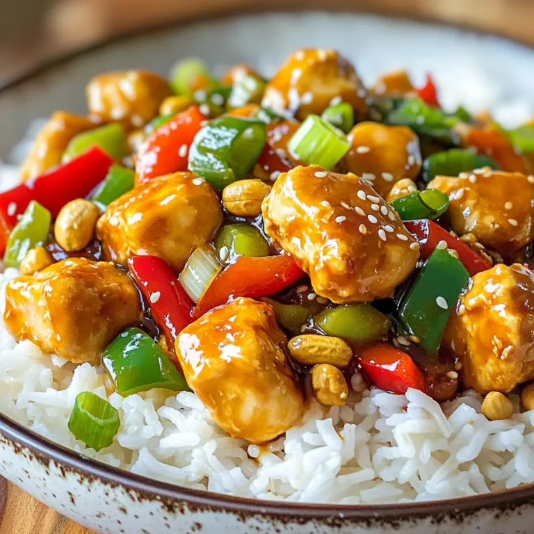 - 1 lb boneless, skinless chicken breast, diced into bite-sized pieces - 1 red bell pepper, diced - 1 green bell pepper, diced - 1 medium onion, chopped - 3 cloves garlic, minced - 1 inch ginger, minced - 2 tablespoons cornstarch - 2 tablespoons vegetable oil - 1/2 cup roasted unsalted peanuts The chicken is the star of this dish. It should be tender and juicy. I like to cut it into small pieces. This helps it cook fast and absorb flavors well. The bell peppers add color and crunch. They also bring a slight sweetness to balance the dish. The onion, garlic, and ginger add depth. They make the dish fragrant and full of flavor. - 1/4 cup soy sauce - 2 tablespoons rice vinegar - 1 tablespoon hoisin sauce - 1 tablespoon sesame oil - 2 teaspoons sugar - 1-2 teaspoons red pepper flakes (adjust to taste) The sauce ties everything together. Soy sauce gives a savory base. Rice vinegar adds a tangy note. Hoisin sauce brings in sweetness and richness. Sesame oil adds a nutty flavor. Sugar balances the saltiness, while red pepper flakes add heat. You can change the spice level by adding more or less. - 2 scallions, chopped for garnish Scallions add a fresh touch. They also give a nice color contrast. Roasted peanuts add crunch and nuttiness. These garnishes elevate the dish, making it look and taste gourmet. You can sprinkle them on top right before serving for the best effect. Start by coating the chicken pieces with cornstarch. Place the diced chicken in a bowl, then sprinkle in 2 tablespoons of cornstarch. Mix it well until each piece is fully coated. This step is key for a crispy texture. When you fry the chicken, the cornstarch will help it get that nice crunch. For the perfect crispy chicken, ensure the oil is hot when you cook it. Too cool oil will make the chicken soggy instead of crispy. Next, let's make the sauce. In a small bowl, combine the following: - 1/4 cup soy sauce - 2 tablespoons rice vinegar - 1 tablespoon hoisin sauce - 1 tablespoon sesame oil - 2 teaspoons sugar - 1-2 teaspoons red pepper flakes Whisk these ingredients together until well mixed. If you like it spicier, add more red pepper flakes. Taste the sauce and adjust it to match your heat preference. Now, heat 2 tablespoons of vegetable oil in a large skillet or wok. Keep the heat at medium-high. Once the oil is hot, add the chicken pieces in a single layer. Cook them for about 5-7 minutes until they turn golden brown. After cooking, remove the chicken from the pan and set it aside. In the same pan, toss in the diced red bell pepper, green bell pepper, chopped onion, minced garlic, and minced ginger. Stir-fry these vegetables for about 3-4 minutes. You want them tender but still crisp. Return the chicken to the pan and pour in the sauce you made earlier. Stir everything together. Make sure the chicken and vegetables are well coated in the sauce. Cook for an additional 2-3 minutes, until everything is heated through. Finally, stir in 1/2 cup of roasted unsalted peanuts and mix well. Remove the pan from heat. Serve your Kung Pao Chicken right away. Garnish with chopped scallions for a fresh touch. Enjoy your homemade dish! To make your Kung Pao Chicken taste amazing, use fresh ingredients. Fresh chicken, crunchy bell peppers, and crisp scallions all bring great flavor. I love adding more garlic and ginger for a bold taste. If you want more heat, try adding extra red pepper flakes. This dish shines when you balance sweet, salty, and spicy flavors. For the best stir-fry, heat your oil until it shimmers. This means it’s hot enough for cooking. Add the chicken in a single layer to ensure even cooking. Cook it until golden brown, about 5-7 minutes. When you add your veggies, keep them crisp. Stir-fry for only 3-4 minutes. This helps maintain their beautiful colors and crunch. Serve your Kung Pao Chicken over steamed jasmine rice. You can also use fried rice for a fun twist. For a nice presentation, sprinkle extra scallions on top. This adds color and freshness. You can even serve it in a bowl for a cozy feel. Enjoy your meal with chopsticks for a true takeout vibe! {{image_2}} You can swap chicken for tofu or shrimp. If you choose tofu, use firm tofu for the best texture. Cut it into cubes and press to remove excess moisture. For shrimp, use large shrimp and peel them. - Tofu: Cook for about 3-4 minutes until golden. - Shrimp: Cook for 2-3 minutes until pink. Adjust your cooking time based on your protein choice. Tofu may need a bit longer to crisp up, while shrimp cooks faster. Feel free to use your favorite or seasonal veggies. Broccoli, snap peas, or carrots can add color and crunch. - Seasonal Veggies: Choose fresh greens like bok choy or asparagus. - Customize: Add or remove veggies based on your taste preferences. This dish shines with fresh ingredients, so pick what you love most. To make this dish gluten-free, use tamari instead of soy sauce. For a low-carb option, skip the sugar and serve it over cauliflower rice. For vegan adaptations, simply replace chicken with tofu and ensure the sauce is vegan-friendly. This way, you can enjoy the flavors without any animal products. To keep your Kung Pao Chicken fresh, store it in an airtight container. This prevents moisture from getting in and keeps flavors intact. Place the container in the fridge. Your dish stays fresh for about 3 to 4 days. If you want to freeze Kung Pao Chicken, let it cool first. Then, place it in a freezer-safe bag or container. Push out as much air as you can to prevent freezer burn. It can stay good in the freezer for up to 2 months. When you're ready to eat, thaw it in the fridge overnight. To reheat, warm it in a pan over low heat until hot. You can add a splash of water for moisture. For meal prep, I recommend using glass containers. They keep food fresh and are easy to clean. Portion out the Kung Pao Chicken with rice or veggies for quick meals. This makes it easy to grab and go during a busy week. You’ll save time and still enjoy a tasty dinner! Kung Pao Chicken is a classic Chinese dish. It hails from Sichuan province in China. The dish features diced chicken, peanuts, and vegetables. It's known for its bold flavors and slight heat. The sauce combines soy sauce, vinegar, and hoisin. This mix gives it a sweet and savory taste. Yes, you can prepare Kung Pao Chicken ahead of time. Cook the chicken and veggies, then store them. Keep the sauce separate to maintain freshness. When ready to eat, reheat everything together. This makes for a quick meal. Kung Pao Chicken can be spicy, but you control the heat! The red pepper flakes add a kick. Start with one teaspoon if you prefer mild. You can always add more to taste. Adjusting the spice level makes it perfect for you. This blog post covered everything you need to know about making Kung Pao Chicken. We discussed the ingredients, sauce components, and optional garnishes that boost flavor. I shared step-by-step instructions to help you cook with ease. Remember, using fresh ingredients makes a big difference. You can adapt the recipe with different proteins and veggies for your taste. Whether you store leftovers or meal prep, this dish stays delicious. Enjoy your tasty creation!