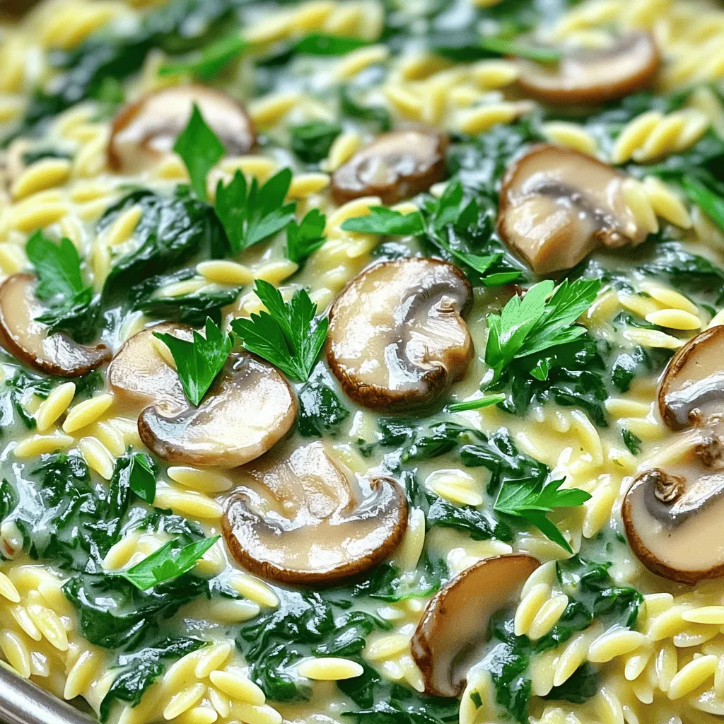 To create this delightful dish, you need fresh and simple ingredients. Here’s what you’ll need: - 1 tablespoon olive oil - 1 medium onion, diced - 3 cloves garlic, minced - 8 oz (225g) mushrooms, sliced (cremini or button) - 1 teaspoon dried thyme - 1 cup orzo pasta - 4 cups vegetable broth - 2 cups fresh spinach, packed - 1/2 cup cream cheese (or vegan cream cheese) - 1/2 cup grated Parmesan cheese (or nutritional yeast for a vegan option) - Salt and pepper to taste - Fresh parsley, chopped, for garnish These ingredients come together to make a creamy and flavorful dish. You can easily tailor this recipe to fit your needs. Here are some substitutions: - Use gluten-free orzo if you need a gluten-free option. - Swap cream cheese with cashew cream for a dairy-free choice. - Nutritional yeast works great instead of Parmesan for a vegan dish. - Add different veggies like zucchini or bell peppers for extra flavor. These swaps allow you to enjoy this dish without compromising your diet. Having the right tools makes cooking easier. Here’s what you’ll need: - Large pot for cooking - Wooden spoon or spatula for stirring - Knife for chopping vegetables - Cutting board for safety - Measuring cups for precise amounts These tools will help you craft your One-Pot Creamy Mushroom and Spinach Orzo with ease. Start by heating one tablespoon of olive oil in a large pot over medium heat. Add one medium diced onion. Sauté for about three to four minutes until the onion turns soft and clear. Next, stir in three minced garlic cloves and eight ounces of sliced mushrooms. I prefer cremini or button mushrooms for their rich taste. Add one teaspoon of dried thyme to the mix. Cook everything for five to seven minutes. Stir often until the mushrooms release their moisture and become tender. Once your vegetables are ready, it's time to add one cup of orzo pasta. Mix it well with the cooked veggies. This helps the orzo absorb all those great flavors. Now pour in four cups of vegetable broth. Season with salt and pepper to taste. Bring the pot to a boil, then lower the heat to a simmer. Cover the pot and let it cook for about ten to twelve minutes. Your goal is tender orzo with most of the liquid absorbed. After the orzo is cooked, add two cups of fresh spinach. Stir it in until it wilts down. Now, for the creamy part! Add half a cup of cream cheese and half a cup of grated Parmesan cheese. You can use vegan cream cheese and nutritional yeast if you want a plant-based option. Mix everything until the cheese melts and becomes creamy. Taste your dish and adjust the salt or pepper if needed. Let it sit for a few minutes before serving. Top with fresh chopped parsley for a bright finish. To make your One-Pot Creamy Mushroom and Spinach Orzo shine, use salt and pepper wisely. Add a pinch of salt at each step. This helps build layers of flavor. Dried thyme adds a warm, earthy note. If you want more depth, try adding a splash of lemon juice. It brightens the dish and balances the creaminess. Cooking orzo can be tricky, but I have tips to help. Always stir the orzo well when you add it. This helps prevent sticking. Keep an eye on the liquid level. If it looks dry, add a bit more broth. Cook the orzo until it's al dente. This gives it a nice bite, making each spoonful satisfying. Meal prep can make cooking easier. Chop the onion and garlic ahead of time. Store them in the fridge for up to three days. You can also slice the mushrooms early. If you want to save even more time, use pre-washed spinach. It cuts down on prep time, letting you enjoy your meal faster. Plus, this dish cooks quickly, so it's perfect for busy days! {{image_2}} You can change the recipe by adding more veggies. Try bell peppers, zucchini, or peas. They bring color and crunch. Using seasonal vegetables makes this dish even better. This is a great way to use up what you have at home. Just chop them small and add them when you sauté the onions. Adding protein can make this meal heartier. You can stir in some canned chickpeas or lentils. They cook fast and add a nice texture. If you prefer tofu, use firm tofu. Just cube it and sauté it with the onions and garlic. This will give you extra protein and keep the dish filling. Herbs and spices can really brighten up the taste. Try adding fresh basil or parsley at the end. A squeeze of lemon juice can also add a zing. For a warm flavor, add a pinch of nutmeg or smoked paprika. These small changes can create a whole new dish each time. Enjoy experimenting! To store your creamy mushroom and spinach orzo, let it cool first. Place it in an airtight container. This prevents moisture loss and keeps it fresh. You can keep it in the fridge for up to three days. If you plan to eat it later, make sure to label the container with the date. When you're ready to enjoy leftovers, reheat it gently. You can use a microwave or a pot on the stove. If using the microwave, place it in a bowl. Add a splash of vegetable broth or water to keep it moist. Heat it in short bursts, stirring in between. If on the stove, warm it over low heat. Stir often until it's heated through. You can freeze this dish, but it may change texture. To freeze, let it cool completely. Transfer the orzo to a freezer-safe container. It can last up to three months. When ready to eat, thaw it overnight in the fridge. Reheat gently, adding a bit of liquid to restore creaminess. Yes, you can easily make this dish vegan. Simply swap cream cheese for vegan cream cheese. Use nutritional yeast instead of Parmesan cheese. These changes keep the rich taste while meeting vegan needs. To serve more people, just double the ingredients. If you want to serve six, use two cups of orzo and eight cups of broth. Adjust the cooking time slightly, but keep an eye on it. Always check if the orzo is tender and the sauce is creamy. You can pair this dish with a simple green salad. A side of garlic bread also works well. For extra protein, serve it with grilled chicken or tofu. These sides add balance and flavor to your meal. This blog covered how to make One-Pot Creamy Mushroom and Spinach Orzo. We discussed the essential ingredients and tools you need. You learned step-by-step instructions and helpful tips for great taste and texture. Variations let you swap ingredients for different flavors and add protein. We also shared the best ways to store leftovers. Try this recipe today. You’ll find it easy, tasty, and fun. Enjoy cooking!