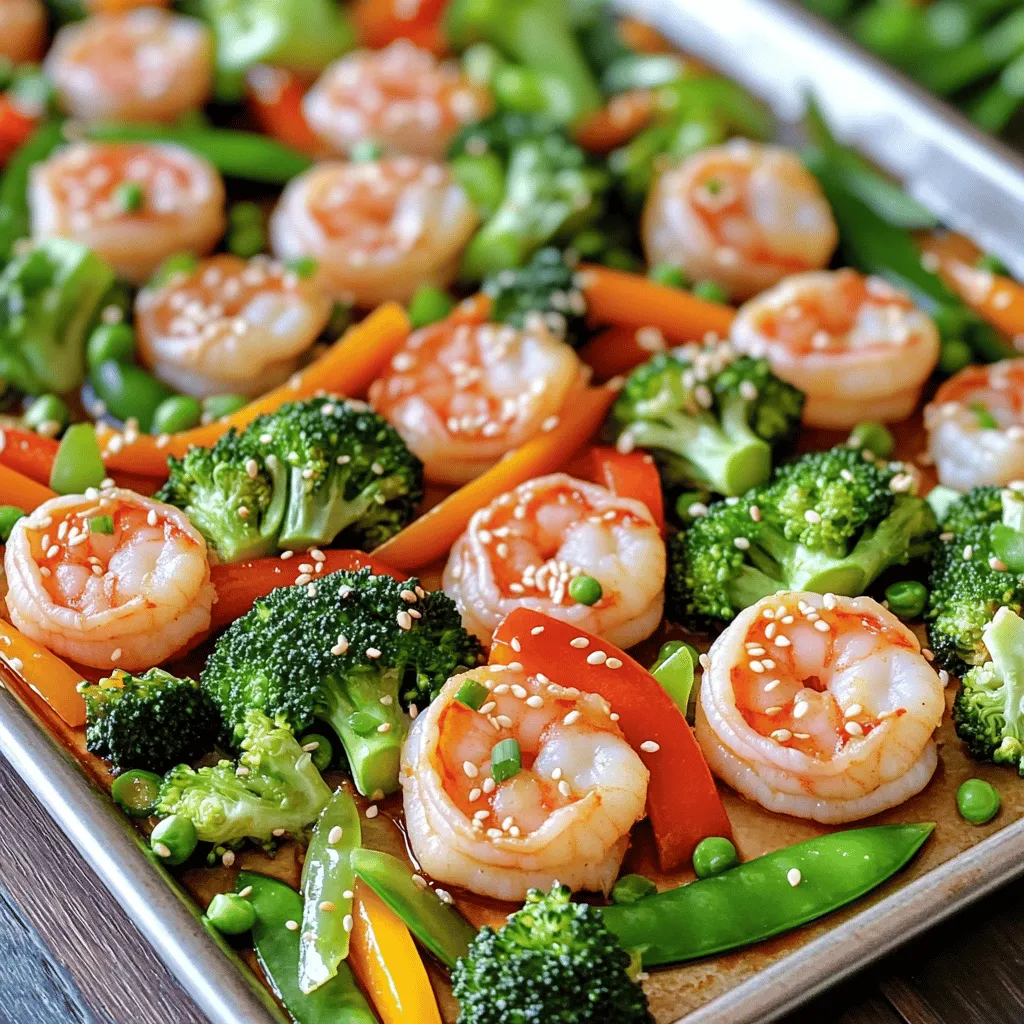 - Large shrimp (1 pound, peeled and deveined) - Broccoli florets (2 cups) - Bell pepper (1, sliced) - Medium carrot (1, sliced thin) - Snap peas (1 cup, trimmed) - Sesame oil (3 tablespoons) - Soy sauce or tamari (3 tablespoons) - Fresh ginger (2 tablespoons, grated) - Garlic (2 cloves, minced) - Honey or maple syrup (1 tablespoon) - Sesame seeds (1 tablespoon) - Salt and pepper to taste - Chopped green onions for garnish I love the vibrant mix of colors and flavors in this dish. The large shrimp give a nice bite, while the veggies add freshness. Broccoli, bell pepper, carrot, and snap peas create a lovely texture. The marinade is key. It combines sesame oil, soy sauce, ginger, garlic, and a touch of honey. This mix brings out the best in the shrimp and veggies. The sesame seeds add a crunchy finish that makes each bite satisfying. Use fresh ingredients for the best taste. Always pick shrimp that are firm and smell clean. The veggies should be crisp and bright. This ensures that your dish looks and tastes amazing. Don't forget to season with salt and pepper. This simple step enhances all the flavors. Garnish with green onions for a fresh touch. They add both color and a mild onion flavor. This dish is not only delicious but also healthy. It’s perfect for a quick weeknight meal or a gathering. Enjoy cooking and savoring every bite! - Set temperature to 425°F (220°C) - Prepare the baking sheet with parchment paper Start by preheating your oven to 425°F (220°C). This high heat helps the shrimp and veggies cook evenly and quickly. While the oven warms up, line a large baking sheet with parchment paper. This makes cleanup easy and prevents sticking. - Whisk together sesame oil, soy sauce, ginger, garlic, and honey/maple Next, make the marinade. In a small bowl, whisk together 3 tablespoons of sesame oil, 3 tablespoons of soy sauce, 2 tablespoons of grated ginger, 2 cloves of minced garlic, and 1 tablespoon of honey or maple syrup. Mix until smooth. This marinade adds great flavor to the shrimp and veggies. - Combine shrimp with half the marinade, toss, and let sit In a large bowl, add 1 pound of peeled and deveined shrimp. Pour half of the marinade over the shrimp. Toss to coat the shrimp well. Let them sit for about 15 minutes. This allows the shrimp to absorb the flavors. - Toss broccoli, bell pepper, carrot, and snap peas with the remaining marinade Now, grab another bowl. Combine 2 cups of broccoli florets, 1 sliced bell pepper, 1 thinly sliced carrot, and 1 cup of trimmed snap peas. Drizzle the remaining marinade over the veggies. Season with salt and pepper to taste. Toss everything well to ensure even coverage. - Spread vegetables on one side, arrange shrimp on the other It’s time to assemble! Spread the marinated vegetables on one half of the prepared sheet pan. On the other half, arrange the marinated shrimp. Make sure not to crowd them; this helps them cook evenly. - Bake for 12-15 minutes, add sesame seeds in the last few minutes Place the sheet pan in the oven and bake for 12-15 minutes. Keep an eye on the shrimp; they should turn pink and opaque. When there are only a few minutes left, sprinkle 1 tablespoon of sesame seeds over both the shrimp and veggies. This adds a nice crunch and extra flavor. To get the best flavor, marinate the shrimp for about 15 minutes. This short time allows the shrimp to soak up the savory marinade. If you have more time, feel free to marinate for up to 30 minutes. Just avoid going too long, or the shrimp may become mushy. For the best texture, cut the vegetables into similar sizes. This helps them cook evenly. Broccoli and snap peas take about 12-15 minutes in the oven. Carrots and bell peppers may need a minute or two more. Keep an eye on them so they stay tender yet crisp. If you like heat, try adding red pepper flakes or sriracha to the marinade. You can also add some fresh chili peppers during cooking. Adjust the spice level according to your taste. Remember, it’s all about making this dish your own! {{image_2}} You can easily swap shrimp for other proteins. Chicken works well when cut into bite-sized pieces. Tofu is a great choice for a plant-based option. Just press the tofu to remove excess water, then cube it. If you want to keep it simple, use canned chickpeas. They add protein and blend nicely with the flavors. Feel free to play with your veggies. Cauliflower, zucchini, and asparagus are all tasty choices. You can also add corn or mushrooms for more texture. Mix and match based on what you like or what you have at home. Just remember to cut them into similar sizes for even cooking. For a gluten-free dish, use tamari instead of soy sauce. Tamari has a similar taste but is made without wheat. You can also look for gluten-free soy sauces in stores. If you want to skip the soy altogether, try coconut aminos. It's a tasty alternative and adds a slight sweetness. To keep your Sesame Ginger Shrimp Veggie Sheet Pan fresh, place leftovers in an airtight container. Store them in the fridge. They will last about three days. If you want to enjoy them later, make sure to cool them down first. Reheating is easy! You can use a microwave or an oven. If using a microwave, heat in short bursts. Stir after each burst to keep the shrimp and veggies from drying out. If you prefer the oven, cover the dish with foil to keep moisture in. Heat at 350°F (175°C) for about 10 minutes. You can freeze leftovers for later. Place them in a freezer-safe container. Make sure to remove as much air as possible. They can last for up to three months in the freezer. When you thaw, the shrimp may lose some texture but will still taste great. Reheat gently to enjoy the flavors again. Yes, you can use frozen shrimp. Just make sure to thaw them first. Place the shrimp in a bowl of cold water for about 15-20 minutes. If using frozen shrimp, add a few extra minutes to the cooking time. Check that the shrimp turn pink and opaque before serving. I suggest serving this dish with a few tasty sides. Here are some great options: - Steamed rice or quinoa - A light salad with a tangy dressing - Crispy wontons or egg rolls - A side of stir-fried vegetables These sides balance the meal and add more flavors. You can prepare this dish in advance. For meal prep, marinate the shrimp and chop the veggies a day before. Store them in the fridge in separate containers. When ready to cook, just toss them together and bake. To reheat, place leftovers in the oven at 350°F (175°C) for about 10 minutes. This keeps the shrimp and veggies tasty and fresh. This blog post detailed a simple recipe for Sesame Ginger Shrimp and veggies. We covered the key ingredients, from shrimp to fresh vegetables, as well as a tasty marinade. I shared step-by-step instructions to help you prepare this delicious dish, along with expert tips for flavor and texture. Remember, you can mix and match proteins and vegetables to suit your taste. Enjoy making this easy, healthy meal!