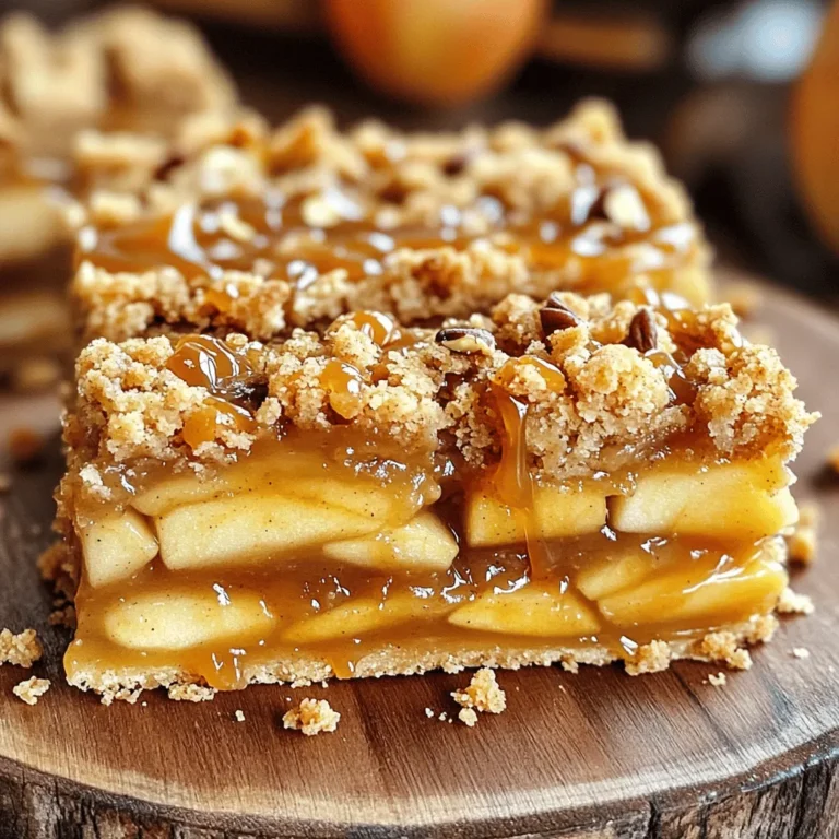 To make Caramel Apple Crumble Bars, you will need the following ingredients: - 2 cups all-purpose flour - 1 cup brown sugar, packed - 1 cup rolled oats - 1/2 teaspoon baking powder - 1/2 teaspoon baking soda - 1/2 teaspoon salt - 1 cup unsalted butter, melted - 4 medium apples, peeled, cored, and diced (about 4 cups) - 1 teaspoon cinnamon - 1/4 teaspoon nutmeg - 1 cup caramel sauce (store-bought or homemade) You can add these ingredients to make your bars even better: - 1/2 cup chopped nuts (walnuts or pecans) - A pinch of sea salt for a sweet-salty taste - A splash of vanilla extract for extra flavor If you need alternatives, consider these swaps: - Use whole wheat flour for a heartier base. - Swap brown sugar with coconut sugar for a different taste. - Replace unsalted butter with coconut oil for a dairy-free option. - Try different apples, like Granny Smith or Honeycrisp, for unique flavors. To start, preheat your oven to 350°F (175°C). Grab a 9x13 inch baking pan and line it with parchment paper. Leave some paper hanging over the edges. This helps with lifting the bars out later. In a large bowl, mix 2 cups of all-purpose flour, 1 cup of brown sugar, and 1 cup of rolled oats. Add 1/2 teaspoon of baking powder, 1/2 teaspoon of baking soda, and 1/2 teaspoon of salt. Stir these dry ingredients well. Now, pour in 1 cup of melted unsalted butter. Mix until the mixture is crumbly. Press about two-thirds of this mixture firmly into the bottom of the pan. This forms your base. For the apple layer, take 4 medium apples. Peel, core, and dice them into small pieces. You need about 4 cups of diced apples. In a separate bowl, toss the apples with 1 teaspoon of cinnamon and 1/4 teaspoon of nutmeg. Next, add half of the caramel sauce, which is 1/2 cup. Stir well so the apples are coated evenly. Spread the cinnamon-apple mixture over the crust you made earlier. Drizzle the remaining caramel sauce over the apples. Take the leftover crumble mixture and sprinkle it evenly over the apples and caramel. If you want some crunch, add 1/2 cup of chopped nuts on top. Put the pan in the oven and bake for 30-35 minutes. Look for a golden brown color on top. After baking, let the bars cool in the pan for 15 minutes. Use the parchment paper to lift them out. Cool completely on a wire rack before cutting into squares. Enjoy your tasty treat! To get the best crumble texture, keep a few tips in mind. First, use cold butter. Cold butter helps form small clumps. This gives the crumble a nice, crunchy feel. Mix the dry ingredients well before adding the butter. This ensures an even distribution of flavors. When you press the mixture into the pan, don’t pack it too tightly. A loose packing allows air to create a light, crumbly base. For even baking, preheat your oven properly to 350°F (175°C). Use a light-colored baking pan. Dark pans can cause the edges to brown too quickly. During baking, rotate the pan halfway through. This helps ensure all sides get equal heat. Keep an eye on the bars as they bake. Look for a golden brown top, which means they’re ready. When serving, cut the bars into neat squares. Place them on a nice platter for a clean look. Drizzle extra caramel sauce on top for added sweetness. A scoop of vanilla ice cream beside the bars makes them more special. For a festive touch, sprinkle some chopped nuts on top. This adds crunch and looks great. Enjoy these treats warm or at room temperature! {{image_2}} You can change the fruit to add new flavors. Try pears for a sweet twist. Peaches bring a juicy touch that pairs well with caramel. For a tart punch, use cranberries. Just remember to adjust the spices based on the fruit you choose. Each fruit will change the taste and texture, making each batch unique. If you want a healthier treat, consider using honey or maple syrup. These sweeteners add flavor and can reduce refined sugar. You can use about three-quarters of a cup for every cup of brown sugar. Adjust the liquid in the recipe to keep the bars from getting too wet. Another choice is coconut sugar; it has a lower glycemic index. This swap keeps your bars sweet but healthier. For a nut-free option, simply leave out the chopped nuts. You can replace the crunch by adding seeds like pumpkin or sunflower seeds. They provide texture without the nuts. If you have allergies, always check labels for cross-contamination. This way, everyone can enjoy these delicious bars! To keep your caramel apple crumble bars fresh, store them in an airtight container. You can layer parchment paper between the bars to prevent sticking. This helps keep them safe and tasty. Place the container in a cool, dry spot away from sunlight. When stored correctly, these bars will stay fresh for about five days. If you notice any changes in texture or smell, it’s best to discard them. For the best taste, eat them within the first few days after baking. Freezing caramel apple crumble bars is easy and great for later. First, let the bars cool completely. Then, cut them into squares. Wrap each square in plastic wrap. After that, place the wrapped bars in a freezer-safe bag or container. They can last up to three months in the freezer. To enjoy, just thaw them at room temperature or heat them briefly in the oven. Yes, you can make these bars ahead of time. Prepare them and bake as usual. Let them cool. Once cooled, store them in an airtight container. They will stay fresh for about three days at room temperature. If you want to keep them longer, freeze them. Wrap each bar well and place them in a freezer bag. They can last for two months in the freezer. I suggest using a thick, rich caramel sauce. You can choose between homemade or store-bought. If you make your own, it adds a personal touch. For store-bought, look for brands that use natural ingredients. Avoid sauces with too many additives. The caramel should be smooth and pourable for the best flavor. You can tell the bars are done when the top is golden brown. Bake them for 30-35 minutes. Check for a firm texture at the edges. Use a toothpick to test the center. If it comes out clean or with a few crumbs, they are ready. Let them cool before cutting for the best results. In this post, we covered everything you need for Caramel Apple Crumble Bars. We talked about the key ingredients, step-by-step instructions, and helpful tips for a perfect bake. I also shared fun ways to customize your bars and how to store leftovers. These bars are delicious and easy to make. Now, with all this info, you can impress friends and family. Enjoy your baking adventure and savor each bite!