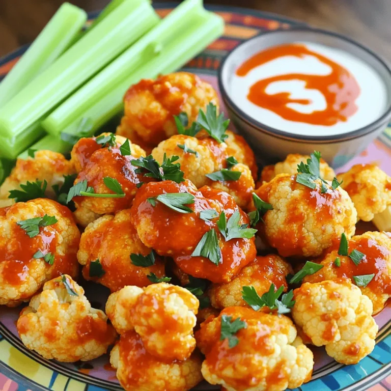 To make Air Fryer Buffalo Cauliflower Wings, you need: - 1 medium head of cauliflower, cut into bite-sized florets - 1 cup all-purpose flour (or gluten-free flour) - 1 cup plant-based milk (unsweetened) - 1 teaspoon garlic powder - 1 teaspoon onion powder - 1 teaspoon smoked paprika - 1/2 teaspoon salt - 1/2 teaspoon black pepper - 1 cup buffalo sauce (store-bought or homemade) - 1 tablespoon olive oil - Fresh parsley, chopped (for garnish) You can change some of these ingredients if needed. Use gluten-free flour if you want a gluten-free version. You can also swap plant-based milk for any milk you like. If you do not have garlic or onion powder, fresh garlic and onion work too. Just use them in smaller amounts. Want to spice it up? Add cayenne pepper or chili powder to the batter. You can also mix in some nutritional yeast for a cheesy flavor. For a twist, toss in some chopped green onions with the parsley when serving. These add-ins make the dish even more fun and tasty! First, grab one medium head of cauliflower. Cut it into bite-sized florets. Make sure the pieces are not too big or too small. This helps them cook evenly. Rinse the florets under cold water and pat them dry with a towel. Drying them helps the batter stick better. In a large bowl, add one cup of all-purpose flour. You can use gluten-free flour if you prefer. Next, pour in one cup of unsweetened plant-based milk. This will give your batter a nice texture. Then, add one teaspoon of garlic powder, one teaspoon of onion powder, one teaspoon of smoked paprika, half a teaspoon of salt, and half a teaspoon of black pepper. Whisk everything together until it’s smooth and creamy. The batter should not be too thick or too runny. Preheat your air fryer to 400°F (200°C). Once it’s ready, dip each cauliflower floret into the batter. Make sure each piece is well-coated, but let the extra batter drip off. Place the coated florets in a single layer in the air fryer basket. Don’t overcrowd them; this ensures they cook evenly. You might need to cook in batches. Air fry the cauliflower wings for 10-12 minutes. Shake the basket halfway through for even cooking. They should turn golden and crispy. After they are done, transfer the cooked wings to a bowl. Pour in one cup of buffalo sauce and one tablespoon of olive oil. Toss gently to coat each wing. Return them to the air fryer for an extra 2-3 minutes. This step makes them even crispier. When you’re done, carefully take them out and garnish with chopped parsley. Enjoy your delicious buffalo cauliflower wings! To make your buffalo cauliflower wings crispy, follow these tips. First, cut the cauliflower into small, even florets. This helps them cook evenly. Next, make sure your batter is thick enough to coat each piece. A good batter sticks well. When air frying, avoid overcrowding the basket. This allows hot air to circulate and crisp all sides. Shake the basket halfway through cooking to move them around. Finally, give them a quick second fry in buffalo sauce to add extra crunch. You can easily change the spice level of your wings. If you want them milder, use less buffalo sauce. You can also mix in some honey or maple syrup to soften the heat. For extra spice, add cayenne pepper or hot sauce to your batter. Always taste the sauce before tossing the wings. You can adjust it based on your heat preference. Serve your buffalo cauliflower wings hot and fresh for the best taste. Place them on a colorful platter for a fun presentation. Pair them with crunchy celery sticks, carrots, or cucumber slices. This adds a nice crunch and cools down the heat. Don’t forget a side of ranch or blue cheese dressing for dipping. This makes each bite even more delicious. Enjoy your tasty meal with family or friends! {{image_2}} You can change the sauce on your cauliflower wings. Try BBQ sauce for a sweet twist. You can also use teriyaki sauce to add an Asian flair. If you love garlic, mix in some garlic sauce. Each sauce gives a unique taste. Experimenting keeps things fun and fresh! You can adjust the spice level based on your taste. For a milder flavor, use less buffalo sauce. Add a little honey to balance the heat. If you want more spice, try adding cayenne pepper to the batter. You could also use a hot sauce with extra heat. Tailor the dish to suit your friends and family. Not everyone has an air fryer. You can bake these wings in the oven. Preheat the oven to 450°F (230°C). Place the coated cauliflower on a baking sheet. Bake for 20-25 minutes, flipping them halfway. You can also try frying them if you want a crispy texture. Just heat oil in a pot and fry until golden. Each method brings out different flavors and textures. To store your leftover buffalo cauliflower wings, let them cool first. Place them in an airtight container. Make sure to store them in the fridge. They will stay fresh for about 3 to 4 days. I recommend using parchment paper between layers to keep them crisp. When you're ready to enjoy your leftovers, preheat the air fryer to 375°F (190°C). Place the cauliflower wings in the basket, making sure they are in a single layer. Heat for about 5 to 7 minutes. This will help them regain their crunch. You can also use an oven; just bake at 350°F (175°C) for about 10 minutes. If you want to store the wings for a longer time, you can freeze them. First, let them cool completely. Then, arrange them in a single layer on a baking sheet and freeze for 1 to 2 hours. After that, transfer them to a freezer-safe bag or container. They can last up to 2 months in the freezer. When ready to eat, cook them straight from frozen. Adjust the air frying time to about 12 to 15 minutes. Yes, you can use frozen cauliflower. Just thaw it first. Drain any excess water. This helps keep your wings crispy. Coat the thawed florets in the batter as you would with fresh cauliflower. The cooking time may be slightly longer, so check for doneness. Making homemade buffalo sauce is easy. Mix 1/2 cup of hot sauce with 1/4 cup of melted butter or a vegan substitute. Add a splash of vinegar for tang. You can also add garlic powder or cayenne pepper for extra flavor. Adjust the heat to your taste. Buffalo cauliflower wings shine with cool, creamy dips. Ranch dressing is a classic choice. Blue cheese dressing works well too. You can also try a yogurt-based dip or a spicy aioli. Serve with celery sticks for a nice crunch. This blog post covered how to make delicious buffalo cauliflower. We explored the ingredients, substitution ideas, and optional add-ins to suit your taste. I shared step-by-step instructions for preparation, batter-making, and air frying. You also learned tips for crispiness, spice adjustments, and serving ideas. I added variations for different flavors and cooking methods. Finally, I discussed storing leftovers and reheating them perfectly. Now you can enjoy a tasty dish that fits your style!