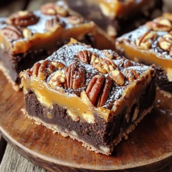 - 1 cup unsalted butter, melted - 1 ½ cups granulated sugar - 4 large eggs - 1 teaspoon vanilla extract - 1 cup all-purpose flour - ¾ cup unsweetened cocoa powder - ½ teaspoon baking powder - ½ teaspoon salt - 1 cup pecans, roughly chopped - 1 cup caramel sauce (store-bought or homemade) Butter brings richness to the bars. I use unsalted butter to control salt taste. The eggs add moisture and help bind the bars. Granulated sugar sweetens and gives a lovely texture. Flour and cocoa powder form the base. Baking powder helps them rise. Pecans add crunch and flavor. Caramel sauce gives that sweet, gooey finish. You can use store-bought or make your own. You can swap unsalted butter for coconut oil if you want a dairy-free option. For the sugar, brown sugar works well for a deeper flavor. If you need an egg substitute, try using flaxseed meal mixed with water. Whole wheat flour can replace all-purpose flour for more fiber. Use almond flour for a gluten-free version. If you dislike pecans, walnuts or almonds can be used instead. Start by preheating your oven to 350°F (175°C). Grease a 9x13-inch baking pan. Line it with parchment paper, leaving some extra paper on the sides. This step helps when you take the brownies out later. In a large bowl, mix the melted butter and granulated sugar. Whisk until both are smooth. Next, add the eggs one at a time. Mix well after each egg. Then, stir in the vanilla extract. In another bowl, sift together the flour, cocoa powder, baking powder, and salt. Slowly mix this dry mix into the wet mix. Don’t overwork it; just combine until smooth. Now, fold in the chopped pecans. Make sure they spread evenly in the batter. Pour half of your brownie batter into the pan. Spread it out evenly. Drizzle half of the caramel sauce over this layer. Then, carefully spread the rest of the brownie batter on top. Finally, drizzle the rest of the caramel sauce on the top layer. Use a knife to swirl the caramel for a marbled look. Bake in your preheated oven for about 25-30 minutes. Check with a toothpick. It should come out with a few moist crumbs, but not wet batter. Once baked, let them cool completely in the pan. Use a wire rack for better airflow. After cooling, lift the brownies out using the parchment overhang. Cut them into bars. For a special touch, dust with powdered sugar before serving. You can also drizzle extra caramel sauce on top. This makes them even more tempting! To get the best brownie texture, focus on mixing. Mix the butter and sugar well until smooth. Add the eggs one at a time. This helps create air bubbles, making your brownies rise. Use a gentle hand when mixing in the flour and cocoa. Over-mixing can lead to dense brownies. You want them to be rich and fudgy. Bake until a toothpick shows a few moist crumbs. This means they are done but still soft. Swirling caramel adds a fun touch. Pour half of your brownie batter into the pan first. Then drizzle half of the caramel sauce on top. Use a knife or toothpick to swirl it gently. Don’t over-swirl; you want to see both brownie and caramel. After adding the second layer of brownie batter, repeat with the rest of the caramel. This creates a beautiful marbled effect that looks great. Avoiding mistakes makes your brownies perfect. Here are some tips: - Overbaking: Watch your brownies closely. Check them at 25 minutes. - Not cooling: Let them cool completely in the pan. This helps with cutting. - Skipping the parchment paper: Always use parchment for easy removal. It saves time and reduces mess. - Not measuring: Accurate measurements are key. Use dry measuring cups for flour and cocoa. By following these tips, you’ll create a delicious treat that everyone will love! {{image_2}} You can make these bars even better! Try adding chocolate chips for an extra rich taste. White chocolate chips give a nice contrast with the dark cocoa. For a hint of spice, add a dash of cinnamon. You can also mix in some coffee granules to boost the chocolate flavor. Each of these additions brings a new twist to your Caramel Pecan Pie Brownie Bars. If you want a change from pecans, try walnuts or almonds. Walnuts add a strong flavor and nice crunch. Almonds give a sweet touch that pairs well with chocolate. You can even skip the nuts if you prefer a nut-free treat. Just adjust the baking time slightly for a softer texture. To make these brownie bars gluten-free, swap the all-purpose flour for a gluten-free blend. Many brands work well in baking. Check that your caramel sauce is also gluten-free. Follow the rest of the recipe as usual for delicious results. You will still enjoy the rich flavors and chewy texture. To keep your Caramel Pecan Pie Brownie Bars fresh, store them in an airtight container. This helps to lock in moisture and flavor. Place a layer of parchment paper between the bars to prevent sticking. Keep them at room temperature for up to three days. If you want to keep them longer, refrigeration works too. You can freeze these brownie bars for up to three months. First, allow them to cool completely. Then, cut them into individual bars. Wrap each bar in plastic wrap and place them in a freezer-safe bag or container. Label the bag with the date. When you're ready to enjoy, just thaw them in the fridge overnight. If you prefer warm bars, reheating is easy. Place a bar in the microwave for 10 to 15 seconds. This will warm it up without drying it out. You can also reheat them in an oven. Preheat the oven to 350°F (175°C), and bake for about five minutes. This keeps the brownie soft and the caramel gooey. Caramel Pecan Pie Brownie Bars last about one week when stored properly. Keep them in an airtight container. This helps keep them fresh and tasty. If you want to enjoy them longer, you can freeze them. They can stay in the freezer for up to three months. Just remember to wrap them well to avoid freezer burn. Yes, you can use homemade caramel sauce! Making your own adds a special touch to these bars. It lets you control the flavor and sweetness. If you prefer a richer taste, homemade caramel is great. Just make sure it cools before you use it. This way, it won’t melt the brownie layers. To cut brownie bars well, wait until they cool completely. Use a sharp knife for clean cuts. Wipe the knife with a damp cloth after each cut. This keeps the edges neat. If you want perfect squares, score the bars lightly with a knife first. This helps you cut straight lines. You can also use a ruler to measure even pieces. In this blog post, we explored the key ingredients needed for delicious Caramel Pecan Pie Brownie Bars. We discussed preparation steps, baking, cooling, and serving them perfectly. You learned tips for texture and how to avoid common mistakes. We also covered variations, storage, and frequently asked questions. Now, you have all the tools to make these brownies right. Dive in and enjoy the sweet rewards of your baking!