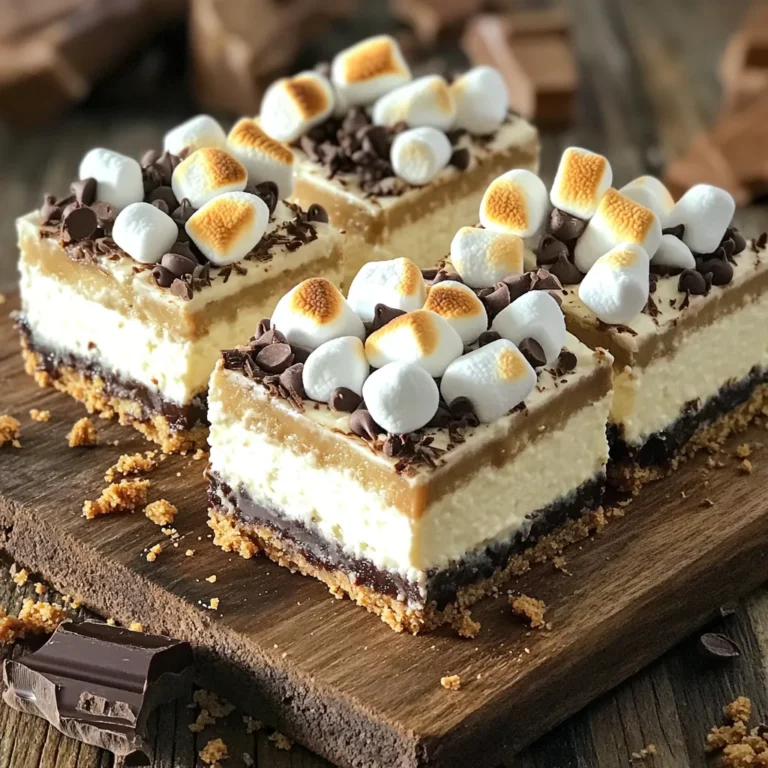 To make No-Bake S’mores Cheesecake Bars, gather these ingredients: - 1 1/2 cups graham cracker crumbs - 1/4 cup granulated sugar - 1/2 cup unsalted butter, melted - 2 cups cream cheese, softened - 3/4 cup powdered sugar - 1 teaspoon vanilla extract - 1 cup heavy whipping cream - 1 cup mini marshmallows - 1/2 cup milk chocolate chips - 1/2 cup dark chocolate chips - Extra mini marshmallows and chocolate shavings for topping These ingredients create a rich, creamy, and sweet treat. The graham cracker crumbs form a crunchy base. The cream cheese and whipped cream give the bars a smooth texture. Adding mini marshmallows and chocolate chips brings the classic s'mores flavor to life. With this list of ingredients, you can easily make this fun dessert. You can also personalize it by adding your favorite toppings or flavors. For example, consider using different types of chocolate or adding a sprinkle of sea salt. Each ingredient plays a key role in making the bars delicious and satisfying. To start, gather your ingredients. In a medium bowl, combine: - 1 1/2 cups graham cracker crumbs - 1/4 cup granulated sugar - 1/2 cup unsalted butter, melted Mix these together until all crumbs are coated. Then, press the mixture firmly into a lined 9x9 inch baking pan. This forms the crust. Place the pan in the fridge to set while you prepare the filling. Next, let's make the cheesecake filling. In a large mixing bowl, beat: - 2 cups cream cheese, softened - 3/4 cup powdered sugar - 1 teaspoon vanilla extract Mix until it is smooth and creamy. In another bowl, whip 1 cup of heavy cream until stiff peaks form. This adds air and makes the cheesecake light. Now, gently fold the whipped cream into the cream cheese mixture. Be careful not to deflate the whipped cream. Once combined, fold in: - 1 cup mini marshmallows - 1/2 cup milk chocolate chips - 1/2 cup dark chocolate chips Spread the cheesecake mixture over the chilled crust. Use a spatula to smooth the top. For fun, press in extra mini marshmallows and chocolate chips for decoration. Cover the pan with plastic wrap and chill for at least 4 hours. This helps the cheesecake set well. To make the best no-bake s'mores cheesecake bars, mix your cream cheese well. Start with softened cream cheese. This ensures a smooth filling. If you rush this step, lumps might form. Use an electric mixer for even better results. When you whip the heavy cream, watch for stiff peaks. This gives your cheesecake a light, fluffy texture. After whipping, fold it gently into the cream cheese mixture. Be careful not to deflate the whipped cream. If you mix too hard, the air will escape. This can make your cheesecake dense instead of airy. How you serve these bars can make a big impact. Use a wooden platter or a fancy dessert dish. This can add a touch of class. You can even toast mini marshmallows with a kitchen torch. This adds a nice look and flavor. Placing toasted marshmallows on top makes the bars more appealing. For extra flair, sprinkle some chocolate shavings on top. This enhances the visual appeal. It also hints at the rich chocolate flavor inside. With these tips, your s'mores cheesecake bars will not only taste great but look amazing too! {{image_2}} You can get creative with your no-bake s'mores cheesecake bars. One fun option is to add peanut butter. Just mix in half a cup of creamy peanut butter to the cheesecake filling. This will give your bars a nutty twist that is hard to resist. You can also add fruit or nuts for extra flavor. Try folding in some chopped strawberries or bananas. This adds freshness and sweetness. You can also use crushed nuts, like pecans or walnuts, for a crunchy bite. If you need a gluten-free option, swap regular graham crackers for gluten-free ones. This simple change keeps the crust tasty and safe for those with gluten issues. For a dairy-free version, use cream cheese made from nuts or tofu. You can find many dairy-free cream cheese brands at stores. This way, everyone can enjoy these delicious bars! To keep your no-bake s'mores cheesecake bars fresh, cover them well. Use plastic wrap or foil to seal the dish. This keeps out air and moisture. Store the bars in the fridge. They will stay tasty and cool. If you want to keep them longer, freezing is a great option. Cut the bars into pieces first. Wrap each piece in plastic wrap. Then place them in a freezer-safe bag. This way, they are easy to grab later. These cheesecake bars last about a week in the fridge. Check the bars after a few days. They might start to lose their creamy texture. Trust your taste buds! If they taste off or look strange, it’s best to toss them. Signs of spoilage include: - An odd smell - A change in color - A slimy texture Storing them correctly will help you enjoy these tasty treats for days! Yes, you can use different types of chocolate. Semi-sweet chocolate chips work great. You can also try extra dark chocolate for a richer taste. Both options give a nice twist to the bars. Mix and match to find your favorite flavor! These bars need to chill for at least four hours. This time helps the cheesecake set properly. For the best results, I recommend chilling them overnight. This way, they become firm and easier to cut. Plus, the flavors meld together nicely! Yes, you can make these bars ahead of time. Prepare them a day or two before serving. Just cover them well and keep them in the fridge. This makes them a perfect treat for parties or family gatherings. You will save time and impress your guests! You’ve learned how to make delicious cheesecake bars with simple steps. We covered every ingredient, from the graham cracker crust to the creamy filling. I shared tips for a perfect texture and fun variations you can try. Don’t forget the storage tips to keep your treats fresh. These bars are perfect for any occasion and easy to enjoy. Get creative, have fun, and savor every bite!