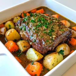 - 3 to 4 pounds of beef chuck roast - 4 cloves garlic, minced - 2 tablespoons fresh rosemary, chopped - 2 tablespoons fresh thyme, chopped - 1 tablespoon olive oil - 4 large carrots, chopped into chunks - 3 large potatoes, diced - 1 large onion, quartered - 4 cups beef broth - 1 tablespoon Worcestershire sauce - Salt and pepper to taste - Fresh parsley for serving - Crusty bread pairing When I make garlic herb pot roast, I focus on fresh ingredients. The beef chuck roast is my star. It has the right fat to keep the meat juicy. I choose fresh garlic and herbs for a bold taste. Rosemary and thyme add depth to the dish. For the veggies, I like carrots, potatoes, and onions. They soak up the broth and flavors. The beef broth gives richness, while Worcestershire sauce adds a kick. I always season with salt and pepper to enhance the taste. To finish, I often add fresh parsley. It brightens the dish. Crusty bread pairs well for dipping in the savory broth. Each bite is pure comfort. Start by searing the beef chuck roast. Heat olive oil over medium-high heat in a large skillet. Season the roast with salt and pepper. Once the oil is hot, add the roast to the pan. Sear each side for about 4-5 minutes or until it gets a nice brown color. This step helps lock in flavor. After browning, take the roast out and set it aside. Now, it's time to set up the slow cooker. Begin by layering chopped carrots, diced potatoes, and quartered onions at the bottom. Make sure to spread them evenly. Next, mix the minced garlic, chopped rosemary, chopped thyme, Worcestershire sauce, and a pinch of salt and pepper in a small bowl. This mixture will create a flavorful garlic herb paste. Rub the garlic herb paste all over the seared roast. Place the roast on top of the veggies in the slow cooker. Pour in the beef broth around the roast. Ensure the vegetables are submerged but the top of the roast stays above the liquid. Cover the slow cooker and set it to cook. For a tender roast, cook on low for 8-10 hours or on high for 4-6 hours. Check for tenderness; the meat should be easy to pull apart with a fork. To boost flavor, add more herbs or spices. Consider using oregano or bay leaves. You can also try marinating the roast. A simple mix of olive oil, garlic, and herbs works wonders. Let the roast sit in the marinade for at least an hour. This extra step makes a big difference. Low and slow cooking is key for tender meat. Set your slow cooker to low for 8-10 hours. This time allows the meat to break down and become soft. Check doneness by inserting a fork. If it easily pulls apart, it’s ready. Let the roast rest for 10-15 minutes after cooking. This step keeps the juices inside. For a beautiful display, serve the pot roast in a large bowl. Slice the meat and arrange it over the veggies. Drizzle some cooking broth on top for added flavor. You can garnish with fresh parsley for color. Pair with crusty bread for a complete meal. This adds texture and makes the dish even more inviting. {{image_2}} You can switch the beef chuck roast for other cuts. A brisket works well too. If you want leaner meat, try a bottom round roast. Each cut gives a unique taste. You can also mix up the veggies. Use seasonal vegetables like turnips or parsnips. They add great flavor and nutrition. Want a quicker meal? Try an Instant Pot. Sear the meat first, then cook it for about 60 minutes. This gives you tender meat fast. You can also braise in the oven. Set your oven to 300°F. Cook the pot roast in a covered dish for about 3 hours. This method keeps everything moist and tasty. To deepen the flavor, add a splash of wine or beer. Both add richness to the broth. If you want a hint of sweetness, use balsamic vinegar. It balances the savory notes. Just a tablespoon will do. Each of these changes makes the dish even more special. To keep your garlic herb pot roast fresh, store leftovers in the refrigerator. Place the roast and vegetables in an airtight container. This method keeps the flavors intact for up to four days. If you want to save it for longer, freeze the leftovers. Cut the roast into slices before placing it in a freezer-safe bag. Remove as much air as you can. This way, it can last for up to three months. When reheating, keep the roast tender. Use the oven set to 300°F (150°C). Place the roast in a baking dish with some broth. Cover it with foil to keep the moisture in. For sides, use the microwave. Heat them in short bursts. This helps prevent them from drying out. Stir them between intervals for even warming. Leftovers are great for meal prep. You can turn pot roast into tasty sandwiches or wraps. Just shred the meat and add your favorite toppings. Another idea is to make a pot roast stew. Mix in some extra vegetables and broth. You can also create a savory hash with diced roast, potatoes, and eggs. These options make your meals fun and varied! You should cook your pot roast for 8-10 hours on low. If you use high, aim for 4-6 hours. The longer cooking time makes the meat tender. Yes, you can use frozen beef! However, make sure to defrost it safely. The best way is to put it in the fridge overnight. If you cook it from frozen, add extra cooking time. Always check that the meat reaches a safe temperature of 145°F. Try these side dishes with your pot roast: - Mashed potatoes - Roasted Brussels sprouts - Green beans - A fresh garden salad - Crusty bread for dipping These sides will balance the rich flavors of the pot roast. Enjoy! This blog post shared how to make a delicious garlic herb pot roast. We explored key ingredients like beef chuck, fresh herbs, and hearty veggies. I provided step-by-step instructions for preparing, cooking, and serving. We also discussed tips to enhance flavor and achieve tenderness while offering ideas for variations and storage. In conclusion, with these methods, you can enjoy a comforting meal tailored to your tastes. Dive into the joy of cooking and share this savory dish with loved ones.