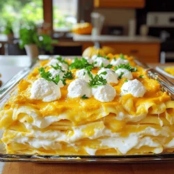 To create your creamy pumpkin Alfredo bake, gather these ingredients: - 12 oz fettuccine pasta - 2 tablespoons olive oil - 2 cloves garlic, minced - 1 cup canned pumpkin puree - 1 cup heavy cream - 1 cup grated Parmesan cheese - 1 teaspoon nutmeg - 1 teaspoon salt - ½ teaspoon black pepper - 1 cup ricotta cheese - 1 cup shredded mozzarella cheese - Fresh parsley for garnish If you need to change some ingredients, here are some options: - Pasta: Use gluten-free pasta if needed. - Cream: Swap heavy cream for coconut cream for a lighter option. - Cheese: Use vegan cheese for a dairy-free dish. - Pumpkin: Substitute with butternut squash puree for a different flavor. Choosing fresh ingredients makes a big difference in taste. Here’s how to pick the best: - Pasta: Look for pasta with a firm texture, and check the expiration date. - Pumpkin: Choose pure canned pumpkin, not pumpkin pie filling for the best flavor. - Cheese: Buy cheese from a reputable brand, and choose blocks over pre-grated for freshness. - Parsley: Look for vibrant green leaves without any yellow or brown spots. Start by boiling water in a large pot. Add salt to the water for flavor. Once it boils, add 12 oz of fettuccine pasta. Cook it according to the package until it is al dente. This means it should still have a slight bite. After cooking, drain the pasta and set it aside. In a large skillet, heat 2 tablespoons of olive oil over medium heat. Add 2 cloves of minced garlic. Sauté it for about 1 minute until it smells great. Next, stir in 1 cup of canned pumpkin puree. Add 1 cup of heavy cream and 1 cup of grated Parmesan cheese. Sprinkle in 1 teaspoon of nutmeg, 1 teaspoon of salt, and ½ teaspoon of black pepper. Cook this mixture for 3-5 minutes, stirring often. The sauce should be warm and well mixed. In a large bowl, mix the cooked fettuccine with the creamy pumpkin sauce. Make sure every piece of pasta gets coated. Next, take a 9x13 inch baking dish. Layer half of the pasta mixture on the bottom. Spoon half of 1 cup of ricotta cheese in small dollops on top. Pour the rest of the pasta mixture over the ricotta layer. Then add the remaining ricotta and 1 cup of shredded mozzarella cheese on top. Cover the dish with aluminum foil. Bake it in the oven at 375°F (190°C) for 20 minutes. After that, remove the foil and bake for another 10-15 minutes. The cheese should be bubbly and golden when it is done. Let it cool for 5 minutes before serving. Sprinkle fresh parsley on top for a nice touch. To get the sauce just right, start with the right cream. Heavy cream makes it rich and smooth. As you cook, stir often. This keeps the sauce from sticking. If it gets too thick, add a splash of pasta water. This helps loosen it up. You want a creamy texture that clings to the pasta. For a flavor boost, mix cheeses. Parmesan gives a nutty taste. Ricotta adds creaminess. Mozzarella melts beautifully on top. Try adding a bit of goat cheese for a tangy touch. Mixing these cheeses creates a balanced flavor. Each bite becomes a tasty surprise. Timing is key for serving. Bake until the cheese is bubbly and golden. Let it sit for five minutes after baking. This helps the sauce set and cool slightly. It makes serving easier and safer. Keep an eye on the clock. Serve it warm for the best flavor. {{image_2}} You can make Creamy Pumpkin Alfredo Bake even better by adding protein. Chicken or sausage works great. For chicken, use cooked, shredded pieces. Add it to the pasta and sauce mix before baking. If you use sausage, cook it first and crumble it into the dish. This adds a hearty flavor and makes it a full meal. For a vegetarian twist, skip the meat and add seasonal veggies. Spinach, kale, or roasted bell peppers blend well with the creamy sauce. You can also toss in some sautéed mushrooms for extra taste. These veggies add color and nutrition, making your dish vibrant and healthy. If you want a lighter version, switch the heavy cream for low-fat milk or a non-dairy option. You can also use half the amount of cheese or replace it with a lighter cheese. Greek yogurt is a great swap for ricotta, giving a creamy texture without extra fat. This way, you enjoy the flavor without feeling too heavy. To keep your Creamy Pumpkin Alfredo Bake fresh, let it cool first. Once cooled, cover the dish with plastic wrap or aluminum foil. If you have extra, transfer it to an airtight container. Store it in the fridge for up to three days. This keeps the flavors intact and prevents drying out. When you're ready to enjoy the leftovers, preheat your oven to 350°F (175°C). Place the bake in an oven-safe dish and cover it with foil. Bake for about 15-20 minutes, or until it's warmed through. This method helps keep the cheese melty and the pasta creamy. You can also reheat it in the microwave. Use a microwave-safe dish and heat in 30-second intervals, stirring in between. If you want to save some for later, freezing is a great option. First, let the bake cool completely. Then, cut it into portions and place them in freezer-safe containers. Label each container with the date. The bake will last for about three months in the freezer. To reheat, let it thaw overnight in the fridge, then follow the reheating instructions above. This way, you’ll have a cozy meal ready whenever you need it! Yes, you can! While I love fettuccine for its wide shape, you can use any pasta. Penne, rigatoni, or even gluten-free pasta works well. Just make sure to cook it al dente, so it holds up in the bake. Using different pasta shapes can change the dish's look and feel, too. Absolutely! To make a vegan version, swap the heavy cream with coconut cream or a plant-based cream. Use nutritional yeast instead of Parmesan for a cheesy taste. For ricotta, try a store-bought vegan option or make your own using blended tofu with lemon juice. These swaps keep the dish creamy and delicious without dairy. You can prepare this dish ahead in several ways. First, cook the pasta and make the sauce. Then, mix them together and layer them in your baking dish. Cover it tightly and store it in the fridge for up to 24 hours. When ready to eat, just bake it straight from the fridge, adding a few extra minutes to the bake time. This makes it easy to enjoy a cozy meal without much fuss! This blog post covered all you need for a Creamy Pumpkin Alfredo Bake. You learned about ingredients, easy steps, and helpful tips to get it just right. Remember to choose fresh ingredients and play with flavors to suit your taste. Don't forget about storing leftovers and making this dish ahead of time. Enjoy your baking journey and make it your own!