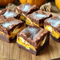 - 1 cup all-purpose flour - 1 teaspoon baking powder - 1/2 teaspoon baking soda - 1/4 teaspoon salt - 1 teaspoon ground cinnamon - 1/2 teaspoon ground nutmeg - 1/2 cup unsalted butter, melted - 1 cup granulated sugar - 2 large eggs - 1 teaspoon vanilla extract - 1/2 cup pumpkin puree - 8 oz cream cheese, softened - 1/4 cup powdered sugar - 1 egg yolk The key ingredients in these brownies create a rich and cozy flavor. The pumpkin puree gives moisture and a warm taste. The cream cheese adds a creamy layer that contrasts perfectly with the rich brownie. The spices, like cinnamon and nutmeg, bring out the fall flavors. Using these ingredients will ensure a delicious treat. - Gluten-free flour substitutions - Vegan alternatives If you want to make these brownies gluten-free, use a gluten-free flour mix. This will keep the texture nice and fluffy. For a vegan version, you can swap the eggs for flaxseed meal or unsweetened applesauce. You can also use vegan butter and cream cheese. These options let everyone enjoy them. - Using fresh pumpkin vs. canned - Selecting the right cream cheese Fresh pumpkin can enhance the flavor of your brownies. It has a vibrant taste that canned pumpkin may lack. If using canned, choose a good quality brand. When it comes to cream cheese, make sure it's full-fat and soft. This helps create a smooth, rich filling. The quality of your ingredients truly makes a difference in taste and texture. - Preheat the oven to 350°F (175°C). This helps the brownies bake evenly. - Grease a 9x9 inch baking pan with butter or use parchment paper. This prevents sticking. - In a medium bowl, whisk together the flour, baking powder, baking soda, salt, cinnamon, and nutmeg. Set it aside. - In a large bowl, mix the melted butter and sugar. Stir until it's smooth. - Add the eggs one at a time, mixing well after each. Then, add the vanilla extract and pumpkin puree. Mix until smooth. - Gradually fold the dry ingredients into the wet mix. Be careful not to overmix. - In another bowl, beat the softened cream cheese until it’s creamy. - Add the powdered sugar and egg yolk. Mix until well blended and smooth. - Pour half of the brownie batter into the greased pan. Spread it evenly. - Spoon dollops of the cream cheese mixture over the brownie batter. - Add the rest of the brownie batter on top, spreading it gently. - Use a knife or toothpick to swirl the cream cheese into the brownie batter. This creates a lovely marble effect. - Bake in the preheated oven for 30 to 35 minutes. Check for doneness by inserting a toothpick in the center. It should come out with a few moist crumbs. - Let the brownies cool in the pan for at least 20 minutes. This helps them set and makes slicing easier. To get the best pumpkin cream cheese brownies, pay close attention to mixing. Avoiding overmixing is key. When you mix the dry and wet ingredients, do it gently. Stop mixing as soon as you see no dry flour. This keeps your brownies soft and fudgy. Checking for doneness is also very important. Use a toothpick to check the center. If it comes out with a few moist crumbs, your brownies are perfect. If it comes out clean, they may be overbaked. The best way to store brownies is in an airtight container. Keep them at room temperature for up to three days. For longer storage, you can refrigerate them. For serving, I love adding a drizzle of chocolate sauce on top. You can also sprinkle some chopped nuts for a nice crunch. One common mistake is mismeasuring ingredients. Always measure your flour and sugar correctly. Too much flour can make your brownies dry. Another mistake is skipping cooling time. It’s tempting to cut into them right away, but let them cool for at least 20 minutes. This helps the brownies set and makes them easier to slice. {{image_2}} To make gluten-free pumpkin cream cheese brownies, use gluten-free flour. You can find many blends at stores. These blends help keep the taste and texture. Look for one that is made for baking. When using gluten-free flour, your brownies may be denser. To help, add an extra egg. This gives them a light and fluffy texture. The pumpkin still shines through, making them delicious. For vegan pumpkin cream cheese brownies, you can swap out the eggs. Use flaxseed meal or applesauce as a substitute. Mix one tablespoon of flaxseed with three tablespoons of water. Let it sit for a few minutes. This mix acts like an egg in the recipe. Instead of butter, use coconut oil or vegan butter. For the cream cheese, choose a dairy-free cream cheese. There are many good brands available. They keep the flavor creamy and rich without dairy. You can add chocolate chips to the batter for extra richness. Dark or semi-sweet chocolate works best. Just fold them in before baking. This gives a nice contrast to the pumpkin flavor. Try adding spices like ginger or cloves for an extra kick. A pinch of nutmeg can also enhance the warm flavors. Experimenting with these spices can lead to a unique twist on your brownies. You can store your pumpkin cream cheese brownies at room temperature for up to three days. Keep them in an airtight container to stay fresh. If you want them to last longer, put them in the fridge. They can stay good there for about a week. To freeze brownies, let them cool completely first. Then, wrap each brownie in plastic wrap. Place them in a freezer bag or container. They can last for up to three months in the freezer. When you want to enjoy them, just take them out and thaw at room temperature. To refresh your brownies, you can microwave them for about 10-15 seconds. This warms them up and softens the cream cheese layer. If you prefer, you can also reheat them in the oven. Set the oven to 350°F (175°C). Place the brownies on a baking sheet and heat for about 5-10 minutes. Enjoy them warm! Pumpkin Cream Cheese Brownies can last for about 3 to 5 days when stored correctly. Keep them in an airtight container at room temperature. If you want to keep them fresh longer, you can store them in the fridge for up to a week. Just make sure you let them cool completely before wrapping them up. Yes, you can make these brownies ahead of time. You can bake them a day or two in advance. Let them cool, then cover tightly and store at room temperature. This way, they will be ready to enjoy when you need them. You can also prepare the batter the night before and bake it fresh the next day. If you don’t have pumpkin puree, you can use other pureed fruits or vegetables. Options include mashed sweet potatoes, butternut squash, or even applesauce. Each alternative will give a different flavor and texture, so choose what you like best. Yes, you can use a different cheese. Cream cheese gives a nice creamy texture, but you can try mascarpone or ricotta for a different taste. Each cheese will change the flavor a bit, so feel free to experiment with what you have on hand. Absolutely! To make these brownies dairy-free, use a dairy-free butter or oil. For the cream cheese layer, use a dairy-free cream cheese alternative. Check labels to ensure there are no dairy ingredients. These swaps will let you enjoy these brownies without dairy. In this post, I shared how to make Pumpkin Cream Cheese Brownies. We covered key ingredients, including fresh pumpkin and cream cheese. I provided steps for making, layering, and baking the brownies. You learned tips to perfect your treats and avoid common mistakes. Choose quality ingredients for the best results. Enjoy experimenting with variations like gluten-free or vegan options. These brownies are versatile and fun. Now, get baking and treat yourself or share with friends!