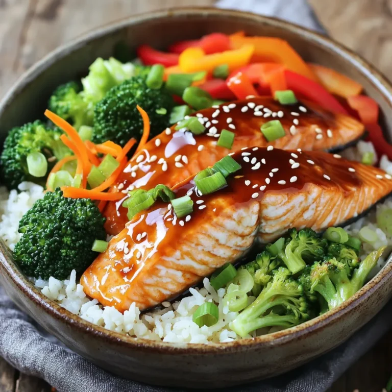 For a tasty Air Fryer Teriyaki Salmon Bowl, you'll need: - 4 salmon fillets (about 6 oz each) - 1/4 cup teriyaki sauce - 1 tablespoon sesame oil - 2 cups cooked jasmine rice - 1 cup broccoli florets - 1 cup shredded carrots - 1 red bell pepper, thinly sliced - 2 green onions, sliced - 1 tablespoon sesame seeds - Salt and pepper to taste These ingredients combine to create a meal that is both healthy and filling. The salmon brings rich flavor while the veggies add crunch and color. If you want to take your bowl to the next level, consider adding: - Avocado slices for creaminess - Pickled ginger for a tangy kick - Extra teriyaki sauce for more flavor - Chili flakes for some heat Feel free to mix and match these garnishes. They will enhance the taste and make your bowl look stunning. You will need a few key tools to make these bowls: - Air fryer for cooking the salmon - Shallow dish for marinating - Steamer basket or pot for veggies - Serving bowls for assembly - Tongs for easy handling Having these tools ready will help you prepare your meal quickly and easily. Enjoy the process of cooking and the delightful meal that follows! To start, gather your ingredients for the marinade. In a shallow dish, mix the following: - 1/4 cup teriyaki sauce - 1 tablespoon sesame oil - Salt and pepper to taste This mix will add a rich flavor to the salmon. The teriyaki sauce gives it a sweet and savory taste, while the sesame oil adds a nice nutty touch. Next, add your 4 salmon fillets to the dish. Make sure each fillet is coated well with the marinade. I like to let them marinate for at least 15 minutes. This step is key for infusing flavor into the salmon. If you have more time, feel free to let it marinate longer. While the salmon marinates, it’s time to prep the veggies. Take 1 cup of broccoli florets and 1 cup of shredded carrots. Steam them for about 3 to 5 minutes until they are just tender. This quick steam keeps them bright and crunchy. Set them aside when done. Then, slice 1 red bell pepper thinly. This will add color and texture to your bowls. Preheat your air fryer to 400°F (200°C). This takes about 5 minutes. Once hot, place the marinated salmon fillets in the basket. Be sure to lay them in a single layer. Cook them for 8 to 10 minutes. You’ll know they are done when they flake easily with a fork and look glazed. To assemble your bowls, start with 2 cups of cooked jasmine rice. Scoop the rice into each serving bowl. Next, place a salmon fillet on top of the rice. Add the steamed broccoli, shredded carrots, and sliced red bell pepper. For the finishing touch, sprinkle with sliced green onions and sesame seeds. If you like, drizzle any leftover teriyaki sauce over the top for extra flavor. Enjoy your tasty and healthy teriyaki salmon bowls! To get the best flavor, marinate your salmon well. Use a shallow dish for even coverage. Combine 1/4 cup of teriyaki sauce and 1 tablespoon of sesame oil. Add salt and pepper to taste. Make sure each fillet is covered in the marinade. Let it sit for at least 15 minutes. For more flavor, marinate for up to an hour. This helps the salmon soak up all the tasty sauce. Achieving perfectly cooked salmon is easy with an air fryer. Preheat your air fryer to 400°F (200°C) for 5 minutes. Place the salmon fillets in a single layer in the basket. Cook for 8-10 minutes. Check the salmon at 8 minutes. It should flake easily with a fork when ready. If it’s not done, cook for another 1-2 minutes. This method gives you a nice glaze and a tender texture. Steaming veggies in an air fryer is quick and easy. For this recipe, use broccoli and carrots. Place them in the air fryer basket. Steam at 400°F (200°C) for about 3-5 minutes. Check for tenderness, but don’t overcook. You want them bright and crisp. This method keeps the nutrients intact and enhances their natural flavors. Enjoy your vibrant and healthy toppings! {{image_2}} You can swap salmon for other proteins, like chicken or tofu. Chicken thighs work great, too. They absorb flavors well and stay juicy. For a plant-based option, use firm tofu. Just press it to remove moisture before marinating. Feel free to change up the veggies in your bowl. Snap peas, zucchini, or asparagus add nice crunch. You can also add mushrooms for a savory twist. Mix and match to find your favorite combo. Just remember to steam or air fry them for the best texture. While jasmine rice is a classic choice, other types work well, too. Brown rice adds a nutty flavor and more fiber. Quinoa is a great gluten-free option packed with protein. Cauliflower rice is perfect if you want a low-carb meal. Choose what fits your taste and dietary needs! To keep your teriyaki salmon bowls fresh, place leftovers in an airtight container. Make sure to separate the salmon from the rice and veggies. This helps to prevent sogginess. Store them in the fridge. They will stay good for up to three days. When it's time to eat your leftovers, reheat them gently. You can use the microwave or air fryer. If using the microwave, heat in short bursts to keep the salmon moist. For the air fryer, set it to 350°F (175°C) and heat for about 5-7 minutes. This method helps the salmon stay flaky. If you want to save some bowls for later, freezing is a great option. First, cool the food completely. Then, place the salmon and veggies in freezer-safe bags. Squeeze out excess air and seal tightly. The rice can be frozen in a separate bag. You can freeze them for up to one month. When ready to eat, thaw overnight in the fridge before reheating. Yes, you can! Other fish like trout or tilapia work well. Choose fish that cooks quickly. This keeps the meal simple and fast. Just adjust cooking time as needed. Thicker fish may need a bit longer. To make teriyaki sauce, mix these ingredients in a small bowl: - 1/4 cup soy sauce - 2 tablespoons brown sugar - 1 tablespoon honey - 1 tablespoon rice vinegar - 1 teaspoon minced garlic - 1 teaspoon minced ginger Stir until sugar dissolves. This sauce brings fresh flavor to your dish. These sides taste great with teriyaki salmon bowls: - Steamed edamame - Cucumber salad - Pickled ginger - Seaweed salad These add extra texture and flavor to your meal. No, you can bake the salmon in an oven instead. Preheat your oven to 400°F (200°C). Place the salmon on a baking sheet. Bake for 12-15 minutes or until done. However, the air fryer gives a crispier finish. Yes, you can! Prepare the salmon and veggies earlier in the day. Store them in airtight containers. When ready to eat, just reheat and assemble. This saves time on busy nights. We explored how to make tasty air fryer teriyaki salmon bowls. I shared key ingredients, step-by-step cooking methods, and helpful tips. You learned about different protein options and how to store leftovers. With these tips, you can enjoy delicious meals anytime. Use this guide to make your kitchen adventures fun and easy. Enjoy your cooking and share your tasty results!