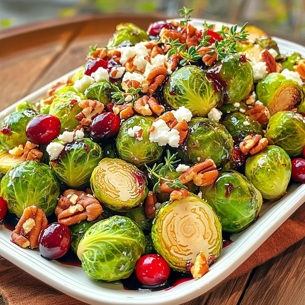 - 1 lb Brussels sprouts, trimmed and halved - 1 cup cranberries, fresh or frozen - 2 tablespoons olive oil - 1 tablespoon maple syrup - 1 teaspoon balsamic vinegar - 1/2 teaspoon salt - 1/4 teaspoon black pepper - 1/4 cup pecans, roughly chopped - 1/4 cup crumbled feta cheese (optional) - Fresh thyme for garnish Brussels sprouts are small but mighty. They are packed with nutrients and flavor. I love using one pound for this dish. You can easily find fresh Brussels sprouts in the fall. If you cannot find fresh ones, frozen will work too. Cranberries add a nice touch of sweetness and tartness. You need one cup, and they can be fresh or frozen. Always wash fresh cranberries before use. For the dressing, I use basic ingredients that you likely have at home. Two tablespoons of olive oil will help coat the sprouts and cranberries well. One tablespoon of maple syrup gives a sweet contrast. A teaspoon of balsamic vinegar adds a lovely tang. Seasoning is key. Use half a teaspoon of salt and a quarter teaspoon of black pepper. You can adjust these to your taste. For garnish, I love adding chopped pecans for crunch. Use about a quarter cup, and you can toast them lightly. If you want an extra touch, add crumbled feta cheese. Use a quarter cup if you like cheese. Finally, fresh thyme adds a nice herbal note. It also looks pretty on the plate. This mix of flavors and textures makes this dish a hit at any meal. 1. Preheat your oven to 400°F (200°C). This step is key for roasting. 2. Trim and halve the Brussels sprouts. Wash them to remove any dirt. 3. If using fresh cranberries, rinse them. If frozen, there is no need to thaw. 1. In a large bowl, combine the halved Brussels sprouts and cranberries. 2. Drizzle 2 tablespoons of olive oil over the mix. Add 1 tablespoon of maple syrup and 1 teaspoon of balsamic vinegar. 3. Sprinkle 1/2 teaspoon of salt and 1/4 teaspoon of black pepper over the mix. 4. Toss everything together. Make sure all pieces get a nice coating. 1. Spread the mixture out in a single layer on a baking sheet lined with parchment paper. This helps with even cooking. 2. Roast in the oven for 20-25 minutes. Stir halfway through for even roasting. 3. In the last 5 minutes of roasting, add 1/4 cup of chopped pecans. This will toast them lightly and add crunch. 4. Once done, remove from the oven. You can sprinkle crumbled feta cheese if you want. Finish with fresh thyme for a nice touch. To make sure your Brussels sprouts turn out tender and caramelized, follow these steps: - Trim and Halve: Start by trimming off the tough ends and halving each sprout. This helps them cook evenly. - Roasting Time: Roast for 20-25 minutes. Stir halfway to avoid burning and ensure even cooking. - Check for Doneness: They should be golden brown and fork-tender when done. For the cranberries, I suggest roasting them as well. This brings out their sweetness and adds a nice pop of flavor. - Spread Evenly: Make sure cranberries are spread out on the baking sheet. This helps them roast instead of steam. - Watch for Popping: Cranberries will pop when they cook. This is a good sign! Adjusting seasoning can really change the dish. Here’s how to do it: - Taste as You Go: Start with the salt and pepper. You can always add more, but you can’t take it out! - Herbs and Spices: Try adding rosemary or a pinch of cinnamon for warmth. Thyme works great too. Don’t hesitate to experiment with flavors. Your taste buds will thank you! A great-looking dish makes your meal even better. Here are some fun ideas: - Serving Suggestions: Serve in a large bowl for family style, or plate individually for a fancy touch. - Vibrant Garnishes: Use fresh thyme on top for color. You can also sprinkle some feta cheese for a creamy finish. Remember, we eat with our eyes first! Making your dish visually appealing will impress everyone. {{image_2}} You can change nuts and cheese in this recipe. Instead of pecans, try walnuts or almonds. Both add great crunch. If you want a different cheese, goat cheese works well. It brings a tangy flavor that pairs nicely. You can also switch up sweeteners. If you prefer honey, use that in place of maple syrup. For vinegars, apple cider vinegar makes a tasty swap for balsamic vinegar. Each change brings a new twist to the dish. For vegan options, skip the feta cheese. Use nuts or seeds to add protein. You can also use plant-based sweeteners to keep it vegan. If you need gluten-free adjustments, this recipe is already gluten-free. Just ensure your ingredients are certified gluten-free. For low-carb diets, skip the maple syrup. You can use a low-carb sweetener. This keeps the dish tasty and healthy. This dish pairs well with roasted meats like chicken or turkey. It also fits well with grain dishes like quinoa or rice. For a vegetarian meal, serve it with a hearty salad or pasta. When plating, use a large, white plate to make the colors pop. Place the Brussels sprouts in the center and sprinkle extra cranberries on top. Adding fresh thyme leaves gives a lovely touch. This makes the dish look as good as it tastes! You can keep your Harvest Brussels Sprouts with Cranberries in the fridge for up to four days. Make sure you store them in an airtight container. This keeps them fresh and tasty. Glass or plastic containers with tight lids work best. You can also use a resealable plastic bag if you press out the air. To enjoy this dish later, you can freeze it. Let the dish cool completely first. Then, place it in a freezer-safe container. You can also use heavy-duty freezer bags. Be sure to remove as much air as possible to prevent freezer burn. You can freeze it for up to three months. For reheating, take the dish out of the freezer and let it thaw in the fridge overnight. To heat it, place the dish in an oven set to 350°F (175°C) for about 20 minutes. This keeps the flavors and texture just right. If you're in a hurry, you can microwave individual portions for about two to three minutes. Brussels sprouts are small but mighty. They are low in calories and high in fiber. A one-cup serving has about 38 calories and 3 grams of fiber. This helps keep your gut happy. They are also rich in vitamins C and K. Vitamin C boosts your immune system. Vitamin K helps with blood clotting and bone health. Brussels sprouts contain antioxidants too. These protect your cells from damage. Eating Brussels sprouts may even lower the risk of certain cancers. Overall, they make a great addition to any meal. Yes, you can prepare this dish ahead of time. Start by trimming and halving the Brussels sprouts. You can mix the sprouts and cranberries with oil and seasonings. Place them in an airtight container in the fridge. When you are ready to cook, just spread them on the baking sheet. This saves time on busy days. If you want, you can roast them in the morning. Enjoy them cold or warm later. If you cannot use pecans, don't worry! Almonds and walnuts are great options. They add a nice crunch too. You can also try sunflower seeds or pumpkin seeds. Both seeds give a tasty twist. For a nut-free version, use seeds only. Just chop them roughly before adding. These substitutes will still taste amazing in the dish! This recipe combines Brussels sprouts and cranberries for a tasty dish. You learned how to prepare, mix, and roast these ingredients to get the best texture and flavor. Tips on variations help you customize it to your liking. I recommend trying different nuts, sweeteners, or serving suggestions for exciting flavors. Remember, proper storage keeps your leftovers fresh. Use this guide to impress family and friends with your new skills. Enjoy your cooking journey and happy eating!
