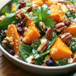 - 2 medium sweet potatoes, peeled and diced - 1 cup quinoa, rinsed - 1/4 cup pure maple syrup Sweet potatoes are the star of this salad. They add a natural sweetness and a lovely texture. When you roast them, they caramelize, which makes them even more delicious. Quinoa is a great grain choice. It is high in protein and gives the salad a nice bite. Maple syrup brings a unique sweetness that pairs well with the other flavors. - 3 tablespoons olive oil - 1 teaspoon cinnamon - Salt and pepper to taste - 1 cup spinach, chopped - 1/2 cup dried cranberries - 1/2 cup pecans, roughly chopped Olive oil adds richness while helping the sweet potatoes roast evenly. Cinnamon gives warmth and depth to the dish. Salt and pepper enhance all the flavors. Spinach adds a fresh crunch and bright color. Dried cranberries bring a pop of tartness, and pecans add a nice crunch. - 1/4 cup feta cheese - 2 tablespoons apple cider vinegar - Nuts and dried fruits Feta cheese adds creaminess and a salty bite. Apple cider vinegar gives a tangy kick that balances the sweetness. You can also add other nuts and dried fruits for extra flavor and texture. Consider walnuts or almonds for a fun twist! - Preheat the Oven Start by preheating your oven to 400°F (200°C). This step is key for getting the sweet potatoes nice and caramelized. - Prepare the Sweet Potatoes Peel and dice 2 medium sweet potatoes. In a large bowl, mix them with 2 tablespoons of olive oil, 1/4 cup of pure maple syrup, 1 teaspoon of cinnamon, salt, and pepper. Toss until every piece is coated well. - Roast the Sweet Potatoes Spread the sweet potatoes on a baking sheet lined with parchment paper. Roast them for 25-30 minutes. Halfway through, flip them to ensure even cooking. They should be tender and caramelized when done. - Cook the Quinoa In a medium pot, bring 2 cups of vegetable broth or water to a boil. Add 1 cup of rinsed quinoa. Lower the heat, cover, and simmer for about 15 minutes. After that, let it sit covered for 5 minutes. Fluff the quinoa with a fork. - Combine Ingredients In a large bowl, mix the roasted sweet potatoes, cooked quinoa, 1 cup of chopped spinach, 1/2 cup of dried cranberries, and 1/2 cup of roughly chopped pecans. Stir gently to combine. - Drizzle with Dressing In a small bowl, whisk 3 tablespoons of olive oil with 2 tablespoons of apple cider vinegar. Drizzle this over the salad and toss gently. If you like, sprinkle 1/4 cup of feta cheese on top for extra flavor. - Ensuring Perfectly Roasted Sweet Potatoes For sweet potatoes, cut them into even pieces. This helps them cook at the same rate. Toss them well with olive oil, maple syrup, cinnamon, salt, and pepper. Spread them out on a baking sheet. This allows them to roast evenly and get that nice caramelized texture. Flip them halfway through cooking for the best results. - Cooking Quinoa to Fluffiness Rinse the quinoa before cooking. This removes the bitter coating. Use a pot with a lid. Bring vegetable broth or water to a boil. Add the rinsed quinoa, cover, and reduce the heat. Let it simmer for about 15 minutes. After cooking, let it sit covered for 5 more minutes. Then, fluff it gently with a fork to keep it light and airy. - Presentation Ideas Serve the salad in a wide, shallow bowl. This creates a lovely display. For a pop of color, garnish with fresh thyme or parsley. You can also sprinkle feta cheese on top for added creaminess. Arrange the ingredients artfully to make it more inviting. - Best Pairings This salad pairs well with grilled chicken or fish. You can also serve it alongside a warm soup. The flavors blend nicely, making for a satisfying meal. Add some crusty bread on the side to round it out. - Gluten-Free Options This salad is naturally gluten-free. Quinoa is a great substitute for grains like wheat or barley. Always check that your ingredients, like broth, are gluten-free to ensure safety for those with allergies. - Vegan Adaptations The salad is already vegan-friendly. Skip the feta cheese or use a plant-based alternative. You can add more nuts or seeds for extra protein. This keeps the salad hearty and filling while staying true to vegan diets. {{image_2}} You can use other grains instead of quinoa. Try brown rice or farro for a different texture. They add a hearty feel to your salad. You can also use couscous for a quick option. For vegetables, sweet potatoes shine, but you can mix it up. Roasted beets or carrots work well. They bring great color and taste. You can also add roasted Brussels sprouts for a fun twist. Boost the taste with spices and herbs. Add cumin for warmth and a hint of earthiness. Fresh herbs like parsley or cilantro add brightness. Mixing in garlic powder can give it a savory kick. Try different dressings, too. A balsamic vinaigrette pairs nicely with sweet potatoes. You can also mix olive oil and lemon juice for a fresh zing. Experiment with flavors until you find your favorite! You can enjoy this salad warm or cold. Warm salads feel cozy and comforting, great for chilly days. Cold salads are refreshing, perfect for hot summer meals. For meal prep, this salad stores well. Make it ahead, and pack it for lunch. Just keep the dressing separate until you're ready to eat. This keeps everything fresh and tasty! To keep your Maple Roasted Sweet Potato Quinoa Salad fresh, store it in the fridge. Use an airtight container to prevent moisture loss. The salad stays good for about 3 to 5 days. If you want to save it longer, consider freezing it. - For freezing, place the salad in a freezer-safe container. - Leave some space at the top, as the salad may expand when frozen. - It can last up to 3 months in the freezer. When you are ready to enjoy your salad again, you can reheat it easily. Use the microwave for quick warming. Heat it in short bursts of 30 seconds. Stir in between to ensure even heating. - To keep the flavors intact, consider reheating on the stovetop. - Add a splash of water or broth if it seems dry. - Heat it over low heat, stirring gently. The shelf life of your salad depends on how it is stored. In the fridge, it lasts 3 to 5 days. In the freezer, it can last up to 3 months. Always check for any signs of spoilage before eating. If it smells off or looks strange, it's best to toss it out. You can add a variety of toppings to your salad. Here are some tasty options: - Chopped avocados for creaminess - Sunflower seeds for crunch - Pomegranate seeds for a burst of flavor - Fresh herbs like cilantro or parsley - Grilled chicken or chickpeas for protein These additions can enhance the flavor and make your salad even more delightful. Yes, you can prepare this salad ahead of time. Here are some tips: - Roast the sweet potatoes and cook the quinoa the day before. - Store them in separate containers in the fridge. - Mix everything together just before serving to keep the spinach fresh. - Drizzle the dressing right before you eat to avoid sogginess. This way, you save time and enjoy a fresh meal! You can easily scale this recipe up or down. Here’s how: - Double the ingredients for eight servings. - If you need fewer servings, cut the ingredients in half. - Keep the same cooking time, but check for doneness. - Use larger or smaller baking sheets as needed. This makes it easy to serve any number of people! This blog post covered a tasty salad made with sweet potatoes, quinoa, and maple syrup. I shared how to prepare and cook each ingredient, plus tips for perfect results. We explored variations, storage, and FAQs to answer your questions. Incorporating these ideas will help you create a healthy dish. Feel free to customize it based on your taste. Enjoy making this salad, and feel proud of your creation!
