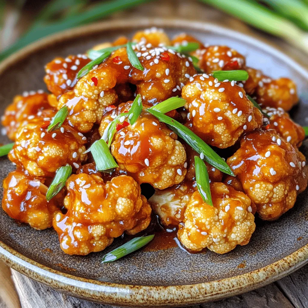 - 1 medium head of cauliflower, cut into florets - 1/2 cup cornstarch - 1/4 cup all-purpose flour - 1/2 teaspoon garlic powder - 1/2 teaspoon ginger powder - 1/2 teaspoon salt - 1/4 teaspoon black pepper - 1 cup vegetable oil (for frying) - 2 tablespoons soy sauce - 1 tablespoon rice vinegar - 1 tablespoon hoisin sauce - 1 tablespoon sesame oil - 1 tablespoon sugar - 2 teaspoons red chili flakes (adjust to taste) - 1 green onion, finely chopped - Sesame seeds - Large mixing bowl - Slotted spoon - Large skillet or wok - Paper towels - Whisk Gather all these ingredients and tools before you start cooking. This will make the process smoother and more enjoyable. Each ingredient plays a key role in the dish. The cauliflower gives it a great base, while the sauces add depth and flavor. Optional garnishes like green onions and sesame seeds add a nice touch, making the dish look vibrant and inviting. Start by cutting one medium head of cauliflower into small florets. Each piece should be about the size of a golf ball. This size helps them cook evenly. Rinse the florets under cold water. Shake off any excess water and set them aside. In a large bowl, mix the dry ingredients. Combine 1/2 cup of cornstarch, 1/4 cup of all-purpose flour, 1/2 teaspoon of garlic powder, 1/2 teaspoon of ginger powder, 1/2 teaspoon of salt, and 1/4 teaspoon of black pepper. Stir them well. This will create a light batter that sticks to the cauliflower. Heat 1 cup of vegetable oil in a large skillet over medium-high heat. To test if the oil is ready, drop a small piece of batter in. If it sizzles, you are good to go. Dip each cauliflower floret in the batter. Make sure they are covered well, but shake off the extra batter. Fry the florets in batches for about 4-5 minutes. They should be golden brown and crispy. Use a slotted spoon to take them out and let them drain on paper towels. In a separate bowl, mix the sauce ingredients. Combine 2 tablespoons of soy sauce, 1 tablespoon of rice vinegar, 1 tablespoon of hoisin sauce, 1 tablespoon of sesame oil, 1 tablespoon of sugar, and 2 teaspoons of red chili flakes. Whisk until smooth. This sauce adds great flavor to the dish. After frying, pour out most of the oil from the skillet, leaving about 1 tablespoon. Heat the sauce mixture in the same skillet over medium heat. Once it bubbles, add the fried cauliflower. Toss gently to coat the florets evenly in the sauce. Cook for 1-2 minutes to heat everything through. Remove from heat. For a nice finish, sprinkle chopped green onions and sesame seeds on top before serving. Frying is key to making General Tso’s cauliflower crispy and tasty. Here are some tips: - Use a large skillet or wok. This gives you space to fry the cauliflower evenly. - Heat the oil to medium-high. If it’s too low, the cauliflower will absorb oil and become soggy. - Fry in small batches. This helps keep the oil temperature steady. You want your cauliflower to be crunchy and golden. Here’s how: - Make sure to coat each floret well with the batter. This adds a nice crunch. - Allow excess batter to drip off. This prevents clumping and helps with crispiness. - Keep an eye on the color. Fry until golden brown, about 4-5 minutes. To boost the flavor of your dish, try these tips: - Mix different sauces. Adding more soy sauce or hoisin can enhance the taste. - Adjust the spice. If you love heat, add more red chili flakes to the sauce. - Use fresh herbs. Finely chop some cilantro or basil for a fresh touch. {{image_2}} You can easily make General Tso’s Cauliflower vegan and gluten-free. Use a gluten-free flour blend instead of all-purpose flour. For the soy sauce, choose a gluten-free version. This way, everyone can enjoy this dish without worry. To add more heat, increase the red chili flakes. You can also add fresh sliced chilies for a kick. If you like it less spicy, just reduce the flakes. Adjust to your taste for a perfect balance. Serve General Tso’s Cauliflower over rice or noodles. It pairs well with steamed broccoli or snap peas. For a crunch, add roasted peanuts or cashews. Garnishing with green onions and sesame seeds adds a nice touch. Enjoy this dish as a main or side. To keep your General Tso's cauliflower fresh, first let it cool. Place the leftovers in an airtight container. Store it in the fridge for up to three days. Make sure to separate any sauce to avoid sogginess. This helps keep the cauliflower crispy longer. When you’re ready to eat leftovers, reheat them in a pan. Heat some oil over medium heat. Add the cauliflower and cook for about five minutes. This keeps it crispy. You can also microwave it, but it may soften. If you use a microwave, cover it with a paper towel to avoid drying out. You can freeze General Tso's cauliflower if you want to save it for later. First, let it cool completely. Place it in a freezer-safe bag or container. Remove as much air as possible before sealing. It can last up to three months in the freezer. To use, thaw it in the fridge overnight and reheat as mentioned above. General Tso’s Cauliflower is a tasty dish. It uses cauliflower instead of chicken. The florets get coated in a crispy batter. Then, they are fried until golden brown. Finally, a sweet and spicy sauce covers the crispy cauliflower. This dish is perfect for those who love bold flavors. Yes, you can make General Tso’s Cauliflower ahead of time. Prepare the cauliflower and fry it. Store it in an airtight container in the fridge. When ready to serve, heat the sauce and toss the cauliflower in it. This way, you save time and still enjoy a fresh meal. Absolutely! Cauliflower is low in calories and high in vitamins. It provides fiber, which is great for digestion. This makes it a healthy choice compared to fried chicken. Plus, it is rich in antioxidants, which help your body fight diseases. The spice level depends on how much chili flakes you use. The recipe suggests two teaspoons, but you can adjust it. If you like it hotter, add more chili flakes. For a milder taste, use less. This dish can be as spicy as you want! This blog covered everything you need for General Tso's Cauliflower. We explored key ingredients and tools, then walked through step-by-step cooking. You learned tips for frying and variations like vegan options. I shared how to store leftovers and answered common questions. In conclusion, this dish is simple and tasty. You can customize it to fit your needs. Enjoy cooking and have fun experimenting with flavors!