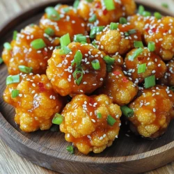 - 1 medium head of cauliflower, cut into bite-sized florets - 1 cup all-purpose flour - 1 cup cornstarch - 1 teaspoon garlic powder - 1 teaspoon ginger powder - 1 teaspoon salt - 1/2 teaspoon black pepper - 1 cup cold water - Oil for frying For the batter, cauliflower is the star. It brings a great texture. The flour and cornstarch help create a crispy coating when fried. I love adding garlic and ginger powders for flavor. Salt and pepper round out the mix. Cold water helps bind it all together. - 3 tablespoons soy sauce (or tamari for gluten-free) - 2 tablespoons rice vinegar - 2 tablespoons honey or maple syrup - 2 cloves garlic, minced - 1 tablespoon freshly grated ginger - 1 teaspoon sesame oil - 1/2 teaspoon red pepper flakes (adjust to taste) - Chopped green onions and sesame seeds for garnish For the sauce, soy sauce or tamari adds a salty kick. Rice vinegar brings a nice tang. I often choose honey or maple syrup for sweetness. Fresh garlic and ginger give the sauce warmth. Sesame oil adds a rich flavor, while red pepper flakes can spice things up. Garnishing with green onions and sesame seeds makes it look pretty, too. Rinse the cauliflower under cold water. This helps remove any dirt. Cut it into bite-sized florets. Make sure they are about the same size for even cooking. After cutting, pat the florets dry with a paper towel. This step is key. Dry florets help the batter stick better. In a mixing bowl, combine the dry ingredients. Add 1 cup of all-purpose flour, 1 cup of cornstarch, 1 teaspoon of garlic powder, 1 teaspoon of ginger powder, 1 teaspoon of salt, and 1/2 teaspoon of black pepper. Mix well to blend all flavors. Next, gradually add 1 cup of cold water. Stir until you get a smooth batter. It should be thick enough to coat the cauliflower. In a deep frying pan, heat oil over medium-high heat. Aim for around 350°F (175°C). To test if the oil is hot enough, drop in a small amount of batter. If it sizzles, you’re ready to fry. Dip each cauliflower floret into the batter, ensuring an even coat. Carefully place them into the hot oil in batches. Fry for about 5-7 minutes. You want them golden brown and crispy. Once done, remove the bites and place them on a paper towel-lined plate to drain excess oil. In a separate saucepan, combine the sauce ingredients. Add 3 tablespoons of soy sauce, 2 tablespoons of rice vinegar, and 2 tablespoons of honey or maple syrup. Also, include 2 minced cloves of garlic, 1 tablespoon of grated ginger, and 1 teaspoon of sesame oil. To spice it up, add 1/2 teaspoon of red pepper flakes. Bring the mixture to a simmer. Cook for about 3-5 minutes until it thickens slightly. In a large bowl, add the fried cauliflower bites. Pour the prepared sauce over them. Gently toss to coat each bite. This step ensures each floret is covered in sauce. Finally, transfer the General Tso’s cauliflower to a serving plate. Garnish with chopped green onions and sesame seeds for that perfect finish. - Frying temperature control: Keep the oil at 350°F (175°C). This helps the bites fry evenly. If the oil is too cool, the bites get soggy. If it’s too hot, they burn. Use a thermometer for best results. - Ensuring even coating: Make sure each cauliflower floret is fully covered in batter. Dip it in and shake off the excess. This gives a nice, crispy layer when fried. - Gluten-free options: Replace all-purpose flour with gluten-free flour. Cornstarch is already gluten-free. This swap keeps the bites tasty for everyone. - Vegan alternatives for honey: Use maple syrup instead of honey. It works great in the sauce and keeps this dish vegan-friendly. - Pairing with sides or dips: Serve your cauliflower bites with steamed rice or a fresh salad. You can also add sweet chili sauce for extra flavor. - Presentation ideas: Garnish with chopped green onions and sesame seeds for a pop of color. Use a nice plate to make the dish look even better. {{image_2}} You can easily change the flavor of General Tso’s cauliflower bites. If you like heat, add more red pepper flakes. This will give your dish a spicy kick. You can also adjust the sweetness level. If you prefer it sweeter, add more honey or maple syrup. This will make it richer in flavor. Experimenting with these options can help you find your perfect balance. If you want a healthier version, try oven-baking. Preheat your oven to 425°F (220°C). Place the battered cauliflower on a baking sheet lined with parchment paper. Bake for about 25 minutes, flipping halfway through. They will get crispy without frying in oil. You can also use an air fryer. Set it to 375°F (190°C) and cook for about 15 minutes, shaking the basket halfway. Both methods keep the taste and texture. Garnishes can elevate your dish. Consider adding fresh cilantro for a pop of color and flavor. You can also sprinkle on chopped nuts, like cashews or peanuts, for added crunch. Green onions and sesame seeds are great choices too. These toppings add layers of flavor and make your dish look even more appealing. Enjoy trying different combinations! To keep your General Tso's cauliflower bites fresh, store them in the fridge. Place them in an airtight container. This helps keep out moisture and air, which can make them soggy. Try to eat leftovers within three days for the best taste. You can reheat these bites in a microwave or oven. The microwave is fast but can make them soft. For a crispier result, use the oven. Preheat the oven to 350°F (175°C) and bake for 10–15 minutes. This method helps maintain their crunch. If you want to save some for later, you can freeze the cauliflower bites. First, let them cool completely. Then, place them in a freezer-safe bag or container. Squeeze out the air to prevent freezer burn. To enjoy, thaw them overnight in the fridge before reheating. Yes, you can make these cauliflower bites ahead of time. To store them, let the cooked bites cool completely. Place them in an airtight container in the fridge for up to three days. When you are ready to eat, reheat them in the oven at 350°F (175°C) for about 10-15 minutes. This keeps them crispy. You can also use an air fryer for a few minutes to bring back the crunch. These bites pair well with many side dishes. You can serve them with steamed rice or fried rice for a full meal. Other great sides include stir-fried vegetables or a simple cucumber salad. For a fun twist, try them with some crispy spring rolls or dumplings. The flavors really complement each other. Absolutely! You can make the sauce sweeter by adding more honey or maple syrup. If you want it spicier, add more red pepper flakes. For less salt, use low-sodium soy sauce. Feel free to play with the sauce until it matches your taste. It’s all about finding what you love. Yes, this dish can be vegan. The main ingredients are already plant-based. For the sauce, use maple syrup instead of honey to keep it vegan. You can also choose tamari instead of soy sauce if you need a gluten-free option. Enjoy this tasty meal without worry! In this article, I shared how to make General Tso's Cauliflower Bites. We covered the key ingredients, from cauliflower and batter to the delicious sauce. The step-by-step instructions guide you for easy preparation and frying. Tips for perfect bites include storage and serving options. In conclusion, this dish is both fun and flavorful. It offers great ways to enjoy veggies. With simple swaps and variations, you can customize it to your taste. Enjoy your cooking adventure!