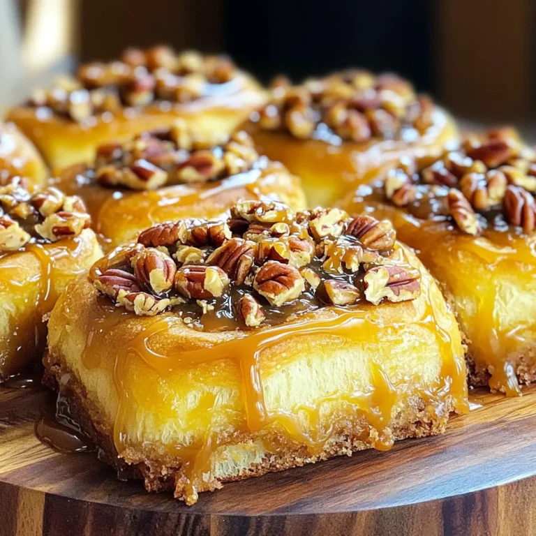 To make Easy Caramel Pecan Sticky Buns, you need just a few simple ingredients. Here’s what you will need: - 1 can (16 oz) refrigerated crescent roll dough - 1 cup brown sugar, packed - 1/2 cup unsalted butter (1 stick) - 1/4 cup corn syrup - 1 cup pecans, chopped - 1 teaspoon ground cinnamon - 1/2 teaspoon vanilla extract - Pinch of salt Each ingredient plays a key role in creating that gooey, sweet goodness. The crescent roll dough is the base for the buns. It puffs up nicely and gives that soft texture. Brown sugar adds rich sweetness, while butter helps bind everything together with flavor. Corn syrup keeps the caramel gooey and smooth. Chopped pecans add crunch and a nutty taste. Cinnamon brings warmth and a hint of spice. The vanilla extract adds depth, and a pinch of salt balances the sweetness. When you gather these ingredients, you set the stage for a delightful baking experience. The combination creates a treat that is hard to resist. - Preheat your oven to 350°F (175°C). - In a saucepan over medium heat, melt 1/2 cup of unsalted butter. - Add 1 cup of packed brown sugar and 1/4 cup of corn syrup. Stir until the sugar dissolves and bubbles form. - Remove the pan from heat. Stir in 1/2 teaspoon of vanilla extract and a pinch of salt. - Pour this caramel mixture into a 9x9-inch baking dish. Make sure it covers the bottom well. - Sprinkle 1 cup of chopped pecans over the caramel evenly. - Open the can of 16 oz refrigerated crescent roll dough. Unroll it onto a flat surface. - Pinch the seams together to form a solid rectangle. - In a small bowl, mix 1 teaspoon of ground cinnamon with a tablespoon of brown sugar. - Sprinkle this cinnamon-sugar mix over the dough evenly. - Starting from one long edge, carefully roll the dough into a log shape. - Slice this dough log into 12 equal parts. - Place the sliced bun pieces, cut side up, into the baking dish on top of the pecan and caramel layer. - Bake in the preheated oven for 25-30 minutes. Look for golden brown and puffed buns. - Once baked, let the sticky buns cool in the pan for 5 minutes. - Carefully invert the buns onto a large serving platter. This lets the caramel drizzle over the buns. To make the best caramel pecan sticky buns, start with the caramel. Pour the hot caramel mix into the baking dish. Spread it evenly to cover the bottom. This ensures each bite has that sweet, gooey flavor. For perfect puffed buns, make sure the oven is fully preheated. Place the buns cut side up in the caramel. Give them space to expand. This will help them rise nicely as they bake. For a pretty presentation, serve the sticky buns warm. Drizzle any extra caramel on top. Add a few chopped pecans for a rustic touch. Pair these buns with a hot cup of coffee or tea. They also taste great with a side of fresh fruit. Enjoy making them and sharing with friends! {{image_2}} You can get creative with these sticky buns. Adding chocolate chips makes them rich and sweet. Try a cup of semi-sweet or dark chocolate chips mixed in. Dried fruit, like raisins or cranberries, also adds a nice chew. Just use about a half cup to keep the balance. Switching up the nuts can change the flavor too. Instead of pecans, you could use walnuts or almonds. Each nut offers a different taste and texture. This way, you can make the recipe your own. If you need a gluten-free option, look for gluten-free crescent roll dough. Many brands offer this, making it easy to adapt. Check the package to ensure it fits your needs. For a vegan version, replace the butter with a plant-based alternative. You can find vegan butter in most stores. Also, use maple syrup instead of corn syrup for sweetness. These swaps keep the sticky buns tasty while meeting your dietary needs. To keep your leftover caramel pecan sticky buns fresh, store them in the refrigerator. Place them in an airtight container. This helps prevent them from drying out and keeps the caramel gooey. The sticky buns will stay good for about three days. If you want to keep them longer, freezing is a great option. Wrap each bun tightly in plastic wrap, then place them in a freezer-safe bag. This helps keep the flavor and texture intact. You can freeze them for up to two months. To enjoy your sticky buns warm, reheating is key. The oven is the best way to keep that soft, fluffy texture. Preheat your oven to 350°F (175°C). Place the buns on a baking tray and cover them with foil. Heat for about 10 minutes or until warm. You can also use the microwave for a quick fix. Place a bun on a microwave-safe plate. Heat for about 15 to 20 seconds. The microwave makes them warm but can change the texture a bit. Choose the method that works best for you! You can use honey or maple syrup. Both options work well in this recipe. They add sweetness and flavor. Honey gives a floral taste, while maple syrup adds a warm note. Use the same amount as corn syrup. Yes! You can prepare the sticky buns the night before. Just follow the recipe up to the baking step. Cover the baking dish and store it in the fridge. In the morning, let them sit at room temperature for 30 minutes. Then, bake them as usual. Look for a golden brown color on top. The buns should be puffed and firm to the touch. Insert a toothpick in the center. If it comes out clean, they are ready. Enjoy the sweet smell as they bake! This blog post covered a simple and delicious recipe for sticky buns. You learned about the ingredients, step-by-step instructions, and helpful tips. I shared variations for flavor and dietary needs, plus storage info to keep them fresh. Enjoy making these sticky buns! With their sweet caramel and warm spices, they bring joy to any meal. You can impress friends and family or enjoy them yourself. Get baking and savor every bite!