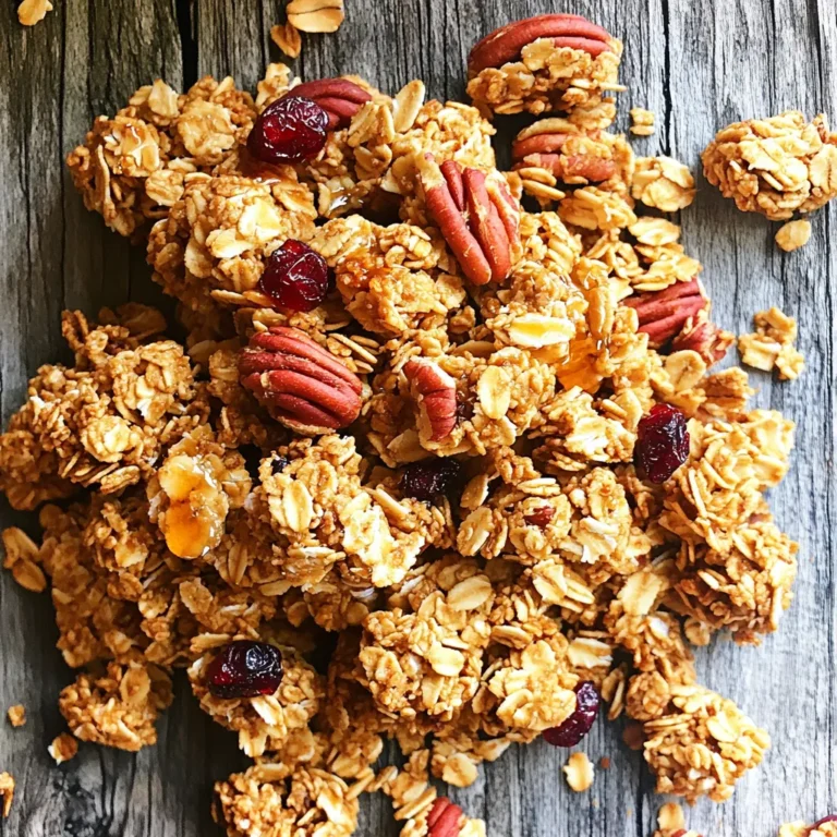 For this tasty snack, you need simple, wholesome ingredients. Here’s what you will use: - 2 cups rolled oats - 1 cup pecans, roughly chopped - 1/2 cup sunflower seeds - 1/2 cup honey or maple syrup - 1/4 cup coconut oil, melted - 1 teaspoon vanilla extract - 1/2 teaspoon cinnamon - 1/4 teaspoon salt - 1/2 cup dried cranberries or raisins (optional) These ingredients work together to create a crunchy, sweet snack. The oats give you fiber. The pecans add healthy fats. Sunflower seeds provide protein and crunch. The honey or maple syrup binds everything and adds natural sweetness. Coconut oil keeps the clusters crispy and rich. You can customize your granola clusters with fun add-ins. Consider these options: - Chopped dark chocolate or chocolate chips - Shredded coconut - Chia seeds or flaxseeds for extra nutrition - Other dried fruits like apricots or figs Adding these can enhance the flavor and texture. Mix and match to find your favorite combinations. Each serving of these clusters is packed with good nutrients. Here’s a rough breakdown of what you get: - Calories: About 150 - Protein: 3 grams - Fat: 8 grams - Carbohydrates: 18 grams - Fiber: 2 grams - Sugar: 6 grams This granola is a healthy option for snacks or breakfast. You’ll enjoy a balance of energy and nutrition without added junk. Feel free to adjust the recipe to fit your dietary needs. First, set your oven to 350°F (175°C). This heat will help the granola bake evenly. Next, grab a baking sheet and line it with parchment paper. This step keeps your granola from sticking. In a large bowl, combine 2 cups of rolled oats, 1 cup of chopped pecans, and 1/2 cup of sunflower seeds. Make sure everything mixes well. The oats are the base. The pecans add crunch. Sunflower seeds give it a nice twist. In another bowl, mix 1/2 cup of honey or maple syrup, 1/4 cup of melted coconut oil, 1 teaspoon of vanilla extract, 1/2 teaspoon of cinnamon, and 1/4 teaspoon of salt. Stir until everything blends together. This mix brings sweetness and flavor. Pour the wet mix over the dry ingredients. Stir until all the oats and nuts are coated. If you want, fold in 1/2 cup of dried cranberries or raisins. Next, spread the mixture onto the baking sheet. Press it down with a spatula to make it even. Bake for 20-25 minutes. Look for a golden brown color around the edges. Once baked, let the granola cool on the sheet. This cooling helps the clusters form. After it cools completely, break it into your desired sizes. Store the clusters in an airtight container. This keeps them fresh and tasty. To get those perfect clusters, you need to press the mixture down firmly. After mixing your oats and nuts with the wet ingredients, spread it onto the baking sheet. Use a spatula to flatten it into an even layer. This helps the clusters stick together while baking. Bake until golden brown, but don’t stir it while it cooks. Let it cool completely before breaking it into clusters. If you have allergies or dietary needs, you can still enjoy this granola. Swap pecans for almonds or walnuts if you prefer. Use agave syrup instead of honey or maple syrup for a vegan option. For a nut-free version, replace the nuts with more seeds. You can use pumpkin seeds or sesame seeds. Serve your granola clusters as a snack on their own. Toss them into yogurt for breakfast or a healthy dessert. Add them to smoothies for extra crunch and flavor. They also pair well with fresh fruits like bananas or berries. Try sprinkling some on your favorite oatmeal or ice cream for a tasty twist. {{image_2}} To make chocolate maple pecan granola clusters, add cocoa powder. Use 1/4 cup of unsweetened cocoa powder in the wet mix. This gives a rich chocolate flavor. You can also add dark chocolate chips after baking. This adds a sweet touch and a melty texture. For a spiced version, add more spices. Use 1/2 teaspoon of nutmeg or ginger. You can also mix in a pinch of cayenne for heat! This will give your granola a warm, cozy taste. Adjust the cinnamon to your liking. Spice up your breakfast or snack with this fun twist. If you want a nut-free granola, swap pecans for more sunflower seeds. Use 1 1/2 cups of sunflower seeds instead. You can also add pumpkin seeds for crunch. This keeps your granola tasty without nuts. Enjoy this version if you have nut allergies or sensitivities. To keep your maple pecan granola fresh, store it in an airtight container. A glass jar or a plastic container with a tight lid works well. Make sure to place it in a cool, dry spot away from sunlight. This helps prevent moisture and keeps your granola crunchy. When stored properly, your granola can last up to two weeks. If you notice any changes in smell or texture, it’s best to throw it out. Always check for freshness before enjoying. You can freeze your maple pecan granola clusters to enjoy later. Just place them in a freezer-safe bag or container. Remove as much air as possible before sealing. Frozen granola can last up to three months. When you want some, take it out and let it thaw for a few minutes. This way, you always have a tasty snack ready! Yes, you can use other nuts. Almonds, walnuts, or cashews work well. Each nut adds a different taste and crunch. Just make sure to chop them roughly. You can also mix different nuts for more flavor. To make this granola gluten-free, use certified gluten-free oats. Check the label on your oats to ensure they meet the standards. The other ingredients, like nuts and seeds, are naturally gluten-free. This way, everyone can enjoy your tasty snack. Maple syrup offers a unique flavor that is rich and sweet. It has antioxidants that help fight cell damage. Some people prefer maple syrup for its lower glycemic index. This means it won’t spike your blood sugar as quickly as honey. To get crunchier clusters, press the mixture firmly before baking. Also, let it cool completely on the baking sheet. This helps the clusters stick together. If you want extra crunch, bake it a few minutes longer, but watch it closely to prevent burning. Maple pecan granola clusters are easy to make and great for snacks. We covered the key ingredients, options for add-ins, and how to bake them perfectly. Remember, you can also modify recipes to fit your needs. Experiment with flavors or try a nut-free version. Store your granola well to keep it fresh. Making your own granola lets you control healthy choices and flavors. Enjoy your tasty clusters, and share them with friends!