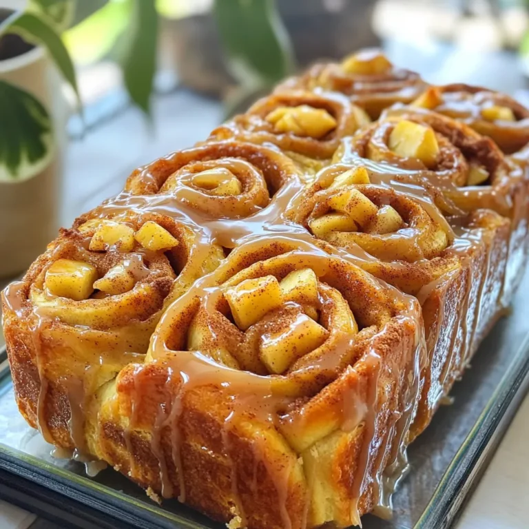 To create the delicious Apple Cinnamon Roll Pull-Apart Loaf, you will need these simple ingredients: - 2 ½ cups all-purpose flour - 1 package (2 ¼ teaspoons) active dry yeast - ¼ cup granulated sugar - ½ teaspoon salt - ½ cup milk, warmed - 3 tablespoons unsalted butter, melted - 1 large egg - 1 teaspoon vanilla extract - 2 medium apples, peeled, cored, and diced - 2 teaspoons cinnamon - 1 tablespoon brown sugar - 1 tablespoon lemon juice - For the glaze: - 1 cup powdered sugar - 2 tablespoons milk - ½ teaspoon vanilla extract Each ingredient plays a key role in making this loaf a treat. The flour gives structure, while the yeast helps it rise and become fluffy. The sugar adds sweetness, and salt balances all the flavors. The warm milk activates the yeast, making the dough rise nicely. Apples add a fresh burst of flavor, and cinnamon gives that warm, cozy spice. The glaze on top adds a sweet finish. With these ingredients, you will create a loaf that everyone will love! To start, we need to wake up the yeast. In a small bowl, mix warm milk, yeast, and a teaspoon of sugar. Let this sit for about 5 minutes. The yeast will become frothy. This shows it is alive and ready to help our dough rise. Next, grab a large bowl. In it, combine 2 ½ cups of flour, ¼ cup of sugar, and ½ teaspoon of salt. Mixing these dry ingredients helps the dough come together smoothly. Now, it's time to bring everything together. Add the melted butter, one egg, and the yeast mixture to the flour mix. Stir until you have a soft dough. Flour your surface and knead the dough for 5 to 7 minutes. You want it to be smooth and elastic. Once it's ready, place the dough in a greased bowl. Cover it with a clean cloth and let it rise in a warm spot for about 1 hour. It should double in size. While the dough rises, let’s prepare the apple filling. In a medium bowl, toss together the diced apples, 1 tablespoon of brown sugar, 2 teaspoons of cinnamon, and 1 tablespoon of lemon juice. This mix will add sweetness and a zesty kick to our loaf. After the dough has risen, punch it down gently. Roll it out into a rectangle, about 12 by 18 inches. Spread the apple filling evenly over the dough, leaving a small border. Next, cut the dough into 2-inch wide strips. Stack these strips and then cut them into squares. Place the squares upright in your greased loaf pan. Cover again with a cloth and let it rise for 30 more minutes. Preheat your oven to 350°F (175°C). Once the second rise is complete, pop the loaf in the oven. Bake for 30 to 35 minutes. Keep an eye on it and look for a golden brown color. This means it’s done. While the loaf cools, whisk together 1 cup of powdered sugar, 2 tablespoons of milk, and ½ teaspoon of vanilla extract in a bowl. Mix until smooth. This glaze will add a sweet finish to your warm loaf. To make the best dough, you need the right elasticity. The dough should feel soft and smooth. Knead it for about 5 to 7 minutes. This helps develop the gluten. If your dough feels too sticky, add a little more flour. If it feels too dry, add a small splash of water. For the dough rising time, find a warm spot in your kitchen. Cover the dough with a clean cloth. Let it rise for one hour. It should double in size. If your kitchen is cold, it may take longer. Be patient; the rise is key to a fluffy loaf. You can add nuts or raisins for extra texture. Chopped walnuts or pecans work well. They add a nice crunch. You could also mix in some raisins for sweetness. For spices, consider some nutmeg or allspice. These add depth to the cinnamon flavor. Just a pinch can make a big difference. You can even add a touch of vanilla extract to the filling for more flavor. For serving, drizzle some extra glaze over each slice. This adds sweetness and looks beautiful. You can also sprinkle a bit of cinnamon on top. It gives a nice touch and enhances the aroma. Present the loaf warm. Pull apart each slice for a fun serving style. Place it on a pretty platter. This makes your meal feel special and inviting. A warm loaf with a drizzle of glaze is sure to impress! {{image_2}} You can change the filling to suit your taste. Instead of apples, try these fruits: - Pears - Peaches - Cherries These fruits can bring new flavors. They will also pair well with cinnamon. You can also add chocolate chips for a sweet twist. Just sprinkle them over the apple mix before rolling the dough. They melt and blend nicely with the apples. If you need gluten-free options, use gluten-free flour. This swap works well in most recipes. You can also try a mix of almond flour and rice flour. For vegan options, replace the egg with a flax egg. Mix one tablespoon of flaxseed meal with three tablespoons of water. Let it sit for a few minutes to thicken. Use plant-based milk and vegan butter for the dough. Mixing flavors can make your loaf even better. Add caramel sauce to the apple mixture for a rich taste. A dash of nutmeg can also enhance the aroma. Feel free to experiment with spices like ginger or cardamom. These small changes can create a unique loaf each time you bake. To keep your Apple Cinnamon Roll Pull-Apart Loaf fresh, store it at room temperature. Wrap the loaf in plastic wrap or foil. This keeps it soft and tasty for up to three days. If you live in a humid area, it’s best to refrigerate the loaf. However, refrigeration may dry it out faster. Use an airtight container for the best results when storing in the fridge. When it’s time to enjoy your loaf again, reheating it is easy. Preheat your oven to 350°F (175°C). Place the loaf on a baking sheet. Heat it for about 10-15 minutes. This warms it through and brings back its gooey goodness. If you want a quicker method, use the microwave. Heat individual slices for about 15-20 seconds. This way, you keep it soft and warm. If you need to save some for later, freezing works well. Follow these steps for the best results: 1. Let the loaf cool completely after baking. 2. Wrap it tightly in plastic wrap. Make sure it’s airtight. 3. Place the wrapped loaf in a freezer bag. Remove as much air as possible. 4. Label the bag with the date. It can stay frozen for up to three months. When you want to eat it, thaw the loaf in the fridge overnight. Then, reheat it in the oven for a few minutes to enjoy its fresh taste. Pull-apart bread is soft and fluffy. You can easily pull it apart into pieces. Traditional bread has a firmer structure and slices easily. The dough in pull-apart bread often contains more fat and sugar. This makes it richer and sweeter. The fun part is tearing it apart, which makes it perfect for sharing. Yes, you can use pre-made dough. It saves time and effort. Just make sure to choose a type that fits well with the flavors. You can find options like biscuit or pizza dough at the store. This can make your baking experience easier and just as tasty. For smaller loaf pans, reduce the baking time. Start checking at around 20 to 25 minutes. The bread is done when it turns golden brown. A toothpick inserted in the center should come out clean. This way, you avoid overbaking and keep that soft texture. Yes, you can make this ahead of time. Prepare the dough and filling, and store them in the fridge. You can also shape the loaf and let it rise in the fridge overnight. Just allow it to come to room temperature before baking. This makes it easier to fit into your busy schedule. If your dough doesn’t rise, check the yeast. It might be old or inactive. Make sure your milk is warm, not hot, when mixing it with yeast. It should be about 110°F. If the dough still does not rise, try moving it to a warmer spot. Sometimes, a warm kitchen helps it grow. In this blog post, we covered how to make a delicious apple pull-apart bread. We started with the key ingredients that create its great flavor and texture. Then, we went through each step, from making the dough to baking the loaf. You also learned tips for perfecting your bread and different ways to switch up the recipe. Try this recipe and enjoy the wonderful taste of fresh, warm bread.