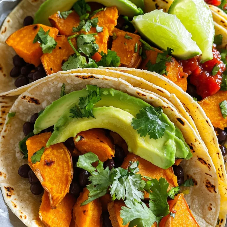 - 2 medium sweet potatoes, peeled and diced - 1 can (15 oz) black beans, rinsed and drained - 1 tablespoon olive oil - 1 teaspoon cumin - 1 teaspoon paprika - 1/2 teaspoon chili powder - Salt and pepper to taste - 8 corn tortillas - 1 avocado, sliced - 1 lime, cut into wedges - Fresh cilantro, for garnish - Optional: Salsa or hot sauce for serving These ingredients come together to create a tasty and healthy taco. Sweet potatoes are the star. They add a natural sweetness and great texture. Black beans boost protein and fiber. Olive oil helps the spices stick and adds flavor. I love using cumin, paprika, and chili powder for a warm spice mix. These spices bring out the best in the sweet potatoes. Salt and pepper balance the flavors. Corn tortillas are the perfect wrap. They hold everything nicely. Toppings like avocado, lime, and cilantro add freshness. You can also add salsa or hot sauce for a kick. With these ingredients, you can make delightful tacos that are both satisfying and nutritious. First, preheat your air fryer to 400°F (200°C). This step helps cook the sweet potatoes evenly. Next, take the diced sweet potatoes and place them in a large mixing bowl. Add 1 tablespoon of olive oil, 1 teaspoon of cumin, 1 teaspoon of paprika, and 1/2 teaspoon of chili powder. Sprinkle in salt and pepper to taste. Toss everything well until the sweet potatoes are fully coated. This mix brings out the flavors. Now, it’s time to cook the sweet potatoes. Place the seasoned sweet potatoes in the air fryer basket. Set your timer for 15 minutes. It’s important to shake the basket halfway through to ensure even cooking. Keep an eye on them. You want them tender and slightly crispy. After cooking, remove them from the air fryer and mix with the rinsed black beans in a bowl. To warm the corn tortillas, place them in the air fryer for about 2-3 minutes. This step makes them soft and pliable. Once warmed, it’s time to assemble your tacos. Divide the sweet potato and black bean mix among the tortillas. Top each taco with sliced avocado and a squeeze of fresh lime juice. Add some cilantro for a nice touch. If you like a kick, drizzle on your favorite salsa or hot sauce. Enjoy your delicious creation! To get the best results, set your air fryer to 400°F (200°C). This high heat helps sweet potatoes get crispy. Avoid overcrowding the basket. If you add too many sweet potatoes, they won't cook evenly. Cook in batches if needed. You can switch black beans for pinto beans or chickpeas. This change adds a new taste. Feel free to experiment with spices, too. Try adding cayenne for extra heat or smoked paprika for a deeper flavor. For vegan and gluten-free options, use corn tortillas and check bean labels. Most canned beans are gluten-free. When serving, stack the tacos on a plate. Add avocado slices on top for a pop of color. Garnish with fresh cilantro for an herb touch. Serve lime wedges on the side for a zesty squeeze. Pair these tacos with a fresh salad or rice for a complete meal. You can also add chips and salsa for a fun crunch. {{image_2}} You can easily add more protein to your tacos. Try cooked chicken, beef, or shrimp. For a plant-based option, use tofu or tempeh. Simply season them with spices like cumin and paprika. This adds flavor and boosts nutrition. Experiment with different seasonings to change the taste. You can use garlic powder or onion powder for depth. For a zesty kick, add lime zest or chili flakes. Toppings are key too! Consider pickled onions, shredded lettuce, or diced tomatoes. Each adds a unique flavor and crunch. Don't be afraid to switch up your tortillas. Use flour, whole wheat, or even lettuce wraps. Each choice gives a different texture. You can also mix other veggies into your filling. Try bell peppers, corn, or zucchini for added nutrition and flavor. After enjoying your tacos, store any leftovers right away. Place them in an airtight container. You can keep them in the fridge for up to three days. Make sure to separate the sweet potato and black bean mix from the tortillas. This keeps the tortillas from getting soggy. If you want to store them longer, freezing is a great option. Wrap each taco tightly in plastic wrap. Then, place them in a freezer bag. You can freeze them for up to three months. When it's time to enjoy your leftovers, reheating is key. The best way to reheat these tacos is in the air fryer. Set the air fryer to 350°F (175°C). Reheat them for about 5-7 minutes. This helps keep the outer layer crispy. If you don’t have an air fryer, you can use a skillet. Heat the skillet over medium heat. Place the tacos in the skillet for about 3-4 minutes on each side. To keep the toppings fresh, it’s best to add them just before serving. If you have leftover sliced avocado, store it in lemon juice to prevent browning. Keep your cilantro and lime wedges in the fridge too. This way, you can enjoy fresh flavors with each bite! Sweet potatoes cook in about 15 minutes in an air fryer at 400°F. Start by peeling and dicing them. Toss them with olive oil and spices. Place the sweet potatoes in the air fryer basket and cook. Remember to shake the basket halfway through. This helps them cook evenly and get crispy. Yes, you can use other beans! Pinto beans, kidney beans, or chickpeas work well too. Each bean brings a different flavor and texture. Just make sure to rinse and drain canned beans before adding them. This keeps your tacos fresh and tasty. These tacos pair well with various side dishes. Here are some ideas: - Mexican rice for a hearty addition - A fresh salad with lime dressing - Grilled corn on the cob for a sweet crunch - Chips with guacamole for an extra treat These sides enhance your meal and add more flavor to your tacos. You now know how to make tasty sweet potato tacos using an air fryer. We covered ingredients, step-by-step cooking, and smart tips. Personalize your tacos with different flavors and toppings. Don't forget about storage and reheating for leftovers. These tacos are not just easy; they are also fun to make. Enjoy experimenting and creating your own taco style. Happy cooking, and may your meals be delicious!