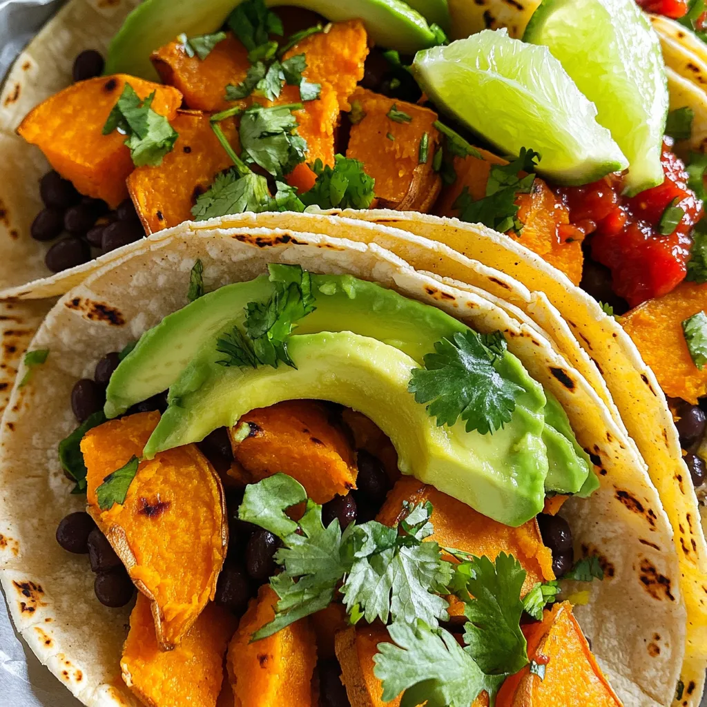 - 2 medium sweet potatoes, peeled and diced - 1 can (15 oz) black beans, rinsed and drained - 1 tablespoon olive oil - 1 teaspoon cumin - 1 teaspoon paprika - 1/2 teaspoon chili powder - Salt and pepper to taste - 8 corn tortillas - 1 avocado, sliced - 1 lime, cut into wedges - Fresh cilantro, for garnish - Optional: Salsa or hot sauce for serving These ingredients come together to create a tasty and healthy taco. Sweet potatoes are the star. They add a natural sweetness and great texture. Black beans boost protein and fiber. Olive oil helps the spices stick and adds flavor. I love using cumin, paprika, and chili powder for a warm spice mix. These spices bring out the best in the sweet potatoes. Salt and pepper balance the flavors. Corn tortillas are the perfect wrap. They hold everything nicely. Toppings like avocado, lime, and cilantro add freshness. You can also add salsa or hot sauce for a kick. With these ingredients, you can make delightful tacos that are both satisfying and nutritious. First, preheat your air fryer to 400°F (200°C). This step helps cook the sweet potatoes evenly. Next, take the diced sweet potatoes and place them in a large mixing bowl. Add 1 tablespoon of olive oil, 1 teaspoon of cumin, 1 teaspoon of paprika, and 1/2 teaspoon of chili powder. Sprinkle in salt and pepper to taste. Toss everything well until the sweet potatoes are fully coated. This mix brings out the flavors. Now, it’s time to cook the sweet potatoes. Place the seasoned sweet potatoes in the air fryer basket. Set your timer for 15 minutes. It’s important to shake the basket halfway through to ensure even cooking. Keep an eye on them. You want them tender and slightly crispy. After cooking, remove them from the air fryer and mix with the rinsed black beans in a bowl. To warm the corn tortillas, place them in the air fryer for about 2-3 minutes. This step makes them soft and pliable. Once warmed, it’s time to assemble your tacos. Divide the sweet potato and black bean mix among the tortillas. Top each taco with sliced avocado and a squeeze of fresh lime juice. Add some cilantro for a nice touch. If you like a kick, drizzle on your favorite salsa or hot sauce. Enjoy your delicious creation! To get the best results, set your air fryer to 400°F (200°C). This high heat helps sweet potatoes get crispy. Avoid overcrowding the basket. If you add too many sweet potatoes, they won't cook evenly. Cook in batches if needed. You can switch black beans for pinto beans or chickpeas. This change adds a new taste. Feel free to experiment with spices, too. Try adding cayenne for extra heat or smoked paprika for a deeper flavor. For vegan and gluten-free options, use corn tortillas and check bean labels. Most canned beans are gluten-free. When serving, stack the tacos on a plate. Add avocado slices on top for a pop of color. Garnish with fresh cilantro for an herb touch. Serve lime wedges on the side for a zesty squeeze. Pair these tacos with a fresh salad or rice for a complete meal. You can also add chips and salsa for a fun crunch. {{image_2}} You can easily add more protein to your tacos. Try cooked chicken, beef, or shrimp. For a plant-based option, use tofu or tempeh. Simply season them with spices like cumin and paprika. This adds flavor and boosts nutrition. Experiment with different seasonings to change the taste. You can use garlic powder or onion powder for depth. For a zesty kick, add lime zest or chili flakes. Toppings are key too! Consider pickled onions, shredded lettuce, or diced tomatoes. Each adds a unique flavor and crunch. Don't be afraid to switch up your tortillas. Use flour, whole wheat, or even lettuce wraps. Each choice gives a different texture. You can also mix other veggies into your filling. Try bell peppers, corn, or zucchini for added nutrition and flavor. After enjoying your tacos, store any leftovers right away. Place them in an airtight container. You can keep them in the fridge for up to three days. Make sure to separate the sweet potato and black bean mix from the tortillas. This keeps the tortillas from getting soggy. If you want to store them longer, freezing is a great option. Wrap each taco tightly in plastic wrap. Then, place them in a freezer bag. You can freeze them for up to three months. When it's time to enjoy your leftovers, reheating is key. The best way to reheat these tacos is in the air fryer. Set the air fryer to 350°F (175°C). Reheat them for about 5-7 minutes. This helps keep the outer layer crispy. If you don’t have an air fryer, you can use a skillet. Heat the skillet over medium heat. Place the tacos in the skillet for about 3-4 minutes on each side. To keep the toppings fresh, it’s best to add them just before serving. If you have leftover sliced avocado, store it in lemon juice to prevent browning. Keep your cilantro and lime wedges in the fridge too. This way, you can enjoy fresh flavors with each bite! Sweet potatoes cook in about 15 minutes in an air fryer at 400°F. Start by peeling and dicing them. Toss them with olive oil and spices. Place the sweet potatoes in the air fryer basket and cook. Remember to shake the basket halfway through. This helps them cook evenly and get crispy. Yes, you can use other beans! Pinto beans, kidney beans, or chickpeas work well too. Each bean brings a different flavor and texture. Just make sure to rinse and drain canned beans before adding them. This keeps your tacos fresh and tasty. These tacos pair well with various side dishes. Here are some ideas: - Mexican rice for a hearty addition - A fresh salad with lime dressing - Grilled corn on the cob for a sweet crunch - Chips with guacamole for an extra treat These sides enhance your meal and add more flavor to your tacos. You now know how to make tasty sweet potato tacos using an air fryer. We covered ingredients, step-by-step cooking, and smart tips. Personalize your tacos with different flavors and toppings. Don't forget about storage and reheating for leftovers. These tacos are not just easy; they are also fun to make. Enjoy experimenting and creating your own taco style. Happy cooking, and may your meals be delicious!
