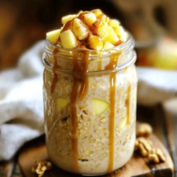- 1 cup rolled oats - 1 cup almond milk - 1 medium apple, diced - 2 tablespoons caramel sauce These main ingredients form the base of your caramel apple overnight oats. The rolled oats provide fiber and keep you full. Almond milk adds creaminess without extra calories. Diced apple gives a nice crunch and natural sweetness. Caramel sauce brings in that rich, sweet flavor we all love. - 1 tablespoon chia seeds - 1/2 teaspoon cinnamon - 1 tablespoon maple syrup (optional) - Toppings: chopped walnuts, extra caramel sauce, apple slices Optional ingredients let you customize your oats. Chia seeds add more fiber and healthy fats. Cinnamon gives a warm spice that pairs well with apple and caramel. Maple syrup can boost sweetness if you like it sweeter. Toppings like walnuts add crunch and extra flavor. Enjoy experimenting with these options to make your oats just right! 1. In a medium bowl or jar, combine the rolled oats, almond milk, chia seeds, cinnamon, and a pinch of salt. Stir well to mix everything together. 2. Next, gently fold in the diced apple. Ensure the apple pieces spread evenly in the mixture. 3. Drizzle the caramel sauce over the oat mix. If you like it sweeter, add the maple syrup and stir until everything is blended. 1. Cover the bowl or seal the jar with a lid. Refrigerate overnight or for at least six hours. This soaking time helps the oats absorb the liquid and become soft. 1. In the morning, stir the mixture again. If it feels too thick, add a splash of milk to reach your desired consistency. 2. Serve in bowls or keep it in the jar for a quick breakfast. Top with chopped walnuts, extra caramel sauce, and apple slices for a tasty finish. Choosing the right apple is key. I recommend using Granny Smith apples. They add a nice tartness that balances the sweetness from the caramel. If you prefer a sweeter taste, you can try Fuji or Honeycrisp apples. They are crisp and juicy, making your overnight oats exciting. Adjusting sweetness levels is simple. Start with the caramel sauce and the optional maple syrup. If you like it sweeter, add more maple syrup. Remember, you can always add more, but you can't take it out once it's in. Taste as you go to find your perfect blend. Best practices for keeping oats fresh include using airtight containers. A mason jar works great. Make sure you seal it tightly. This keeps your oats from drying out or absorbing other smells in the fridge. For reheating, you can simply warm them in the microwave. Add a splash of milk to make them creamy again. Heat for about 30 seconds, stir, and check the temperature. Enjoy them warm for a cozy breakfast treat! {{image_2}} You can change the taste of your caramel apple overnight oats easily. One fun way is to add nut butters. Almond or peanut butter adds a creamy touch. You can also mix in flavored yogurt. This adds richness and a new flavor twist. Different fruits can also enhance your oats. Try adding bananas, pears, or berries. Each fruit gives a new taste and different nutrients. You can even mix fruits for a fun combo. For a tart kick, stick with Granny Smith apples. They keep the flavor bright and fresh. If you want a dairy-free choice, use plant-based milk. Almond milk is a great option, but you can pick oat or soy milk too. They all work well in this recipe and keep it creamy. For those who need gluten-free options, choose gluten-free oats. Many brands offer gluten-free rolled oats. These oats give the same texture and taste without gluten. It’s a simple swap that keeps your breakfast tasty! To keep your caramel apple overnight oats fresh, store them in the refrigerator. Use a mason jar or an airtight container. This keeps the oats from drying out and helps maintain flavor. If you want to make a big batch, you can store them in separate jars. This way, you have quick breakfast options ready to go. You can also freeze your overnight oats. Use freezer-safe containers or jars. Just leave some space at the top. The oats will expand as they freeze. When you're ready to eat, take them out and thaw in the fridge overnight. Caramel apple overnight oats last about 4 to 5 days in the fridge. If you notice the oats smell sour or have an odd color, it’s best to throw them away. Also, check for any mold. If you see any, do not eat them. Always trust your senses to keep your meals safe and delicious. Yes, you can use quick oats. They will soak faster than rolled oats. Quick oats may become softer and mushier. If you like a firmer texture, stick with rolled oats. These oats last up to five days in the fridge. Store them in a sealed jar or container. The oats may thicken over time, so add a splash of milk to adjust. Absolutely! You can prep these oats up to five days in advance. Just make sure to store them properly in the fridge. This makes for an easy breakfast option during a busy week. In this blog post, we covered making caramel apple overnight oats. You learned about key ingredients like rolled oats, almond milk, and topping options. We discussed preparation steps, refrigeration, and serving tips for the best taste. Remember, you can customize these oats with fruits and nut butters. Store them correctly to keep them fresh. Try different flavors for fun variations. Enjoy creating your own tasty versions!