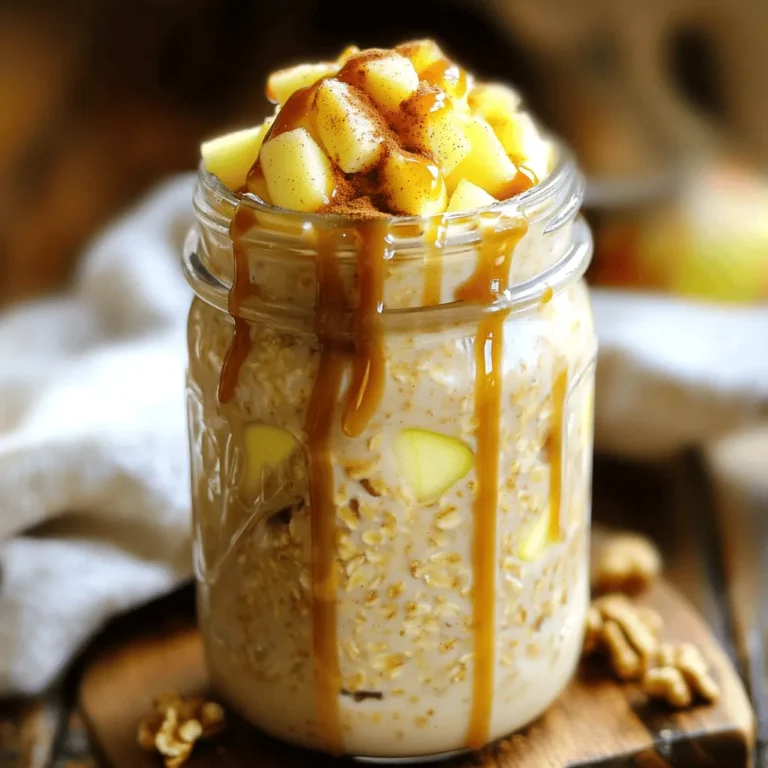 - 1 cup rolled oats - 1 cup almond milk - 1 medium apple, diced - 2 tablespoons caramel sauce These main ingredients form the base of your caramel apple overnight oats. The rolled oats provide fiber and keep you full. Almond milk adds creaminess without extra calories. Diced apple gives a nice crunch and natural sweetness. Caramel sauce brings in that rich, sweet flavor we all love. - 1 tablespoon chia seeds - 1/2 teaspoon cinnamon - 1 tablespoon maple syrup (optional) - Toppings: chopped walnuts, extra caramel sauce, apple slices Optional ingredients let you customize your oats. Chia seeds add more fiber and healthy fats. Cinnamon gives a warm spice that pairs well with apple and caramel. Maple syrup can boost sweetness if you like it sweeter. Toppings like walnuts add crunch and extra flavor. Enjoy experimenting with these options to make your oats just right! 1. In a medium bowl or jar, combine the rolled oats, almond milk, chia seeds, cinnamon, and a pinch of salt. Stir well to mix everything together. 2. Next, gently fold in the diced apple. Ensure the apple pieces spread evenly in the mixture. 3. Drizzle the caramel sauce over the oat mix. If you like it sweeter, add the maple syrup and stir until everything is blended. 1. Cover the bowl or seal the jar with a lid. Refrigerate overnight or for at least six hours. This soaking time helps the oats absorb the liquid and become soft. 1. In the morning, stir the mixture again. If it feels too thick, add a splash of milk to reach your desired consistency. 2. Serve in bowls or keep it in the jar for a quick breakfast. Top with chopped walnuts, extra caramel sauce, and apple slices for a tasty finish. Choosing the right apple is key. I recommend using Granny Smith apples. They add a nice tartness that balances the sweetness from the caramel. If you prefer a sweeter taste, you can try Fuji or Honeycrisp apples. They are crisp and juicy, making your overnight oats exciting. Adjusting sweetness levels is simple. Start with the caramel sauce and the optional maple syrup. If you like it sweeter, add more maple syrup. Remember, you can always add more, but you can't take it out once it's in. Taste as you go to find your perfect blend. Best practices for keeping oats fresh include using airtight containers. A mason jar works great. Make sure you seal it tightly. This keeps your oats from drying out or absorbing other smells in the fridge. For reheating, you can simply warm them in the microwave. Add a splash of milk to make them creamy again. Heat for about 30 seconds, stir, and check the temperature. Enjoy them warm for a cozy breakfast treat! {{image_2}} You can change the taste of your caramel apple overnight oats easily. One fun way is to add nut butters. Almond or peanut butter adds a creamy touch. You can also mix in flavored yogurt. This adds richness and a new flavor twist. Different fruits can also enhance your oats. Try adding bananas, pears, or berries. Each fruit gives a new taste and different nutrients. You can even mix fruits for a fun combo. For a tart kick, stick with Granny Smith apples. They keep the flavor bright and fresh. If you want a dairy-free choice, use plant-based milk. Almond milk is a great option, but you can pick oat or soy milk too. They all work well in this recipe and keep it creamy. For those who need gluten-free options, choose gluten-free oats. Many brands offer gluten-free rolled oats. These oats give the same texture and taste without gluten. It’s a simple swap that keeps your breakfast tasty! To keep your caramel apple overnight oats fresh, store them in the refrigerator. Use a mason jar or an airtight container. This keeps the oats from drying out and helps maintain flavor. If you want to make a big batch, you can store them in separate jars. This way, you have quick breakfast options ready to go. You can also freeze your overnight oats. Use freezer-safe containers or jars. Just leave some space at the top. The oats will expand as they freeze. When you're ready to eat, take them out and thaw in the fridge overnight. Caramel apple overnight oats last about 4 to 5 days in the fridge. If you notice the oats smell sour or have an odd color, it’s best to throw them away. Also, check for any mold. If you see any, do not eat them. Always trust your senses to keep your meals safe and delicious. Yes, you can use quick oats. They will soak faster than rolled oats. Quick oats may become softer and mushier. If you like a firmer texture, stick with rolled oats. These oats last up to five days in the fridge. Store them in a sealed jar or container. The oats may thicken over time, so add a splash of milk to adjust. Absolutely! You can prep these oats up to five days in advance. Just make sure to store them properly in the fridge. This makes for an easy breakfast option during a busy week. In this blog post, we covered making caramel apple overnight oats. You learned about key ingredients like rolled oats, almond milk, and topping options. We discussed preparation steps, refrigeration, and serving tips for the best taste. Remember, you can customize these oats with fruits and nut butters. Store them correctly to keep them fresh. Try different flavors for fun variations. Enjoy creating your own tasty versions!