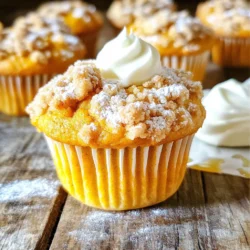 Dry Ingredients - 1 ¾ cups all-purpose flour - 1 teaspoon baking soda - ½ teaspoon baking powder - 1 teaspoon cinnamon - ½ teaspoon nutmeg - ½ teaspoon ginger - ¼ teaspoon salt Wet Ingredients - 1 cup canned pumpkin puree - ¾ cup granulated sugar - ½ cup brown sugar, packed - ½ cup vegetable oil - 2 large eggs - 1 teaspoon vanilla extract Streusel Topping Ingredients - ½ cup all-purpose flour - ⅓ cup brown sugar, packed - ½ teaspoon cinnamon - ¼ cup unsalted butter, melted - ¼ cup rolled oats These ingredients come together to create a tasty pumpkin muffin. Each part plays a role. The dry ingredients give structure. The wet ingredients add flavor and moisture. The streusel topping adds a crunchy, sweet finish. This mix makes the muffins soft and rich. You will love how they smell while baking! Mixing Dry Ingredients Start by whisking together the dry ingredients. In a large bowl, add 1 ¾ cups of all-purpose flour, 1 teaspoon of baking soda, ½ teaspoon of baking powder, 1 teaspoon of cinnamon, ½ teaspoon of nutmeg, ½ teaspoon of ginger, and ¼ teaspoon of salt. This mix gives your muffins a warm spice flavor. Combining Wet Ingredients In another bowl, combine the wet ingredients. Add 1 cup of canned pumpkin puree, ¾ cup of granulated sugar, ½ cup of packed brown sugar, ½ cup of vegetable oil, 2 large eggs, and 1 teaspoon of vanilla extract. Mix well until the mixture is smooth and all ingredients are blended. Merging Wet and Dry Mixtures Next, gently fold the dry mix into the wet ingredients. Pour the dry ingredients into the bowl with the wet mix. Stir until just combined. A few lumps are okay, so do not overmix. This step keeps your muffins light and fluffy. Mixing Dry Ingredients for Streusel To create the streusel topping, start with another bowl. Combine ½ cup of all-purpose flour, ⅓ cup of packed brown sugar, and ½ teaspoon of cinnamon. This mix adds a sweet crunch to your muffins. Adding Melted Butter Pour in ¼ cup of melted unsalted butter to the dry streusel mix. Use a fork to mix until the mixture resembles coarse crumbs. This texture creates those lovely crispy bits on top of your muffins. Achieving a Crumbly Texture Finally, add ¼ cup of rolled oats to the streusel mix. Stir gently until everything is well combined. You want a crumbly mix that will sit nicely on top of the muffin batter. Prepping the Muffin Tin Preheat your oven to 350°F (175°C). Line a 12-cup muffin tin with paper liners or grease it with non-stick spray. This step ensures that your muffins release easily after baking. Filling the Muffin Cups Spoon the muffin batter evenly into the cups. Fill each cup about ¾ full to allow room for rising. This will give you that bakery-style dome on each muffin. Baking Time and Temperature Sprinkle a generous amount of the streusel topping over each muffin. Bake in the preheated oven for 18-20 minutes. Check doneness by inserting a toothpick into the center of a muffin; it should come out clean. Once baked, let them cool in the pan for about 5 minutes before transferring them to a wire rack to cool completely. Key Baking Techniques To get that bakery-style muffin, start with fresh ingredients. Use room-temperature eggs and oil for a better blend. Mix dry and wet ingredients separately. This helps keep the muffins fluffy. Importance of Not Overmixing Mixing too much makes muffins dense. Stir the batter until just combined. Some lumps are okay. This keeps your muffins light and airy, just like the ones from your favorite bakery. Tools and Equipment Recommendations Use a sturdy mixing bowl and a whisk for the batter. A rubber spatula works well for folding ingredients. A muffin tin with liners helps with easy cleanup. An oven thermometer ensures your oven is at the right temp, which is key for perfect baking. Presentation Tips Serve these muffins warm for the best taste. Dust them with powdered sugar for a nice touch. A dollop of whipped cream or maple syrup on the side makes it special. Complementary Accompaniments These muffins pair well with coffee or tea. A warm drink enhances their flavors. You can also serve them with fruit preserves or a light cream cheese spread. Ideal Times for Serving These muffins shine at breakfast or brunch. They’re also great for snacks or dessert. Invite friends over and enjoy them fresh from the oven. {{image_2}} Other Fall Spices You can spice up your muffins with other fall flavors. Try adding a pinch of cloves or allspice. These spices will give your muffins a warm taste that feels like fall. You can also mix in some ground cardamom for a unique twist. Each new spice adds depth and character to your muffins. Chocolate Chip Pumpkin Muffins If you love chocolate, consider adding chocolate chips to your batter. Use semi-sweet or dark chocolate chips for a rich flavor. Simply fold in about one cup of chips after you mix the wet and dry ingredients. This change makes the muffins even more delicious and fun. Kids and adults alike will enjoy this sweet treat. Vegan Pumpkin Streusel Muffins To make these muffins vegan, swap out the eggs and butter. Use flax eggs instead of regular eggs. Mix one tablespoon of ground flaxseed with three tablespoons of water. Let it sit until it thickens. For the butter, use coconut oil or vegan butter. This way, you keep all the flavors and textures without animal products. Gluten-Free Option For a gluten-free version, replace the all-purpose flour with a gluten-free flour blend. Look for blends that work well in baking. Be sure to add a bit of xanthan gum to help with texture. It helps the muffins rise and stay fluffy. This way, everyone can enjoy the muffins, regardless of their dietary needs. Room Temperature Storage You can keep these muffins at room temperature. Place them in an airtight container. They stay fresh for about three days. For best results, store them in a cool and dry place. Avoid direct sunlight, as it can dry them out. Refrigerator Storage If you want to keep them longer, store the muffins in the fridge. They can last up to a week this way. Make sure to place them in a sealed container. This helps prevent them from absorbing odors from other foods. Freezing Instructions To freeze your muffins, first let them cool completely. Then, wrap each muffin tightly in plastic wrap. Place the wrapped muffins in a freezer bag. Remove as much air as possible before sealing. Muffins can be frozen for up to three months. Thawing Tips When you're ready to enjoy a muffin, simply take it out of the freezer. Leave it at room temperature for about an hour. You can also warm it in the microwave for 15-20 seconds. This brings back its fresh-baked taste. Yes, you can use fresh pumpkin. Cook and puree it first. Make sure it is smooth and not too watery. This will give your muffins a fresh taste. It can also enhance the texture. You can use applesauce or mashed banana as a substitute. Each egg can be replaced with ¼ cup of either. This keeps the muffins moist and adds a slight sweetness. Flaxseed meal mixed with water is another great option. Check if a toothpick inserted in the center comes out clean. If it has raw batter on it, bake a few more minutes. The muffins should look golden and puffed up. Don’t forget to let them cool for a few minutes before checking. Yes, you can! Just mix the ingredients and store them in the fridge. This will keep it fresh for a couple of days. When you’re ready to bake, just sprinkle it on top of the muffin batter. For a stronger pumpkin taste, use pumpkin pie spice. You can also add extra pumpkin puree, but be careful not to make the batter too wet. Adding a touch of vanilla can also enhance the flavor. In this post, we explored key ingredients, step-by-step instructions, and handy tips for baking delicious muffins. We discussed how to create a perfect streusel topping and shared ideas for fun variations. Remember, small changes can alter flavor and texture, so feel free to experiment. Store your muffins well to keep them fresh. With these tips, you can bake muffins that impress friends and family. Enjoy your baking journey and create tasty memories!