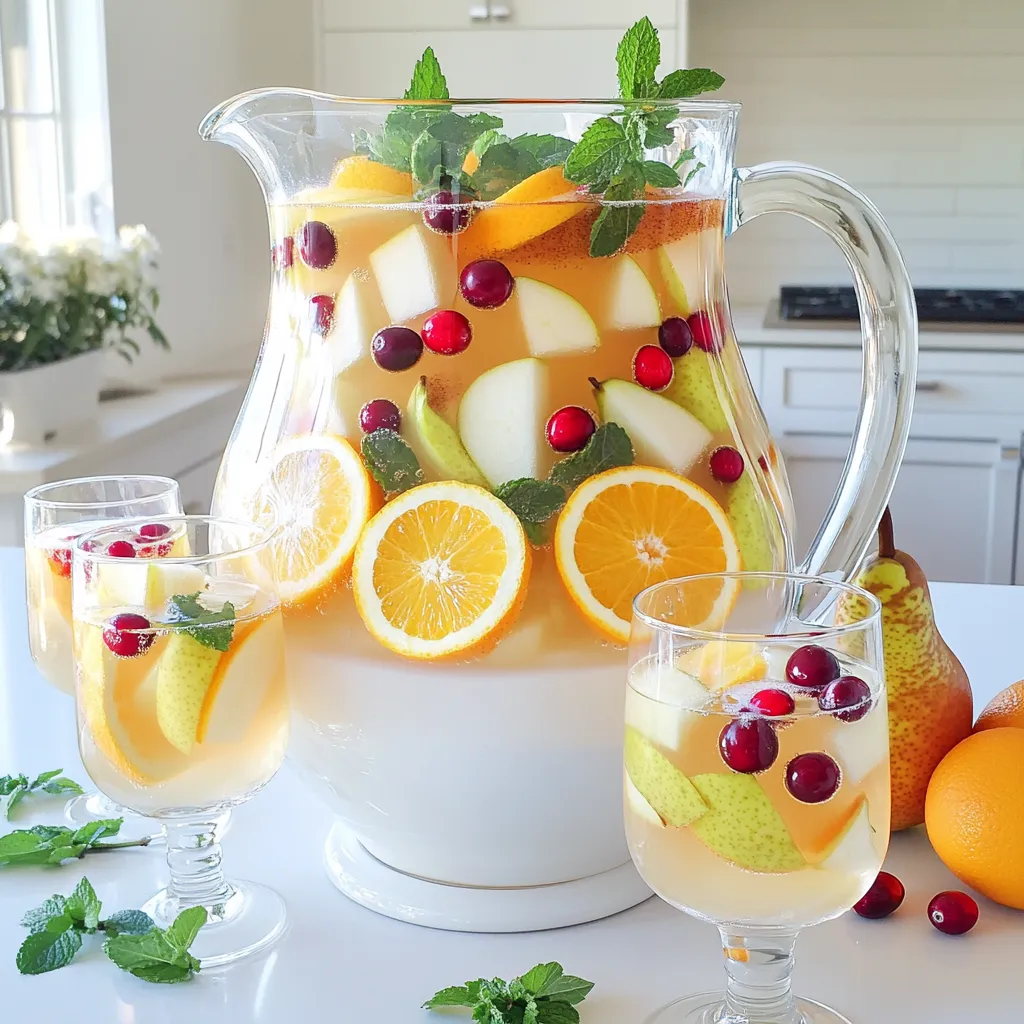 - 4 cups apple cider - 1 cup sparkling water - 1 orange, sliced - 1 lemon, sliced - 1 pear, diced - 1 cup cranberries (fresh or frozen) - 1 teaspoon cinnamon - 1 teaspoon vanilla extract - Fresh mint leaves for garnish For this Apple Cider Sangria Sparkler, we start with apple cider. It gives a sweet and rich base. Use a good quality cider for the best taste. Next, add sparkling water. This adds fizz and makes the drink refreshing. You will need fresh fruits. I like to use an orange, lemon, and pear. These fruits add bright flavors and colors. The cranberries give a nice tartness. You can use fresh or frozen cranberries. Then, we have cinnamon and vanilla extract. These ingredients add warmth and depth. A teaspoon of each is all you need. Finally, fresh mint leaves are great for garnish. They add a pop of green and a nice aroma. You can find all these ingredients at your local grocery store. Enjoy making this drink that captures the essence of fall! First, grab a large pitcher. Pour in 4 cups of apple cider. Add 1 teaspoon of cinnamon and 1 teaspoon of vanilla extract. Stir the mixture well. Make sure the cinnamon blends fully with the cider. Next, slice the orange and lemon. Dice the pear. Toss in 1 cup of cranberries, fresh or frozen. Gently mix the fruits into the cider. This step adds color and flavor. Now, it’s time to chill the mixture. Place the pitcher in the refrigerator for at least 1 hour. This allows the flavors to meld together. Chilling makes the drink refreshing and vibrant. When you’re ready to serve, add 1 cup of sparkling water to the pitcher. Stir gently to combine everything. Pour the sangria into glasses filled with ice. Be sure to include some fruit pieces in each glass. Finally, garnish each drink with fresh mint leaves. This makes it look beautiful and aromatic. Enjoy your Apple Cider Sangria Sparkler! To enhance the taste of your Apple Cider Sangria Sparkler, focus on fresh ingredients. Use high-quality apple cider. This will give your drink a rich, sweet base. You can add more spices too. Try using cloves or nutmeg for a warm touch. If you want a sweeter drink, add a bit of honey or maple syrup. For serving, choose clear glasses. This lets the beautiful colors shine through. You can use tall glasses or even mason jars. Fill each glass with ice first. Then pour in the sangria, making sure to add fruit pieces. Garnish with fresh mint leaves. This will not only look lovely but also add a nice aroma. Prepare your sangria an hour before your guests arrive. This gives time for all the flavors to mix well. If you can, make it the day before. Letting it sit overnight will deepen the taste. Always add the sparkling water just before serving. This keeps the bubbles fresh and lively. Enjoy your drink as you celebrate the fall season! {{image_2}} You can change up the fruits in your Apple Cider Sangria Sparkler. Try using peaches for a sweet twist. Grapes add a nice crunch and flavor. You can also use pomegranate seeds for a pop of color. Think about adding some berries, like blueberries or raspberries, for a tart touch. Apples are always a classic choice too. Use any mix you like to make it your own! Cinnamon is a great spice in this drink, but you can play with it. If you want a bolder flavor, add more cinnamon. You can also try nutmeg for a warm kick. A pinch of ginger gives a fresh vibe. If you love warmth, add allspice to your mix. These spices can change the taste and keep things exciting. To make your sangria even more fun, think about adding wine or spirits. A dry white wine works nicely. You can use sparkling wine for extra fizz. For a stronger drink, consider adding rum or brandy. Just a splash can enhance the flavor. Make sure to taste as you go to find your perfect mix! To keep leftover sangria fresh, always seal it well. Use a lid to cover the pitcher. If you pour it into a bottle, leave some space at the top. This helps prevent oxidation. Chill it right away to keep the flavors bright. Avoid letting it sit out for too long. The best storage containers are glass or plastic bottles. Choose ones with tight-fitting lids. You can also use a large jar. Glass helps keep the taste and look nice. Avoid metal containers as they can change the flavor. Sangria stays good in the fridge for about three days. After that, the fruits may start to break down. The taste will also change. For the best flavor, drink it within two days. Always check for any odd smells or changes before enjoying. Yes, you can make this sangria a few hours before serving. Just follow the steps until you chill it. The flavors blend well when it sits. However, wait to add the sparkling water until right before serving. This keeps the drink bubbly and fresh. For the best taste, use fresh apple cider. Look for cider that is unfiltered and has no added sugars. This gives the sangria a rich and natural flavor. You can also try flavored ciders, like spiced or caramel, for a fun twist. Absolutely! You can skip the alcohol and still enjoy a great drink. Use sparkling water and apple cider as your base. You can also add some grape juice or ginger ale for extra flavor. This way, everyone can enjoy this refreshing fall drink! This blog post detailed how to make delicious apple cider sangria. We covered the ingredients, including fresh fruits and spices. You learned simple steps to prepare, chill, and serve the drink. I shared tips to enhance flavor and suggested variations you can try. Proper storage will keep your sangria fresh. Remember, you can experiment with different fruits and spices to make your sangria unique. Enjoy this drink at your next gathering for a refreshing treat!