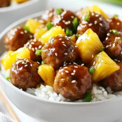 - 1 pound ground beef (or turkey) - 1/2 cup breadcrumbs - 1/4 cup chopped green onions - 1/4 cup fresh cilantro, chopped - 2 cloves garlic, minced - 1 teaspoon ginger, grated - 1 cup teriyaki sauce (store-bought or homemade) - 1 cup pineapple chunks (fresh or canned, drained) - 2 tablespoons soy sauce - 1 tablespoon sesame oil - Salt and pepper to taste - Optional: sesame seeds for garnish The ingredients for Crockpot Pineapple Teriyaki Meatballs are simple yet full of flavor. Start with ground beef or turkey. Both work well, but beef gives a richer taste. The breadcrumbs help bind the meatballs. Fresh green onions and cilantro add a nice crunch and freshness. Garlic and ginger bring warmth and depth. Use fresh garlic and ginger for the best taste. The teriyaki sauce is the star of the dish. It's sweet and savory, coating the meatballs perfectly. You can use store-bought for convenience or make your own for a personal touch. Next, the pineapple chunks add a sweet burst. They balance the savory meatballs. Soy sauce and sesame oil deepen the flavor. Adjust salt and pepper to fit your taste. Finally, sprinkle sesame seeds on top for a nice touch. This mix of ingredients creates a dish that is both tasty and fun. You will love how they come together in the crockpot! {{ingredient_image_1}} To start, gather all your ingredients in a large mixing bowl. You will need: - 1 pound ground beef (or turkey) - 1/2 cup breadcrumbs - 1/4 cup chopped green onions - 1/4 cup fresh cilantro, chopped - 1 egg - 2 cloves garlic, minced - 1 teaspoon ginger, grated - Salt and pepper to taste Mix the ground beef or turkey, breadcrumbs, green onions, cilantro, egg, garlic, ginger, salt, and pepper. Use your hands to combine everything well. Next, form the mixture into small meatballs. Aim for about 1 inch in diameter. You should have around 20 to 25 meatballs. Now, it’s time to cook! First, layer the sauce and meatballs in the crockpot. Pour in 1 cup of teriyaki sauce, 1 cup of pineapple chunks, 2 tablespoons of soy sauce, and 1 tablespoon of sesame oil. Stir gently to mix the sauce. Then, add the meatballs on top. Make sure they are submerged in the sauce. Cover the crockpot. Cook on low for 4 to 6 hours or on high for 2 to 3 hours. The meatballs should be cooked through and tender when done. Once cooked, stir the meatballs in the sauce to coat them evenly. For serving, I recommend putting the meatballs over rice or noodles. This adds a nice base and makes the meal filling. You can also garnish the dish with sesame seeds, more green onions, or cilantro for extra flavor and color. Enjoy your flavorful meal! To make your meatballs burst with flavor, focus on seasoning. I recommend using fresh herbs like cilantro and green onions. If you want a bit more heat, add a pinch of red pepper flakes. You can swap ground beef for turkey to make them leaner. For a gluten-free option, use gluten-free breadcrumbs and soy sauce. These tweaks keep the dish tasty and inclusive. How do you know when meatballs are done? They should be firm and cooked through, reaching an internal temperature of 160°F. If you use a meat thermometer, it helps ensure safety. To keep them from falling apart in the sauce, make sure to mix the meatball ingredients well. Form them tightly and avoid overcooking in the crockpot. Choose a large, wide serving dish for a great look. A white bowl makes the colors pop. For garnishing, sprinkle sesame seeds on top. Add extra green onions or cilantro for a fresh touch. You can even serve them with rice or noodles for a complete meal. These small details make your dish more appealing and fun! Pro Tips Use Fresh Ingredients: For the best flavor, opt for fresh garlic and ginger instead of dried. Fresh herbs like cilantro and green onions also enhance the taste significantly. Customize the Sauce: Feel free to adjust the sweetness of the teriyaki sauce by adding honey or brown sugar if you prefer a sweeter dish or increase the soy sauce for a saltier flavor. Perfect Meatball Size: Keeping your meatballs uniform in size ensures even cooking. Aim for about 1 inch in diameter for consistent results. Garnish Wisely: Enhance the presentation by garnishing with toasted sesame seeds, sliced green onions, or a sprinkle of additional cilantro right before serving. {{image_2}} You can easily swap out the meat in this recipe. If you want a vegetarian or vegan option, use plant-based ground meat. This will give you a similar texture. For a lighter dish, try ground chicken or pork. Both will absorb the flavors well. If you want to make your own teriyaki sauce, it's simple. Mix 1/4 cup soy sauce, 1/4 cup honey, 1 tablespoon rice vinegar, and 1 teaspoon cornstarch. Heat until thickened. For a twist on flavor, add sweet chili sauce or a splash of sriracha. These will add a nice kick! These meatballs taste great over rice or noodles. You can also serve them with steamed broccoli or a fresh salad. For drinks, sweet iced tea or ginger ale works well. A light beer or sake also pairs nicely with these flavors. Enjoy your meal! To store leftovers, let the meatballs cool down. Place them in an airtight container. Keep them in the fridge for up to three days. This helps keep them fresh and tasty. For reheating, use a microwave-safe plate. Add a splash of teriyaki sauce for extra moisture. To freeze the meatballs, place them in a single layer on a baking sheet. Freeze them for about two hours. Once frozen, transfer them to a freezer bag. Seal it tightly and label it. For thawing, place the meatballs in the fridge overnight. Reheat them in the microwave or on the stove. In the fridge, these meatballs stay fresh for about three days. If you freeze them, they can last up to three months. Always check for signs of spoilage before eating. Enjoy your delicious meatballs at any time! How to make meatballs stay moist? To keep meatballs moist, use a mix of ground meat and breadcrumbs. Add an egg to help bind the mixture. This keeps the meatballs tender. Don’t overcook them. Cook until just done. Can I cook this recipe without a crockpot? Yes, you can! Use a large pot on the stove. Brown the meatballs in the pot first. Then add the sauce and pineapple. Simmer on low heat for about 30 minutes. What can I use instead of breadcrumbs? You can use crushed crackers or oats. Ground almonds also work well. These options add flavor and keep the meatballs firm. Can I use a different fruit? Yes! Try using mango or peach chunks instead. They add a sweet twist. You can even use dried fruits, like apricots, for a unique taste. Is this recipe gluten-free? To make it gluten-free, swap breadcrumbs for gluten-free options. Use gluten-free soy sauce too. This way, you can enjoy the dish without worry. Can I make it low-carb? Absolutely! Use ground turkey or chicken for lower fat. Replace breadcrumbs with almond flour. You can also skip the rice and serve the meatballs with veggies instead. This blog post covered a simple and tasty meatball recipe. We explored the key ingredients, cooking steps, and variations to suit your taste. Remember that using fresh herbs and spices enhances flavor. You can adapt this dish to meet dietary needs by switching proteins or sauces. Store leftovers properly to keep them fresh. With these tips, you can enjoy delicious meatballs any time. Experiment and make this recipe your own for a fun meal experience.