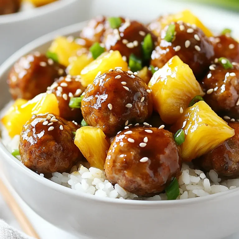 - 1 pound ground beef (or turkey) - 1/2 cup breadcrumbs - 1/4 cup chopped green onions - 1/4 cup fresh cilantro, chopped - 2 cloves garlic, minced - 1 teaspoon ginger, grated - 1 cup teriyaki sauce (store-bought or homemade) - 1 cup pineapple chunks (fresh or canned, drained) - 2 tablespoons soy sauce - 1 tablespoon sesame oil - Salt and pepper to taste - Optional: sesame seeds for garnish The ingredients for Crockpot Pineapple Teriyaki Meatballs are simple yet full of flavor. Start with ground beef or turkey. Both work well, but beef gives a richer taste. The breadcrumbs help bind the meatballs. Fresh green onions and cilantro add a nice crunch and freshness. Garlic and ginger bring warmth and depth. Use fresh garlic and ginger for the best taste. The teriyaki sauce is the star of the dish. It's sweet and savory, coating the meatballs perfectly. You can use store-bought for convenience or make your own for a personal touch. Next, the pineapple chunks add a sweet burst. They balance the savory meatballs. Soy sauce and sesame oil deepen the flavor. Adjust salt and pepper to fit your taste. Finally, sprinkle sesame seeds on top for a nice touch. This mix of ingredients creates a dish that is both tasty and fun. You will love how they come together in the crockpot! {{ingredient_image_1}} To start, gather all your ingredients in a large mixing bowl. You will need: - 1 pound ground beef (or turkey) - 1/2 cup breadcrumbs - 1/4 cup chopped green onions - 1/4 cup fresh cilantro, chopped - 1 egg - 2 cloves garlic, minced - 1 teaspoon ginger, grated - Salt and pepper to taste Mix the ground beef or turkey, breadcrumbs, green onions, cilantro, egg, garlic, ginger, salt, and pepper. Use your hands to combine everything well. Next, form the mixture into small meatballs. Aim for about 1 inch in diameter. You should have around 20 to 25 meatballs. Now, it’s time to cook! First, layer the sauce and meatballs in the crockpot. Pour in 1 cup of teriyaki sauce, 1 cup of pineapple chunks, 2 tablespoons of soy sauce, and 1 tablespoon of sesame oil. Stir gently to mix the sauce. Then, add the meatballs on top. Make sure they are submerged in the sauce. Cover the crockpot. Cook on low for 4 to 6 hours or on high for 2 to 3 hours. The meatballs should be cooked through and tender when done. Once cooked, stir the meatballs in the sauce to coat them evenly. For serving, I recommend putting the meatballs over rice or noodles. This adds a nice base and makes the meal filling. You can also garnish the dish with sesame seeds, more green onions, or cilantro for extra flavor and color. Enjoy your flavorful meal! To make your meatballs burst with flavor, focus on seasoning. I recommend using fresh herbs like cilantro and green onions. If you want a bit more heat, add a pinch of red pepper flakes. You can swap ground beef for turkey to make them leaner. For a gluten-free option, use gluten-free breadcrumbs and soy sauce. These tweaks keep the dish tasty and inclusive. How do you know when meatballs are done? They should be firm and cooked through, reaching an internal temperature of 160°F. If you use a meat thermometer, it helps ensure safety. To keep them from falling apart in the sauce, make sure to mix the meatball ingredients well. Form them tightly and avoid overcooking in the crockpot. Choose a large, wide serving dish for a great look. A white bowl makes the colors pop. For garnishing, sprinkle sesame seeds on top. Add extra green onions or cilantro for a fresh touch. You can even serve them with rice or noodles for a complete meal. These small details make your dish more appealing and fun! Pro Tips Use Fresh Ingredients: For the best flavor, opt for fresh garlic and ginger instead of dried. Fresh herbs like cilantro and green onions also enhance the taste significantly. Customize the Sauce: Feel free to adjust the sweetness of the teriyaki sauce by adding honey or brown sugar if you prefer a sweeter dish or increase the soy sauce for a saltier flavor. Perfect Meatball Size: Keeping your meatballs uniform in size ensures even cooking. Aim for about 1 inch in diameter for consistent results. Garnish Wisely: Enhance the presentation by garnishing with toasted sesame seeds, sliced green onions, or a sprinkle of additional cilantro right before serving. {{image_2}} You can easily swap out the meat in this recipe. If you want a vegetarian or vegan option, use plant-based ground meat. This will give you a similar texture. For a lighter dish, try ground chicken or pork. Both will absorb the flavors well. If you want to make your own teriyaki sauce, it's simple. Mix 1/4 cup soy sauce, 1/4 cup honey, 1 tablespoon rice vinegar, and 1 teaspoon cornstarch. Heat until thickened. For a twist on flavor, add sweet chili sauce or a splash of sriracha. These will add a nice kick! These meatballs taste great over rice or noodles. You can also serve them with steamed broccoli or a fresh salad. For drinks, sweet iced tea or ginger ale works well. A light beer or sake also pairs nicely with these flavors. Enjoy your meal! To store leftovers, let the meatballs cool down. Place them in an airtight container. Keep them in the fridge for up to three days. This helps keep them fresh and tasty. For reheating, use a microwave-safe plate. Add a splash of teriyaki sauce for extra moisture. To freeze the meatballs, place them in a single layer on a baking sheet. Freeze them for about two hours. Once frozen, transfer them to a freezer bag. Seal it tightly and label it. For thawing, place the meatballs in the fridge overnight. Reheat them in the microwave or on the stove. In the fridge, these meatballs stay fresh for about three days. If you freeze them, they can last up to three months. Always check for signs of spoilage before eating. Enjoy your delicious meatballs at any time! How to make meatballs stay moist? To keep meatballs moist, use a mix of ground meat and breadcrumbs. Add an egg to help bind the mixture. This keeps the meatballs tender. Don’t overcook them. Cook until just done. Can I cook this recipe without a crockpot? Yes, you can! Use a large pot on the stove. Brown the meatballs in the pot first. Then add the sauce and pineapple. Simmer on low heat for about 30 minutes. What can I use instead of breadcrumbs? You can use crushed crackers or oats. Ground almonds also work well. These options add flavor and keep the meatballs firm. Can I use a different fruit? Yes! Try using mango or peach chunks instead. They add a sweet twist. You can even use dried fruits, like apricots, for a unique taste. Is this recipe gluten-free? To make it gluten-free, swap breadcrumbs for gluten-free options. Use gluten-free soy sauce too. This way, you can enjoy the dish without worry. Can I make it low-carb? Absolutely! Use ground turkey or chicken for lower fat. Replace breadcrumbs with almond flour. You can also skip the rice and serve the meatballs with veggies instead. This blog post covered a simple and tasty meatball recipe. We explored the key ingredients, cooking steps, and variations to suit your taste. Remember that using fresh herbs and spices enhances flavor. You can adapt this dish to meet dietary needs by switching proteins or sauces. Store leftovers properly to keep them fresh. With these tips, you can enjoy delicious meatballs any time. Experiment and make this recipe your own for a fun meal experience.