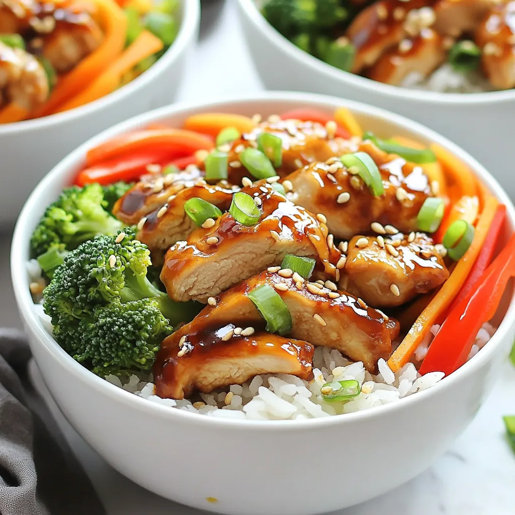 - 2 boneless, skinless chicken breasts - 3/4 cup teriyaki sauce (homemade or store-bought) - 2 cups jasmine rice - 2 cups water - 1 tablespoon olive oil - 1 cup broccoli florets - 1 red bell pepper, sliced - 1 small carrot, julienned - 2 green onions, chopped - Sesame seeds for garnish - Salt and pepper to taste You can change your teriyaki chicken rice bowls to suit your taste. Here are some ideas: - Add snap peas or bell pepper for extra crunch. - Use brown rice for a heartier base. - Try pineapple chunks for sweetness. When you shop for veggies, look for bright colors and firm textures. Here are some quick tips: - For broccoli, choose florets that are dark green and tight. - Pick bell peppers that feel heavy for their size. - Carrots should be crisp and free of soft spots. Fresh produce makes your dish vibrant and tasty. Enjoy the colors and flavors! {{ingredient_image_1}} To start, take the two chicken breasts. Place them in a bowl or a zip-top bag. Pour in the teriyaki sauce until the chicken is fully coated. This step is key for flavor. Let the chicken marinate for at least 30 minutes. If you have time, two hours in the fridge works great too. This lets the chicken soak up all the tasty goodness. Next, rinse your jasmine rice under cold water. Keep rinsing until the water runs clear. This removes extra starch and helps it cook better. In a medium saucepan, add the rinsed rice and two cups of water. Bring this to a boil over medium heat. Once it boils, turn the heat down low. Cover it and let it simmer for 15 minutes. When the time's up, fluff the rice with a fork and keep it covered. Now, it’s time to cook the chicken. Heat a tablespoon of olive oil in a large skillet over medium-high heat. Take the chicken out of the marinade but save the sauce. Place the chicken in the skillet and cook it for about 6-7 minutes on each side. You want it to reach 165°F on a meat thermometer. While the chicken cooks, get your veggies ready. Chop the broccoli, slice the red bell pepper, and julienne the carrot. Once the chicken is cooked, add the reserved teriyaki marinade to the skillet. Toss in the veggies too. Cook everything for another 3-4 minutes. You want the veggies to stay bright and crisp. Slice the chicken into strips and add it back to the skillet. Stir to coat everything in the sauce. Now, you can assemble your rice bowls. Spoon the jasmine rice into bowls and top with the teriyaki chicken and veggies. Finish with chopped green onions and a sprinkle of sesame seeds. Enjoy your yummy meal! To boost flavor, marinate the chicken. Use 3/4 cup of teriyaki sauce. Let the chicken soak for at least 30 minutes. If you have time, marinate for up to 2 hours. This helps the chicken absorb the sauce well. For a homemade twist, mix soy sauce, honey, garlic, and ginger. It tastes fresh and bright. Cook the chicken over medium-high heat. Heat olive oil in your skillet first. Make sure to remove excess marinade before cooking. This prevents burning. Cook each side for 6-7 minutes until it reaches 165°F. Use a meat thermometer for safety. Let the chicken rest for a few minutes before slicing. This keeps it juicy. You can add more veggies for color and nutrition. Try snap peas, bell peppers, or zucchini. Just chop them into bite-sized pieces. Stir-fry with the broccoli and carrots for 3-4 minutes. This keeps them crispy. You can also add spinach or bok choy at the end. They wilt nicely and add flavor. Pro Tips Marinating Time: Allow the chicken to marinate for at least 30 minutes, but for optimal flavor, try to marinate it for up to 2 hours in the refrigerator. Rice Rinsing: Rinse the jasmine rice thoroughly under cold water until the water runs clear to remove excess starch, resulting in fluffier rice. Cooking Temperature: Ensure the skillet is hot enough before adding the chicken to get a nice sear, which locks in moisture and flavor. Vegetable Crunch: Stir-fry the vegetables until they are tender-crisp to retain their vibrant color and nutritional value. {{image_2}} If you want a meat-free meal, try vegetarian teriyaki rice bowls. Replace the chicken with tofu. Tofu absorbs flavors well. Cut it into cubes and marinate it in teriyaki sauce. Then, cook it in the skillet until golden. Add the same veggies, like broccoli and bell pepper. This dish is healthy and still very tasty. You can switch to brown rice for a heartier option. Brown rice has more fiber than jasmine rice. It takes longer to cook, so adjust your time. Rinse it well before cooking. Use two cups of water for every cup of rice. Cook it for about 40-45 minutes until soft. The nutty flavor of brown rice pairs well with teriyaki chicken. Feel free to mix things up with different proteins. Shrimp cooks fast and adds a nice flavor. Use large shrimp and sauté them until pink. Beef works great too. Use thin slices of flank steak and marinate them. Cook them quickly to keep them tender. Each protein brings its unique taste to the dish. Choose what you love best! To store your teriyaki chicken rice bowls, let them cool first. Use an airtight container to keep them fresh. You can place the chicken and veggies on top of the rice in the container. This helps keep the rice from getting soggy. Store them in the fridge for up to three days. When you're ready to eat, you can reheat the bowls. Use the microwave for quick heating. Place the bowl in the microwave and cover it with a damp paper towel. Heat for 1-2 minutes, stirring halfway through. This helps heat the food evenly. You can also reheat in a skillet over low heat. Add a splash of water to keep the rice moist. If you want to freeze your teriyaki chicken rice bowls, make sure they cool completely first. Use freezer-safe containers or bags. Freeze them for up to three months. When you’re ready to enjoy, thaw in the fridge overnight. Then, reheat in the microwave or skillet as mentioned above. This way, you’ll have a tasty meal ready for busy days! The best teriyaki sauce is one that balances sweet and salty. You can choose homemade or store-bought sauces. Look for options with natural ingredients. This ensures better flavor and fewer additives. If you want to try a store-bought sauce, brands with less sugar are often best. You can also explore different flavors, like garlic or ginger, for variety. Yes, you can make teriyaki chicken rice bowls ahead of time. Marinate the chicken and store it in the fridge. Cook the rice and veggies, then keep them in separate containers. This way, you can mix them when ready to serve. The flavors will develop, making your meal even tastier the next day. Just reheat everything before serving. Making homemade teriyaki sauce is easy! Here’s a simple recipe: - 1/2 cup soy sauce - 1/4 cup honey or brown sugar - 1/4 cup rice vinegar - 1 tablespoon sesame oil - 1 garlic clove, minced - 1 teaspoon fresh ginger, grated Mix all ingredients in a small pot over low heat. Stir until the sugar dissolves. Let it cool before using. You can adjust the sweetness or saltiness to your taste. Teriyaki chicken rice bowls pair well with many sides. Here are some great options: - Steamed edamame - Pickled vegetables - Seaweed salad - Sliced cucumbers with rice vinegar - Miso soup These sides add flavor and texture, making your meal more exciting. You can even try different combinations to find your favorite! You learned how to make tasty teriyaki chicken rice bowls. We covered key ingredients, tips for fresh produce, and step-by-step cooking. I shared ideas for variations, like making it vegetarian or using different proteins. You can also store and reheat your food easily. In summary, this dish is flexible and fun to make. Enjoy experimenting with flavors and ingredients. With practice, your meals will impress everyone!