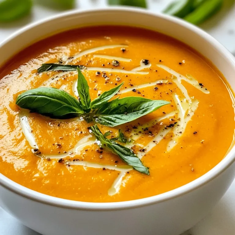 To make this soup, you need a few key items. Here’s the list: - 4 large red bell peppers - 1 medium onion, chopped - 2 cloves garlic, minced - 2 cups vegetable broth - 1 cup heavy cream - 1 cup Gouda cheese, shredded - 2 tablespoons olive oil - 1 teaspoon smoked paprika - Salt and pepper to taste These ingredients create a rich and tasty soup. The red peppers give it a sweet flavor. The Gouda adds creaminess and a nice depth. For a beautiful finish, consider these garnishes: - Fresh basil leaves - A drizzle of olive oil - Extra Gouda cheese Garnishes make the soup look great. They also add more flavor. Here are the tools you will need: - Baking sheet - Pot for cooking - Immersion blender or regular blender - Knife and cutting board Having the right tools helps you cook better. With these tools, you can easily make this delicious soup. {{ingredient_image_1}} First, I preheat the oven to 425°F (220°C). I cut the red bell peppers in half and remove the seeds and stems. Next, I place them skin-side up on a baking sheet. I drizzle olive oil over them and sprinkle with salt. I roast the peppers for about 30 minutes. I look for the skins to be blistered and charred. Once I take them out, I put the peppers in a bowl. I cover the bowl with plastic wrap. This step helps them steam for 10 minutes. Steaming makes it easier to peel off the skins. After steaming, I peel the skins and chop the peppers roughly. In a large pot, I heat 1 tablespoon of olive oil over medium heat. I add the chopped onion and cook until it turns translucent, which takes about 5 minutes. Then, I stir in the minced garlic and smoked paprika. I cook this mix for an extra minute until I can smell the garlic. Next, I add the roasted red peppers and vegetable broth to the pot. I bring the mix to a simmer and let it cook for about 10 minutes. This helps the flavors mix well together. I use an immersion blender to blend the soup until it is smooth. If I don’t have this tool, I carefully transfer the soup to a regular blender in batches. After blending, I return the soup to the pot. Now, I stir in the heavy cream and shredded Gouda cheese. I cook it on low heat while stirring often. I wait until the cheese melts and the soup heats through. Finally, I season it with salt and pepper to taste. Roasting peppers brings out their sweet flavor. Start by choosing large, bright red bell peppers. Cut them in half and remove the seeds and stems. Place them skin-side up on a baking sheet. Drizzle with olive oil and sprinkle with salt. Roast in a preheated oven at 425°F (220°C) for about 30 minutes. The skins should blister and char. This adds depth to your soup. After roasting, cover the peppers in a bowl with plastic wrap for 10 minutes. This helps to steam and loosen the skins for easy peeling. For a smooth, creamy soup, use an immersion blender. Blend the soup until it reaches your desired consistency. If you don't have one, carefully transfer the soup to a regular blender in small batches. Be cautious, as hot soup can splash. Once blended, return the soup to the pot. Stir in heavy cream and Gouda cheese on low heat. This helps the cheese melt evenly, creating that rich, creamy texture you want. Seasoning can elevate your soup. Use smoked paprika for a subtle smoky taste. Salt and pepper are essential for balancing flavors. Taste the soup before serving and adjust as needed. Fresh basil leaves make a great garnish. They add a pop of color and freshness. You can also try adding a dash of cayenne pepper for heat or a sprinkle of lemon juice for brightness. Feel free to experiment to find your favorite flavor balance! Pro Tips Roasting Peppers: Roasting the peppers until the skins are charred enhances their sweetness and adds a smoky flavor to the soup. Steaming for Easier Peeling: Covering the roasted peppers to steam helps loosen the skins, making them much easier to peel off. Using Fresh Ingredients: For the best flavor, use fresh garlic and herbs. Fresh ingredients can elevate the taste of your soup significantly. Blending Tips: If using a regular blender, allow the soup to cool slightly before blending to prevent splattering and burns. {{image_2}} You can make this soup heartier by adding protein. Chicken or beans work well. For chicken, cook it in the pot before adding the onions. Shred the cooked chicken and mix it in with the soup. If you prefer beans, add a can of drained white beans when you add the roasted peppers. Both options add flavor and keep you full. To make this soup vegan, swap the heavy cream with coconut milk or cashew cream. Use a vegan cheese instead of Gouda. You can also replace the vegetable broth with homemade nut broth for a richer taste. These swaps keep the soup creamy while sticking to a plant-based diet. You can elevate the flavor with herbs and spices. Fresh basil adds a nice touch. You can also try adding thyme or oregano for an herbal kick. For a spicy twist, sprinkle in red pepper flakes. Each adds a unique layer to the soup, making it even more delightful. After you enjoy your Roasted Red Pepper Gouda Soup, store the leftovers. Let the soup cool down to room temperature. Then, place it in an airtight container. It will stay fresh in the fridge for about 3 to 4 days. If you want to keep it longer, consider freezing it. To freeze the soup, use a freezer-safe container. Leave some space at the top for expansion. You can also use freezer bags. Make sure you squeeze out the air before sealing. The soup can last up to 3 months in the freezer. When you’re ready to eat it, just thaw it in the fridge overnight. When reheating your soup, do it slowly. Pour the soup into a pot over low heat. Stir it often to avoid sticking. If the soup is too thick, add a splash of vegetable broth or water. You can also use a microwave. Heat it in short bursts, stirring in between. This will help it heat evenly and stay creamy. Yes, you can try other cheeses. Some great options are sharp cheddar, cream cheese, or even feta. Each cheese will give a unique flavor. If you like a stronger taste, use aged cheese. For a milder flavor, try fresh cheese. Make sure to melt it well to keep the soup smooth. Roasted Red Pepper Gouda Soup lasts about 3 to 5 days in the fridge. Store it in an airtight container to keep it fresh. If you notice any changes in smell or color, it’s best to toss it out. Always reheat it until hot before eating. You can serve this soup with many sides. Grilled cheese sandwiches pair perfectly. A fresh salad adds a nice crunch. You can also try crusty bread for dipping. If you want something light, serve with a fruit salad. Each option complements the soup well. In this post, we explored how to make roasted red pepper Gouda soup. We covered the key ingredients, steps to prepare, and useful tips. I shared variations for adding protein and flavor. Storing and reheating options help you enjoy this dish later. This soup is tasty and versatile. With a few ingredients, you can create a meal that warms the soul. I hope you try this recipe soon and enjoy every bite!