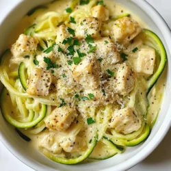 - 2 medium zucchinis, spiralized into noodles - 1 pound boneless, skinless chicken breast, cubed - 1 tablespoon olive oil - Salt and pepper, to taste - 1 cup heavy cream - 1 cup grated parmesan cheese - 2 cloves garlic, minced - 1 teaspoon garlic powder - 1/2 teaspoon nutmeg - Fresh parsley, chopped (for garnish) You can swap out heavy cream for coconut milk if you want a lighter dish. For dairy-free options, use nutritional yeast instead of parmesan cheese. If you don’t have zucchinis, you can use spaghetti squash or even carrots for a different twist. Chicken can also be replaced with shrimp or tofu for a fun change. This dish serves about four people. Each serving has around 400 calories. You get 25 grams of protein from the chicken and cheese, which helps keep you full. The zucchinis add fiber, which is great for digestion. This meal is rich in vitamins A and C, thanks to the zucchini and parsley. It’s a balanced dish that gives you energy and keeps meals exciting. {{ingredient_image_1}} First, take two medium zucchinis. Use a spiralizer to turn them into noodles. This tool makes nice, thin strands that look just like pasta. Once you spiralize the zucchinis, set them aside on a plate. They will wait for their turn in the pan. Zucchini noodles cook fast, so you want to prepare them first. Next, grab a large skillet and pour in one tablespoon of olive oil. Heat it on medium heat. When the oil is hot, add one pound of cubed, boneless chicken breast. Season the chicken with salt and pepper. Cook it for about 6 to 8 minutes. Stir often until the chicken looks golden brown and is no longer pink inside. Once done, take the chicken out of the pan and place it on a plate. In the same skillet, add two cloves of minced garlic. Sauté the garlic for about one minute. You want it to smell good but not burn. Then, pour in one cup of heavy cream. Stir it well and let it simmer for 2 to 3 minutes. This helps the flavors mix. Slowly whisk in one cup of grated parmesan cheese, one teaspoon of garlic powder, and half a teaspoon of nutmeg. Keep stirring until the cheese melts and the sauce thickens a bit. Now, add the zucchini noodles to the sauce. Toss them around for 2 to 3 minutes. You want them coated in that creamy goodness. They should be tender but still crunchy. Finally, return the cooked chicken to the skillet. Mix everything together until it is hot and well combined. Taste the dish and add more salt or pepper if needed. Enjoy your creamy Zucchini Noodle Chicken Alfredo! To get the best texture for zucchini noodles, start with fresh zucchinis. Look for ones that are firm and smooth. After spiralizing, you can lightly salt the noodles. This helps draw out extra water, making them less soggy. Let them sit for about 10 minutes, then pat them dry with a paper towel. When cooking, keep the heat at medium. This way, the noodles stay tender but still have a nice crunch. Remember, overcooking can turn them mushy, so aim for just 2-3 minutes in the skillet. Seasoning can elevate your dish. For this Zucchini Noodle Chicken Alfredo, salt and pepper are key. They bring out the flavors of the chicken and sauce. I also love adding nutmeg; it gives a warm touch to the cream. If you want a kick, try adding red pepper flakes. Fresh herbs like parsley can add brightness. You can mix in basil or oregano for a different flavor profile. Always taste your dish as you go. Adjust the seasoning until it’s just right for you. A few simple mistakes can affect your dish. First, don’t skip the salting step for the zucchini noodles. It’s important! Next, be careful not to add the zucchini too early. They should join the sauce toward the end of cooking. Another mistake is using too much heat. High heat can make the cream sauce split. Lastly, don’t forget to taste your sauce before serving. It’s easy to overlook, but it makes a big difference. Avoiding these common pitfalls will lead to a delicious meal. Pro Tips Spiralizing Technique: To achieve the best texture, slightly press the zucchini while spiralizing to create uniform noodles. Chicken Cooking Tips: Ensure the chicken is cooked to an internal temperature of 165°F for safety and optimal tenderness. Thickening the Sauce: If your sauce is too thin, let it simmer a bit longer before adding the zucchini noodles to help it thicken. Storage Suggestions: Store any leftovers in an airtight container in the fridge, and consume them within 2-3 days for best flavor. {{image_2}} You can make Zucchini Noodle Chicken Alfredo even better by adding more veggies. Try adding spinach or bell peppers. They add color and nutrients to your meal. Simply chop them and add them to the pan after the chicken cooks. Cook them for a few minutes until they're soft. You can also add broccoli or peas for a nice crunch. Mixing in vegetables helps you get your daily vitamins while keeping the dish tasty. If you want to change the protein, there are great options. You can use shrimp instead of chicken. Just sauté the shrimp until they're pink and cooked through. Tofu is another great choice. Use firm tofu, and make sure to press it to remove extra water. Cut it into cubes and cook it like the chicken. This way, everyone can enjoy a protein they like. To make a dairy-free version, swap the heavy cream and cheese. Use coconut milk for a creamy base. Almond milk is another good choice but may be thinner. Nutritional yeast can replace the parmesan cheese for a cheesy flavor. Add a squeeze of lemon to brighten the dish. These changes make it vegan-friendly without losing the rich taste of Alfredo. Enjoy every bite while sticking to your dietary needs! Store any leftover Zucchini Noodle Chicken Alfredo in an airtight container. This helps keep the dish fresh. Place the container in the fridge. It will last for 3 to 4 days. Make sure to let it cool down before sealing it. This helps avoid extra moisture inside the container. When it’s time to eat your leftovers, reheat gently. Use a skillet over medium heat. Add a splash of cream or broth to help keep the dish moist. Stir it often to heat evenly. You can also use a microwave. Heat it in short bursts, around 30 seconds each time. Stir after each burst to avoid hot spots. You can freeze Zucchini Noodle Chicken Alfredo, but it may change texture. To freeze, let the dish cool completely. Then, place it in a freezer-safe container. It can last for up to 2 months. When ready to eat, thaw it in the fridge overnight. Reheat gently as described above for the best taste. Yes, you can use regular pasta. Cook it according to the package instructions. However, zucchini noodles are a great low-carb option. They add freshness and nutrition to the dish. Plus, they soak up the creamy sauce well. If you want a lighter meal, stick with zucchini noodles. To lower calories, you can use less cream. Swap heavy cream for a lighter option, like half-and-half. You can also reduce the amount of cheese. Using less cheese still gives you good flavor. Another tip is to add more veggies. Spinach or bell peppers can add volume and nutrients without many calories. The best way to spiralize zucchini is with a spiralizer. A handheld spiralizer is easy to use. Just cut off the ends of the zucchini and twist it into the spiralizer. If you don’t have one, you can use a vegetable peeler to make thin strips. Aim for thin noodles for a better texture in the dish. In this blog post, we explored all the key ingredients for a delicious dish. I detailed how to prepare zucchini noodles, cook chicken, and create a creamy Alfredo sauce. We also discussed tips to perfect the texture, season your meal, and avoid common mistakes. You learned about variations, storage, and answered frequent questions. By following these steps, you can enjoy a savory, healthy meal. Keep it fresh, try new flavors, and enjoy your cooking journey!