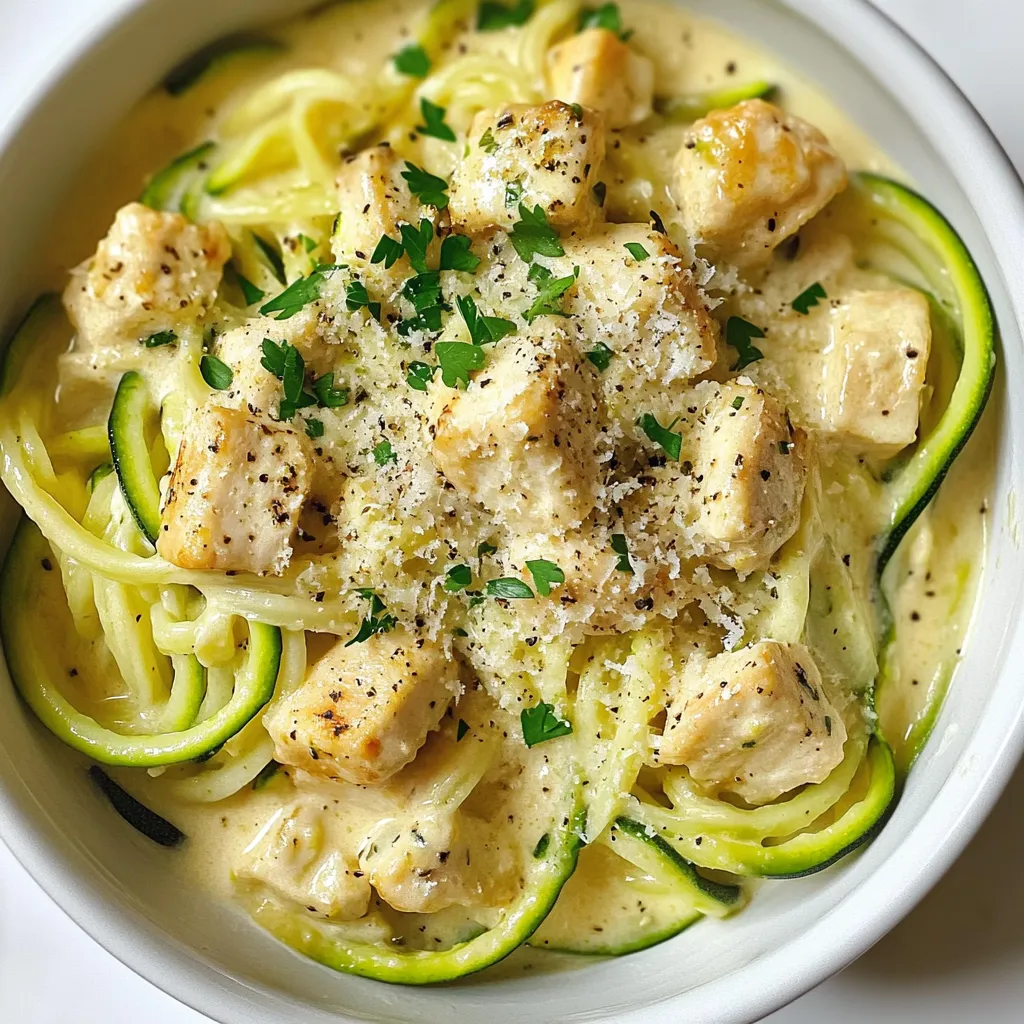 - 2 medium zucchinis, spiralized into noodles - 1 pound boneless, skinless chicken breast, cubed - 1 tablespoon olive oil - Salt and pepper, to taste - 1 cup heavy cream - 1 cup grated parmesan cheese - 2 cloves garlic, minced - 1 teaspoon garlic powder - 1/2 teaspoon nutmeg - Fresh parsley, chopped (for garnish) You can swap out heavy cream for coconut milk if you want a lighter dish. For dairy-free options, use nutritional yeast instead of parmesan cheese. If you don’t have zucchinis, you can use spaghetti squash or even carrots for a different twist. Chicken can also be replaced with shrimp or tofu for a fun change. This dish serves about four people. Each serving has around 400 calories. You get 25 grams of protein from the chicken and cheese, which helps keep you full. The zucchinis add fiber, which is great for digestion. This meal is rich in vitamins A and C, thanks to the zucchini and parsley. It’s a balanced dish that gives you energy and keeps meals exciting. {{ingredient_image_1}} First, take two medium zucchinis. Use a spiralizer to turn them into noodles. This tool makes nice, thin strands that look just like pasta. Once you spiralize the zucchinis, set them aside on a plate. They will wait for their turn in the pan. Zucchini noodles cook fast, so you want to prepare them first. Next, grab a large skillet and pour in one tablespoon of olive oil. Heat it on medium heat. When the oil is hot, add one pound of cubed, boneless chicken breast. Season the chicken with salt and pepper. Cook it for about 6 to 8 minutes. Stir often until the chicken looks golden brown and is no longer pink inside. Once done, take the chicken out of the pan and place it on a plate. In the same skillet, add two cloves of minced garlic. Sauté the garlic for about one minute. You want it to smell good but not burn. Then, pour in one cup of heavy cream. Stir it well and let it simmer for 2 to 3 minutes. This helps the flavors mix. Slowly whisk in one cup of grated parmesan cheese, one teaspoon of garlic powder, and half a teaspoon of nutmeg. Keep stirring until the cheese melts and the sauce thickens a bit. Now, add the zucchini noodles to the sauce. Toss them around for 2 to 3 minutes. You want them coated in that creamy goodness. They should be tender but still crunchy. Finally, return the cooked chicken to the skillet. Mix everything together until it is hot and well combined. Taste the dish and add more salt or pepper if needed. Enjoy your creamy Zucchini Noodle Chicken Alfredo! To get the best texture for zucchini noodles, start with fresh zucchinis. Look for ones that are firm and smooth. After spiralizing, you can lightly salt the noodles. This helps draw out extra water, making them less soggy. Let them sit for about 10 minutes, then pat them dry with a paper towel. When cooking, keep the heat at medium. This way, the noodles stay tender but still have a nice crunch. Remember, overcooking can turn them mushy, so aim for just 2-3 minutes in the skillet. Seasoning can elevate your dish. For this Zucchini Noodle Chicken Alfredo, salt and pepper are key. They bring out the flavors of the chicken and sauce. I also love adding nutmeg; it gives a warm touch to the cream. If you want a kick, try adding red pepper flakes. Fresh herbs like parsley can add brightness. You can mix in basil or oregano for a different flavor profile. Always taste your dish as you go. Adjust the seasoning until it’s just right for you. A few simple mistakes can affect your dish. First, don’t skip the salting step for the zucchini noodles. It’s important! Next, be careful not to add the zucchini too early. They should join the sauce toward the end of cooking. Another mistake is using too much heat. High heat can make the cream sauce split. Lastly, don’t forget to taste your sauce before serving. It’s easy to overlook, but it makes a big difference. Avoiding these common pitfalls will lead to a delicious meal. Pro Tips Spiralizing Technique: To achieve the best texture, slightly press the zucchini while spiralizing to create uniform noodles. Chicken Cooking Tips: Ensure the chicken is cooked to an internal temperature of 165°F for safety and optimal tenderness. Thickening the Sauce: If your sauce is too thin, let it simmer a bit longer before adding the zucchini noodles to help it thicken. Storage Suggestions: Store any leftovers in an airtight container in the fridge, and consume them within 2-3 days for best flavor. {{image_2}} You can make Zucchini Noodle Chicken Alfredo even better by adding more veggies. Try adding spinach or bell peppers. They add color and nutrients to your meal. Simply chop them and add them to the pan after the chicken cooks. Cook them for a few minutes until they're soft. You can also add broccoli or peas for a nice crunch. Mixing in vegetables helps you get your daily vitamins while keeping the dish tasty. If you want to change the protein, there are great options. You can use shrimp instead of chicken. Just sauté the shrimp until they're pink and cooked through. Tofu is another great choice. Use firm tofu, and make sure to press it to remove extra water. Cut it into cubes and cook it like the chicken. This way, everyone can enjoy a protein they like. To make a dairy-free version, swap the heavy cream and cheese. Use coconut milk for a creamy base. Almond milk is another good choice but may be thinner. Nutritional yeast can replace the parmesan cheese for a cheesy flavor. Add a squeeze of lemon to brighten the dish. These changes make it vegan-friendly without losing the rich taste of Alfredo. Enjoy every bite while sticking to your dietary needs! Store any leftover Zucchini Noodle Chicken Alfredo in an airtight container. This helps keep the dish fresh. Place the container in the fridge. It will last for 3 to 4 days. Make sure to let it cool down before sealing it. This helps avoid extra moisture inside the container. When it’s time to eat your leftovers, reheat gently. Use a skillet over medium heat. Add a splash of cream or broth to help keep the dish moist. Stir it often to heat evenly. You can also use a microwave. Heat it in short bursts, around 30 seconds each time. Stir after each burst to avoid hot spots. You can freeze Zucchini Noodle Chicken Alfredo, but it may change texture. To freeze, let the dish cool completely. Then, place it in a freezer-safe container. It can last for up to 2 months. When ready to eat, thaw it in the fridge overnight. Reheat gently as described above for the best taste. Yes, you can use regular pasta. Cook it according to the package instructions. However, zucchini noodles are a great low-carb option. They add freshness and nutrition to the dish. Plus, they soak up the creamy sauce well. If you want a lighter meal, stick with zucchini noodles. To lower calories, you can use less cream. Swap heavy cream for a lighter option, like half-and-half. You can also reduce the amount of cheese. Using less cheese still gives you good flavor. Another tip is to add more veggies. Spinach or bell peppers can add volume and nutrients without many calories. The best way to spiralize zucchini is with a spiralizer. A handheld spiralizer is easy to use. Just cut off the ends of the zucchini and twist it into the spiralizer. If you don’t have one, you can use a vegetable peeler to make thin strips. Aim for thin noodles for a better texture in the dish. In this blog post, we explored all the key ingredients for a delicious dish. I detailed how to prepare zucchini noodles, cook chicken, and create a creamy Alfredo sauce. We also discussed tips to perfect the texture, season your meal, and avoid common mistakes. You learned about variations, storage, and answered frequent questions. By following these steps, you can enjoy a savory, healthy meal. Keep it fresh, try new flavors, and enjoy your cooking journey!