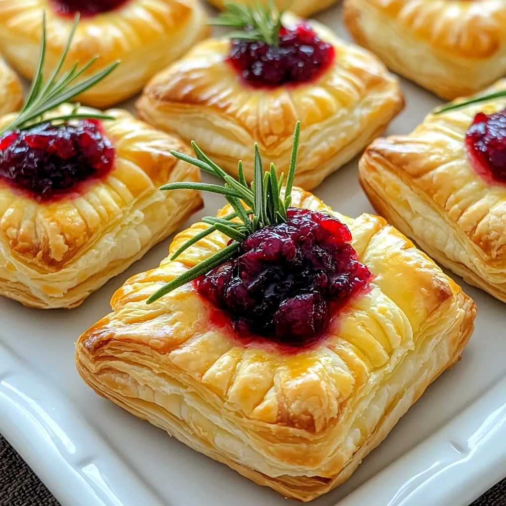 - 1 sheet of puff pastry: Make sure it is thawed for easy handling. - 1 cup brie cheese: Remove the rind and cut it into small pieces. - 1/2 cup cranberry sauce: You can use homemade or store-bought options. - 1 tablespoon fresh rosemary: Chop it finely for better flavor. - 1 egg: Beaten for the egg wash to give a nice shine. - 1 tablespoon sugar: Optional, for a sweet topping. - Salt and pepper: Use these to taste for added seasoning. These simple ingredients create a yummy snack that everyone loves. The puff pastry makes it flaky and light. The brie cheese adds creaminess, while the cranberry sauce gives a sweet, tart kick. The fresh rosemary brings a nice herbal note to the mix. You can play with the sugar topping for extra sweetness. This recipe is easy to customize based on what you have at home. First, preheat your oven to 400°F (200°C). This helps the bites bake evenly. Next, line a baking sheet with parchment paper. This keeps the bites from sticking. On a lightly floured surface, roll out the puff pastry. This smooths out any creases. Cut the pastry into 2-inch squares. You should have about 12 squares. Now, let’s layer the brie and cranberry sauce. Place a small piece of brie in the center of each square. Then, spoon about a teaspoon of cranberry sauce on top of the brie. It adds sweetness and flavor. Next, sprinkle a pinch of chopped rosemary, salt, and pepper over the sauce. This enhances the taste. To fold and seal, bring the corners of each square to the center. Pinch them to close. This keeps the filling inside. For a golden top, brush the bites with the beaten egg. This gives them a nice shine. If you like, sprinkle a little sugar on top for extra crunch. Place the bites on the baking sheet, leaving space between them. Bake in the preheated oven for about 15-20 minutes. Look for a golden brown color. Once done, remove them from the oven. Let them cool slightly before serving. To avoid common mistakes, always thaw the puff pastry completely. If it's too cold, it won't roll out well. Work on a lightly floured surface to prevent sticking. Roll the pastry gently to keep its layers intact. Cut even squares for uniform baking. For even baking, space the puff pastry bites apart on the baking sheet. This allows hot air to circulate around them. If they are too close, they may not puff up nicely. Check them at the 15-minute mark. If they aren’t golden yet, give them a few more minutes. You can add extra seasonings to boost flavor. A pinch of garlic powder or a dash of chili flakes works wonders. You might also try adding a bit of honey for sweetness. When it comes to cranberry sauce, homemade offers a fresh taste. Just cook fresh cranberries with sugar and water until they burst. Store-bought sauce is fine too; it saves time and still tastes great. Choose whichever fits your schedule best. {{image_2}} You can change the cheese in these bites. Try goat cheese or sharp cheddar for a twist. Each cheese brings its own taste. You can also switch up the fruit spread. Consider using fig jam or apple butter. These options add different flavors that pair well with brie. If you need gluten-free options, look for gluten-free puff pastry. Many brands offer this now. For a vegan version, use nut-based cheeses. You can find vegan brie or cream cheese at stores. These choices keep the taste while fitting different diets. To keep your Cranberry Brie Puff Pastry Bites fresh, store them in the fridge. Place them in an airtight container. This helps prevent them from drying out. They will last for about 2-3 days in the fridge. If you want to keep them longer, freeze them. Wrap each bite in plastic wrap, then place them in a freezer bag. This keeps them safe from freezer burn. They can last up to 2 months in the freezer. When it's time to enjoy your leftovers, reheating properly is key. The best way is to use the oven. Preheat your oven to 350°F (175°C). Place the bites on a baking sheet. Heat them for about 10-15 minutes. This method keeps the puff pastry crispy. If you’re in a hurry, a toaster oven also works well. Just make sure to watch them closely to avoid burning. Can I make these bites ahead of time? Yes, you can prepare the bites a few hours in advance. Assemble them and keep them in the fridge. Bake them just before serving for the best taste and texture. What other sauces work well with brie? You can try fig jam, apple chutney, or even a sweet balsamic glaze. Each sauce adds a new layer of flavor and pairs nicely with brie. How do I know when they are fully baked? Look for a golden-brown color on the puff pastry. The bites should puff up nicely, and the cheese inside should be warm and gooey. Are there alternatives to puff pastry? Yes! You can use phyllo dough or even biscuit dough. Both options will give you a different texture but still taste great. Can I use frozen cranberry sauce? Absolutely! Frozen cranberry sauce works well. Just thaw it before using, and you will have a tasty filling for your bites. Making cranberry brie puff pastry bites is fun and easy. We covered the key ingredients, from puff pastry to herbs and cheese. I shared clear steps for preparation, assembly, and baking to help you create perfect bites. Tips for flavor and variations make this recipe flexible for your taste. Lastly, storage and reheating methods ensure you enjoy leftovers. Try this recipe for your next gathering. It promises a delicious treat that everyone will love!