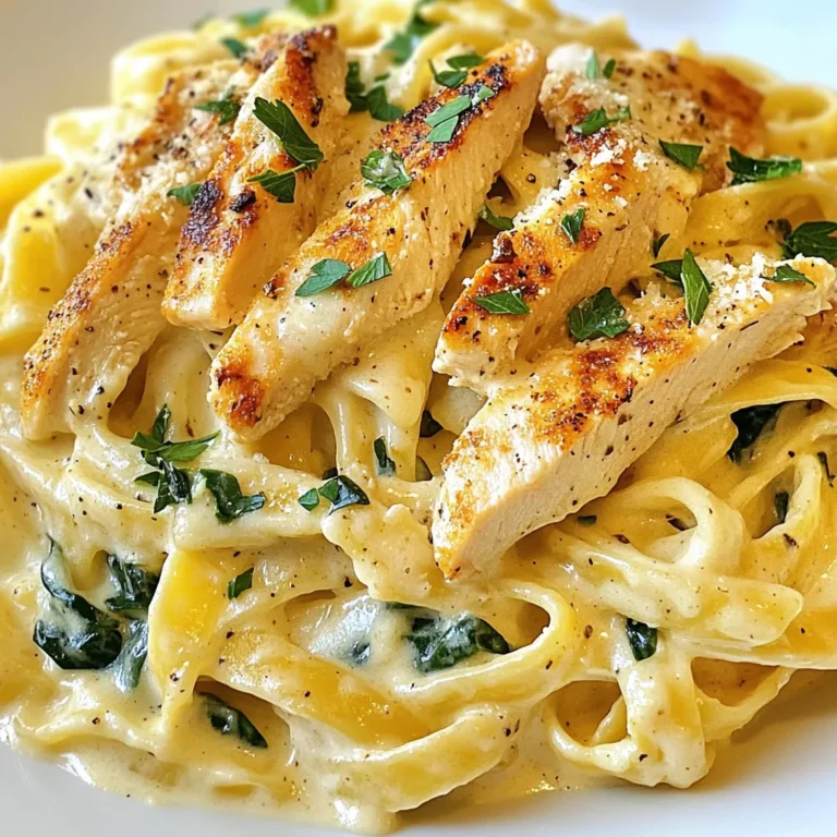 - 2 boneless, skinless chicken breasts - 8 oz fettuccine pasta - 2 tablespoons olive oil - 3 cloves garlic, minced - 1 cup heavy cream - 1 cup grated Parmesan cheese - 1 cup fresh spinach, chopped - 1 teaspoon Italian seasoning - Salt and pepper to taste - Fresh parsley, chopped (for garnish) The heart of any great Alfredo lies in its creaminess. Heavy cream creates a rich base that gives the sauce its dreamy texture. Parmesan cheese adds depth and flavor. Together, they make a sauce that clings to your pasta perfectly. Garlic enhances the taste, adding a fragrant note that brings the dish to life. To elevate your Chicken Alfredo, consider adding extra flavors. You can mix in sun-dried tomatoes for a sweet kick. Mushrooms add umami and earthiness. For a bit of heat, red pepper flakes work well. You might also add broccoli or peas for a pop of color and nutrition. Each add-in brings a unique twist, making your meal even more special. {{ingredient_image_1}} Start by boiling water in a large pot. Add salt to the water. It helps flavor the pasta. Once the water is boiling, drop in the fettuccine pasta. Cook it as per the package's instructions. You want it to be al dente, which means firm but not hard. This usually takes about 8-10 minutes. When done, drain the pasta and set it aside. While the pasta cooks, season the chicken breasts. Use salt, pepper, and Italian seasoning. Make sure to coat both sides well. Heat olive oil in a large skillet over medium heat. Add the chicken breasts to the skillet. Cook them for 6-7 minutes on each side. The chicken should turn golden brown and be fully cooked. Once done, remove it from the skillet. Give it a few minutes to rest before slicing it into strips. In the same skillet, add minced garlic. Sauté it for about 30 seconds until it smells great. Be careful not to burn it. Pour in the heavy cream next and stir gently. Let it simmer for about 2-3 minutes until it thickens a bit. Lower the heat and whisk in grated Parmesan cheese. Keep stirring until it melts smoothly. Add fresh spinach and stir until it wilts. Now, it's time to bring it all together. Combine the cooked fettuccine and sliced chicken into the cream sauce. Toss everything gently to coat well. Taste it and adjust the seasoning with salt and pepper if needed. Serve it right away and garnish with chopped fresh parsley for a nice touch. Enjoy your creamy chicken Alfredo! To keep your sauce creamy, use heavy cream. It has a rich texture. Heat the cream gently. Avoid boiling it, as high heat can cause it to separate. Stir in the Parmesan cheese slowly. This helps it melt evenly. Adding the cheese bit by bit gives a smoother sauce. If you want extra creaminess, add a splash more cream near the end. For juicy chicken, use boneless, skinless breasts. Season them well with salt, pepper, and Italian seasoning. Sear the chicken in olive oil over medium heat. Cook for about six to seven minutes per side. Look for a golden brown color. Use a meat thermometer to check. The chicken should reach 165°F. Let the chicken rest before slicing. This keeps it moist and tender. Cook your fettuccine in a large pot of salted water. Follow the package instructions for al dente. This means it should be firm but not hard. Reserve a cup of pasta water before draining. You can use it to adjust your sauce's thickness. Toss the pasta with the sauce right away. This helps the pasta absorb the flavors. Pro Tips Use freshly grated Parmesan: Freshly grated cheese melts better and offers a richer flavor compared to pre-grated varieties. Don’t overcook the chicken: To keep the chicken juicy, cook it until just golden brown, and let it rest before slicing. Add a splash of pasta water: If the sauce is too thick, add a bit of the reserved pasta water to achieve a creamier texture. Experiment with greens: Feel free to substitute spinach with other greens like kale or arugula for a different flavor profile. {{image_2}} If you want a lighter dish, swap heavy cream with low-fat milk or Greek yogurt. This change cuts calories but keeps it creamy. You can also use grilled chicken instead of pan-fried. This keeps the flavor but reduces fat. While fettuccine is classic, you can use whole wheat pasta for more fiber. Gluten-free pasta is also a good option. Try penne or rotini for fun shapes, too. Each type adds a new twist to the dish. Boost nutrition by adding veggies. Spinach is great, but you can also try broccoli or bell peppers. Just sauté them in the pan with garlic. This adds color and taste, making your meal even better. To store leftovers, let the creamy chicken Alfredo cool first. Place it in an airtight container. Make sure the lid seals well to keep the flavors fresh. Store it in the fridge for up to 3 days. If you want to eat it later, freezing is a good option. When reheating, I suggest using a skillet over low heat. Add a splash of milk or cream to keep the sauce smooth. Stir often to avoid burning. You can also use the microwave. Heat in short bursts, stirring in between. This helps to warm it evenly. You can freeze creamy chicken Alfredo for up to 2 months. Use a freezer-safe container. Leave some space at the top, as the pasta expands when frozen. To thaw, place it in the fridge overnight. Reheat it gently, adding a bit of cream to revive the sauce. The best pasta for Alfredo is fettuccine. This flat and wide noodle holds the sauce well. It clings to the creamy texture, offering each bite a rich flavor. Other good choices include tagliatelle and pappardelle. These types also pair nicely with the sauce. Yes, you can use different cheeses. While Parmesan is classic, you can try Pecorino Romano for a sharper taste. You might also blend in mozzarella for extra creaminess. Just remember that each cheese will change the flavor a bit. Experiment to find what you like best! To make dairy-free Alfredo sauce, use coconut cream instead of heavy cream. This gives a rich base without dairy. Use nutritional yeast for a cheesy flavor. You can also add cashew cream for a smooth texture. Blend soaked cashews with water for a creamy result. Chicken Alfredo pairs well with a side salad or garlic bread. A fresh green salad adds crunch and balance. Garlic bread complements the creamy sauce and is great for dipping. You can also consider steamed vegetables for added nutrition. Enjoy your meal with your favorite drink! In this blog post, we covered the main steps to make a creamy chicken Alfredo. We discussed key ingredients, steps for cooking, and tips for perfect results. Using the right pasta is crucial for your dish. Also, try adding veggies for more nutrition. Remember to store leftovers properly and reheat with care. With these insights, you can create a delicious meal that pleases everyone. Now, get cooking and enjoy your creamy chicken Alfredo!