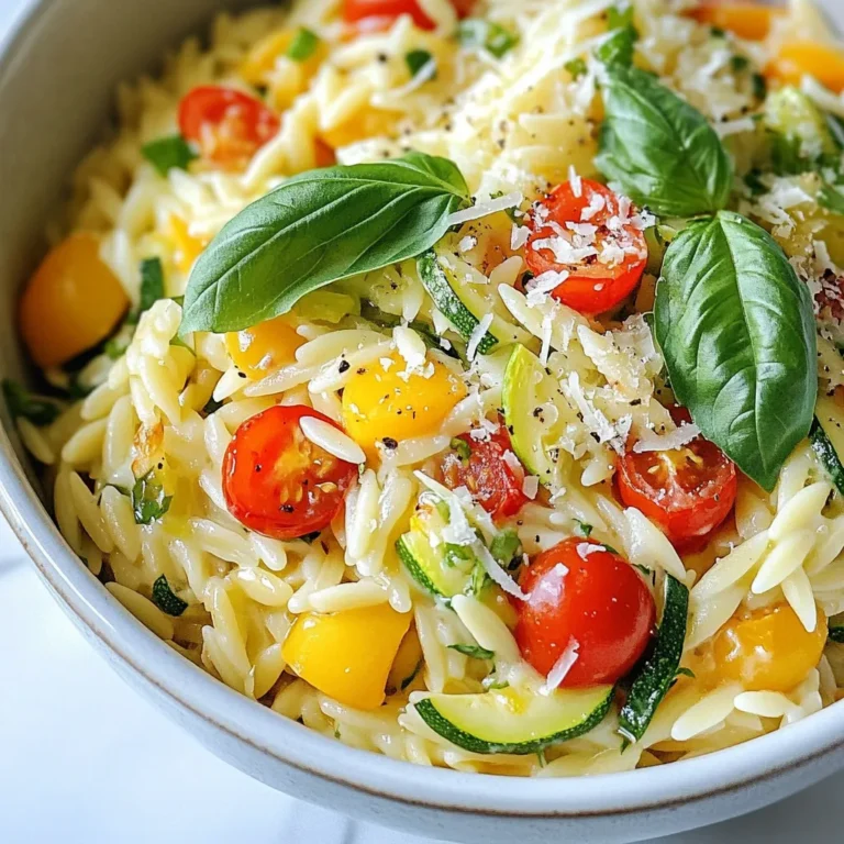 - 1 cup orzo pasta - 2 tablespoons olive oil - 1 small onion, finely chopped - 3 cloves garlic, minced - 1 bell pepper (red or yellow), diced - 1 zucchini, diced - 1 cup cherry tomatoes, halved - 4 cups vegetable broth - 1 cup heavy cream (or coconut milk for a lighter version) - 1 teaspoon dried basil - 1 teaspoon dried oregano - Salt and pepper to taste - Fresh basil leaves for garnish - Grated Parmesan cheese (optional) If you don’t have orzo, use another small pasta like ditalini or couscous. For the heavy cream, coconut milk gives a nice twist and is lighter. You can swap the vegetables too! Spinach, peas, or broccoli can work well. If you want a different herb flavor, try thyme or parsley. You need a large pot for this recipe. A wooden spoon helps stir everything well. A sharp knife will make chopping easy and quick. A cutting board is also a must for safe food prep. Lastly, grab a measuring cup and spoons to get your ingredients just right. {{ingredient_image_1}} 1. First, grab a large pot and heat the olive oil over medium heat. 2. Next, add the chopped onion. Sauté it for about 3-5 minutes. The onion should look clear. 3. Now, toss in the minced garlic. Sauté it for one more minute. You want that nice aroma. 4. Then, add the diced bell pepper, zucchini, and cherry tomatoes. Cook these for 4-5 minutes. Stir often until the veggies soften. 5. After that, mix in the orzo pasta, vegetable broth, dried basil, and oregano. Bring everything to a boil. 6. Once it's boiling, reduce the heat to low and cover the pot. Let it simmer for 10-12 minutes. Stir occasionally until the orzo is soft and most of the liquid is gone. 7. Next, stir in the heavy cream or coconut milk. Mix well until the dish looks creamy. Cook on low heat for another 2-3 minutes. 8. Finally, season with salt and pepper to taste. Serve hot with fresh basil and Parmesan cheese if you like. - When sautéing the onion, make sure it doesn’t brown. You want it soft and clear. - If garlic starts to brown, it can taste bitter. Keep an eye on it! - Stir the veggies often to cook them evenly. You want soft, but not mushy. - The broth should fully cover the orzo. This helps it cook well. - If your orzo is too dry, add a splash of water or broth while cooking. - For a creamier dish, add a bit more cream or coconut milk at the end. - If the orzo is too firm, it needs more cooking time. Add broth and simmer longer. - If the dish is too thick, add more cream or broth to loosen it. - For too much salt, add a little more cream or coconut milk to balance the flavor. - If you forget to add seasonings, sprinkle them in at the end and stir well. - If your dish is too bland, add a pinch of salt or fresh herbs for a flavor boost. To boost the creaminess, use full-fat cream. Heavy cream gives a rich taste. You can also use coconut milk for a lighter option. For extra flavor, add cream cheese. Just mix it in after cooking. It melts well and makes the dish even creamier. For more flavor, add fresh herbs. Chopped parsley or thyme brightens the dish. You can also sprinkle in lemon zest for a fresh kick. If you like spice, add red pepper flakes. They add warmth without being too hot. A splash of white wine can also enhance the taste. Just let it cook off before adding broth. To save time, chop your veggies ahead of cooking. You can store them in the fridge. Use pre-cut vegetables from the store if you're in a hurry. Another tip is to cook orzo in the broth, not water. This adds flavor and cuts out an extra pot. You’ll have a tasty meal in just 30 minutes! Pro Tips Use a Good Quality Broth: For a deeper flavor, choose a high-quality vegetable broth. Homemade broth can elevate the taste significantly. Vegetable Variations: Feel free to mix and match vegetables based on what you have on hand. Spinach, peas, or mushrooms can also be delicious additions. Make It Creamier: If you prefer a creamier dish, you can add more heavy cream or a dollop of cream cheese at the end for extra richness. Storage Tips: Leftovers can be stored in an airtight container in the fridge for up to 3 days. Reheat gently on the stove with a splash of broth to loosen the pasta. {{image_2}} You can easily add proteins to your creamy orzo dish. Chicken and shrimp work great. For chicken, use cooked, diced chicken. Stir it in during the last minute of cooking. This adds flavor and makes the meal heartier. For shrimp, add peeled shrimp during the last five minutes of cooking. They cook quickly and add a nice touch. For a vegetarian option, simply skip the meat. You can add more veggies like mushrooms or spinach. If you want a vegan dish, use coconut milk instead of heavy cream. This keeps it creamy while fitting a vegan diet. You can also add nutritional yeast for a cheesy flavor without dairy. Change up your vegetables based on what's in season. In spring, add asparagus or peas for a fresh taste. In fall, try butternut squash or kale. This not only adds color but also boosts nutrition. Mixing seasonal veggies gives you new flavors and makes the dish exciting every time you make it. After you enjoy your creamy one-pot orzo dinner, let it cool. Transfer it to an airtight container. This will keep the dish fresh. Store the container in the fridge. Leftovers will stay good for about 3 to 4 days. If you want to keep it longer, consider freezing it. When you’re ready to eat your leftovers, put them in a pot. Add a splash of broth or water to help with moisture. Heat over low to medium heat. Stir often until the orzo is hot. You can also use the microwave. Just heat it in short bursts, stirring in between. This keeps it from getting too dry. You can freeze this dish for later. First, let it cool completely. Then, scoop portions into freezer-safe bags or containers. Make sure to remove as much air as possible. Label the bags with the date. You can freeze it for up to 2 months. When you want to eat it, thaw overnight in the fridge before reheating. It takes about 10 to 12 minutes to cook orzo pasta. You want it tender but not mushy. Stir it occasionally. This helps it cook evenly and prevents sticking. Once the orzo absorbs most of the liquid, it's ready. Yes, you can use other pasta shapes! Short pasta like ditalini or small shells works well. Just remember to adjust the cooking time. Check the package for the right time to cook. You can use coconut milk for a lighter version. It gives a nice flavor and creaminess. Another option is plain yogurt. This adds creaminess but lowers the fat. You could also try cashew cream for a nutty taste. In this blog post, we explored the ingredients, detailed steps, and helpful tips for making a delicious dish. You learned about ingredient lists, substitutions, and which kitchen tools to use. We also covered troubleshooting, variations, and how to store leftovers. Cooking can be fun and easy with the right knowledge. Now, you can confidently whip up your dish, making it your own. Enjoy your cooking journey, and remember that practice makes perfect!