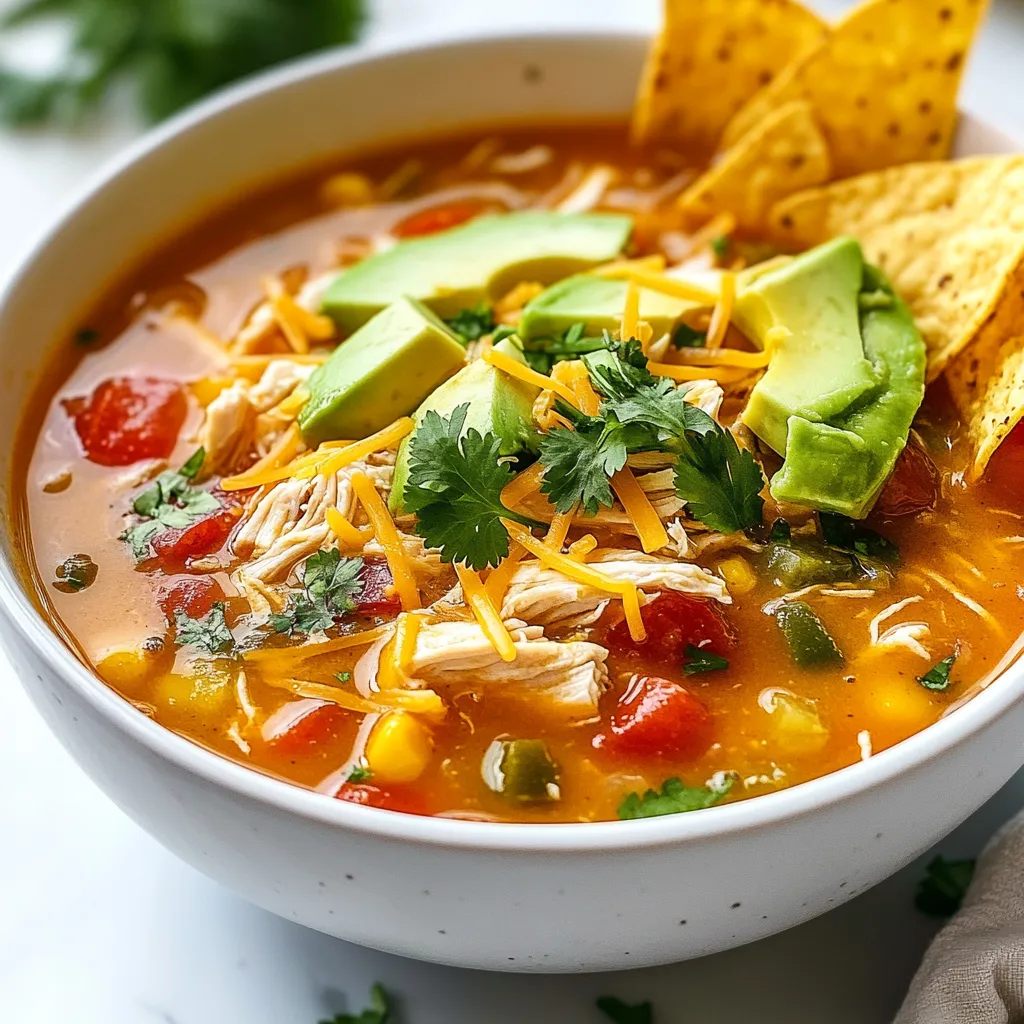 To make low carb chicken tortilla soup, you need some key ingredients. Each one adds flavor and texture to the dish. Here’s what you will need: - 2 tablespoons olive oil - 1 medium onion, diced - 3 cloves garlic, minced - 1 red bell pepper, diced - 1 green bell pepper, diced - 1 teaspoon ground cumin - 1 teaspoon chili powder - 6 cups chicken broth (low sodium) - 2 cups cooked chicken, shredded - 1 can (14.5 oz) diced tomatoes, no added sugar - 1 cup corn (fresh or frozen, optional for low-carb) - 1 avocado, diced - 1 lime, juiced - 1/4 cup fresh cilantro, chopped - Salt and pepper to taste - 1/2 cup shredded cheese (cheddar or Mexican blend) - Tortilla chips (low-carb or homemade, optional for garnish) These ingredients work together to create a soup that is both hearty and healthy. The diced tomatoes bring sweetness, while the spices add warmth. You can adjust the corn based on your carb goals. Fresh lime juice gives it a zesty kick. This soup is great for any meal! {{ingredient_image_1}} 1. Heating the oil and sautéing onions Start by heating 2 tablespoons of olive oil in a large pot over medium heat. Once hot, add 1 medium diced onion. Sauté for about 5 minutes until the onion is soft and clear. 2. Adding garlic and bell peppers Next, stir in 3 cloves of minced garlic along with 1 diced red and 1 diced green bell pepper. Cook this mixture for 3 to 4 minutes until the peppers soften and the garlic is fragrant. 3. Incorporating spices Now, add 1 teaspoon of ground cumin and 1 teaspoon of chili powder to the pot. Stir everything together and cook for another minute. This step enhances the soup's flavor. 4. Adding broth and main ingredients Pour in 6 cups of low-sodium chicken broth. Bring the soup to a gentle simmer. Then, mix in 2 cups of shredded cooked chicken, 1 can of diced tomatoes (14.5 oz, no added sugar), and 1 cup of corn if you choose to include it. Stir well. 5. Simmering the soup Lower the heat and let the soup simmer for 15 to 20 minutes. This allows all the flavors to blend. Be sure to taste and season with salt and pepper as needed. 6. Finishing touches with lime and cilantro Just before serving, stir in the juice from 1 lime and 1/4 cup of chopped fresh cilantro. This adds a bright, fresh taste to the soup. 7. Serving Finally, ladle the soup into bowls. Top each bowl with diced avocado, shredded cheese, and tortilla chips if desired. This adds texture and flavor. This soup is easy to make and packed with flavor. Enjoy every comforting spoonful! Adjusting spice levels Start with mild spices. You can always add more. If you love heat, try more chili powder. For a smoky flavor, add smoked paprika. Taste as you go to find your perfect balance. Utilizing fresh ingredients Fresh ingredients make a big difference. Use fresh garlic and herbs for bright flavors. Fresh bell peppers add crunch and sweetness. Avocado must be ripe for the best taste in your soup. Choosing the right cheese Cheddar or a Mexican blend works best. They melt well and add flavor. For a different twist, try crumbled queso fresco. This cheese gives a creamy and tangy touch. Serving suggestions with garnishes Serve your soup with a lime wedge on the side. This adds a fresh kick. Top with diced avocado, shredded cheese, and chopped cilantro. For a crunch, add low-carb tortilla chips. Bowl presentation ideas Use colorful bowls to make your soup pop. A bright bowl draws the eye. Arrange the garnishes neatly on top. This makes your meal look restaurant-worthy and inviting. Pro Tips Use Fresh Ingredients: For the best flavor, opt for fresh vegetables and herbs whenever possible. They will enhance the overall taste of your soup. Control the Spice Level: Adjust the amount of chili powder according to your taste preference. You can also add fresh jalapeño for an extra kick. Make it Ahead: This soup tastes even better the next day as the flavors continue to meld. Prepare it in advance and reheat when ready to serve. Experiment with Toppings: Try different toppings such as sour cream, sliced radishes, or pickled onions to add variety and texture to your soup. {{image_2}} Low-carb adjustments To keep this soup low-carb, skip the corn. You can also cut back on the potatoes or beans if you want. Using more low-carb veggies like zucchini and spinach can add bulk without the carbs. Vegetarian options To make a vegetarian version, swap the chicken for beans or lentils. Use vegetable broth in place of chicken broth. You can add more veggies like carrots or mushrooms to keep it hearty. Adding different proteins You can use turkey or even shrimp instead of chicken. Just make sure to adjust the cooking time. If you use shrimp, add it in the last few minutes of cooking. Alternative vegetables Feel free to mix in some diced carrots or celery for added crunch. You might also want to try adding kale or spinach for extra nutrients. Cheese options For cheese, you can use pepper jack for a spicy kick. If you prefer a milder flavor, mozzarella works well too. Just pick what you enjoy most! To keep your low carb chicken tortilla soup fresh, follow these tips: - Refrigerator storage: Place the soup in an airtight container. It stays good for 3-4 days in the fridge. - Freezing guidelines: If you want to freeze it, pour the soup into freezer-safe bags or containers. Leave some space at the top, as it will expand. It keeps well for up to 3 months in the freezer. When you're ready to enjoy leftovers, use these methods: - Stovetop: Pour the soup into a pot. Heat over medium heat until hot. Stir occasionally to warm evenly. - Microwave: Place the soup in a microwave-safe bowl. Heat for 1-2 minutes, stirring halfway through. Make sure it is hot all the way through before serving. These tips will help you savor your delicious soup anytime! Low carb tortilla soup is a flavorful dish. It has all the best parts of classic tortilla soup. You get chicken, spices, and fresh veggies. Instead of high-carb tortillas, this soup keeps it low-carb, making it great for diets. You can enjoy all the taste without the extra carbs. To spice up your soup, add more chili powder. You can also toss in some diced jalapeños or hot sauce. Taste as you go to reach your perfect spice level. Remember, a little can go a long way! Yes, rotisserie chicken is a great choice! It saves time and adds rich flavor. Just shred the chicken and mix it into the soup. This makes meal prep faster without losing taste. You can serve this soup with a side of salad or low-carb tortilla chips. A dollop of sour cream or some shredded cheese adds creaminess. You can also enjoy it with sliced avocado on top for extra flavor. To cut down on sodium, choose low-sodium broth. You can also skip added salt while cooking. Instead, focus on herbs and spices for flavor. This keeps the soup tasty without too much salt. This blog post covered how to make a tasty chicken tortilla soup. We discussed all the key ingredients, straightforward steps, and useful tips to enhance flavor. You learned about variations and how to store and reheat leftovers. In the end, this soup is simple, flexible, and fun to make. It’s a dish you can enjoy with family and friends. Enjoy cooking, and have fun making this soup your own!
