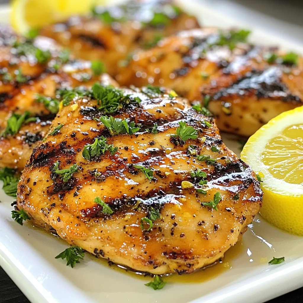 To make lemon pepper chicken, gather these items: - 4 boneless, skinless chicken breasts - 1/4 cup olive oil - Zest of 2 large lemons - 1/4 cup fresh lemon juice - 2 teaspoons freshly ground black pepper - 1 teaspoon garlic powder - 1 teaspoon onion powder - 1 teaspoon salt - 1/2 teaspoon red pepper flakes (optional for heat) - Fresh parsley, chopped for garnish You can swap some ingredients to suit your taste or needs. Use canola oil instead of olive oil. Lemon zest can be replaced with lime zest for a twist. If you lack fresh lemons, bottled lemon juice works, but fresh is best. You can use powdered garlic instead of garlic powder. If you prefer a milder flavor, reduce the black pepper. For a spicy kick, add more red pepper flakes. Fresh ingredients often bring more flavor than dried ones. Fresh lemon juice offers a bright taste that dried cannot match. The same goes for lemon zest; fresh zest has a strong, zesty aroma. Use fresh black pepper for a better flavor punch. However, if you only have dried spices, they will work fine. Just remember to adjust the amounts since dried spices are more potent. {{ingredient_image_1}} To make the marinade, grab a mixing bowl. In this bowl, add 1/4 cup of olive oil. Next, zest two large lemons to get that fresh flavor. Then, squeeze the lemons to collect 1/4 cup of lemon juice. Add 2 teaspoons of freshly ground black pepper, 1 teaspoon of garlic powder, 1 teaspoon of onion powder, and 1 teaspoon of salt. If you like some heat, toss in 1/2 teaspoon of red pepper flakes. Whisk all these ingredients together until they blend well. Next, take four boneless, skinless chicken breasts. Place them in a resealable plastic bag or a shallow dish. Pour the marinade over the chicken, making sure each piece gets coated. Seal the bag or cover the dish tightly. Now, let the chicken sit in the fridge for at least 30 minutes. For more flavor, you can marinate it for up to 2 hours. Time to fire up the grill! Preheat your grill or grill pan to medium-high heat. When the grill is ready, take the chicken out of the marinade. Let any excess marinade drip off, but don’t wipe it clean. Place the chicken on the grill. Cook for about 6-7 minutes on each side. You want the internal temperature to reach 165°F (75°C). This ensures the chicken is safe to eat. When done, move the chicken to a plate. Let it rest for about 5 minutes. This resting time helps the juices stay inside the meat. Finally, garnish with chopped fresh parsley for a pop of color. Enjoy your zesty lemon pepper chicken! To boost the flavor of your lemon pepper chicken, follow these tips: - Use fresh lemons: Fresh lemon juice and zest add a bright taste. - Marinate longer: Let the chicken sit in the marinade for at least an hour. This helps the flavors soak in deeper. - Add herbs: Fresh herbs like thyme or rosemary can give extra flavor. - Grill with care: Ensure your grill is hot before placing the chicken on it. This helps get nice grill marks and flavor. Avoid these pitfalls for perfect lemon pepper chicken: - Don't skip the marinating step: Skipping this can lead to dull flavors. - Watch the cooking time: Overcooking can make the chicken dry. Always check the internal temperature. - Skip the salt: Salt is key. It enhances all the flavors in your dish. - Don't wipe off excess marinade: Let some marinade stay on the chicken. It adds to the taste. Resting the chicken is vital. Here’s why and how: - Let it rest: After grilling, let the chicken rest for 5 minutes. This allows juices to settle. - Garnish for beauty: Use fresh parsley to make the dish look appealing. - Serve with sides: Pair with grilled veggies or a fresh salad. The colors will pop and taste great together. - Add lemon wedges: They not only look nice but can be squeezed over the chicken for extra zing! Pro Tips Marinate Longer for Flavor: Allow the chicken to marinate for up to 2 hours to enhance the flavor and tenderness of the meat. Use a Meat Thermometer: Ensure the chicken is cooked perfectly by checking the internal temperature; it should reach 165°F (75°C). Let it Rest: After grilling, let the chicken rest for 5 minutes before slicing to keep the juices inside, resulting in a juicier bite. Experiment with Herbs: Add fresh herbs like thyme or rosemary to the marinade for an extra layer of flavor that complements the lemon. {{image_2}} You can add fresh herbs to your lemon pepper chicken for extra flavor. Use herbs like thyme, rosemary, or basil. Chop them finely and mix them into your marinade. This will add a fresh taste and aroma. You can also sprinkle herbs on top before serving for a lovely look. If you like heat, try adding more red pepper flakes to your marinade. Start with 1 teaspoon and see how it tastes. You can also add hot sauce for extra spice. This variation gives a nice kick to the dish. It pairs well with a cool side, like a creamy coleslaw. Cut the chicken breasts into cubes for skewers. Marinate the cubes just like before. Thread them onto skewers with bell peppers and onions. Grill them for about 10-12 minutes, turning often. This makes a fun and easy meal for parties or picnics. Serve them with a side of rice or salad. After grilling your lemon pepper chicken, let it cool. Store it in an airtight container. It stays fresh in the fridge for up to three days. If you want to keep it longer, consider freezing. To freeze the chicken, wrap each piece tightly in plastic wrap. Then, place it in a freezer-safe bag. This method helps prevent freezer burn. You can freeze lemon pepper chicken for up to three months. When it's time to reheat, use the oven for the best results. Preheat your oven to 350°F (175°C). Place the chicken on a baking sheet. Heat for about 15-20 minutes or until hot. You can also use a microwave, but that may dry it out. To keep it moist, cover it with a damp paper towel. Enjoy your lemon pepper chicken again! Yes, you can marinate the chicken overnight. Marinating for this long helps the flavors soak in. It makes the chicken juicier and more tasty. Just remember to store it in the fridge. This keeps the chicken safe and fresh. Many sides pair nicely with lemon pepper chicken. Here are some great options: - Grilled vegetables like zucchini and bell peppers - A light salad with mixed greens - Steamed rice or quinoa - Mashed potatoes with herbs - Roasted potatoes for a crunchy bite These sides add color and balance to your meal. The best way to check if chicken is cooked is to use a meat thermometer. Insert it into the thickest part of the chicken. It should read 165°F (75°C) for safe eating. If you don’t have a thermometer, you can cut into the chicken. The juices should run clear, and the meat should not be pink. Always make sure to check for doneness to stay safe. In this article, we covered the key ingredients for making tasty lemon pepper chicken. We explored ingredient substitutions and the difference between fresh and dried items. You learned step-by-step instructions on preparing the marinade, marinating the chicken, and grilling tips. We shared useful tips for enhancing flavor and avoiding mistakes. We also discussed fun variations, like lemon pepper chicken skewers. Finally, remember the best ways to store and reheat your chicken. Enjoy your cooking, and don’t hesitate to try new things. Keep experimenting with flavors!