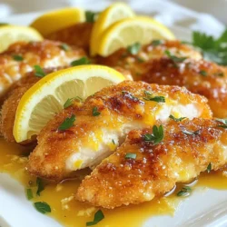 For Chicken Francese, you will need: - 4 boneless, skinless chicken breasts - 1 cup all-purpose flour - 2 large eggs - 1/4 cup milk - 1/2 teaspoon garlic powder - 1/2 teaspoon onion powder - 1 teaspoon fresh parsley, chopped - 1/4 cup chicken broth - 1/4 cup fresh lemon juice (about 2 lemons) - 3 tablespoons unsalted butter - 2 tablespoons olive oil - Salt and pepper to taste Start with the chicken breasts. Flatten them to an even thickness. This helps them cook evenly and stay juicy. Next, mix the flour, garlic powder, onion powder, salt, and pepper in a shallow dish. This blend adds great flavor. Now, for the sauce, you'll use chicken broth and fresh lemon juice. These add a bright taste. The butter at the end makes the sauce rich and smooth. Garnishing is key for a nice look. Here are some ideas: - Lemon slices - Fresh parsley These bright colors make the dish more inviting. For pairing, serve Chicken Francese with: - A side of linguine - Sautéed spinach These options balance the meal and add nutrition. Enjoy your vibrant dish! {{ingredient_image_1}} To start, you need to flatten the chicken breasts. Take a meat mallet and place each chicken breast in between two sheets of plastic wrap. This keeps your kitchen clean and prevents splatter. Gently pound the chicken until it reaches an even thickness of about half an inch. This step helps the chicken cook evenly and stay juicy. Next, we move on to the breading process. In a shallow dish, mix one cup of all-purpose flour with half a teaspoon of garlic powder, half a teaspoon of onion powder, salt, and pepper. In another bowl, whisk two large eggs with a quarter cup of milk until smooth. Now, dip each flattened chicken breast first into the flour mixture. Shake off any extra flour, then dip it into the egg mixture. Let any excess egg drip off before placing the chicken back on a plate. This will give you a nice coating. Now it's time for the skillet! Heat a large skillet over medium heat and add two tablespoons of olive oil and two tablespoons of unsalted butter. Wait until the butter is melted and sizzling. This means the oil is hot enough to cook the chicken. Add the breaded chicken breasts to the skillet in a single layer. If your skillet is small, you may need to cook in batches. Cook each side for about four to five minutes. Look for a golden brown color. This shows that the chicken is cooking well. Once cooked, remove the chicken from the skillet and set it aside on a plate. In the same skillet, lower the heat a little. Add a quarter cup of chicken broth and a quarter cup of fresh lemon juice. Make sure to scrape up any browned bits stuck to the bottom of the pan. This adds great flavor! Let this simmer for about two to three minutes. Now, return the chicken to the skillet. Cook it for an extra minute to let all the flavors mix. For the finishing touch, stir in the last tablespoon of butter until it melts. This will help thicken the sauce slightly and add richness. Your Chicken Francese is almost ready to enjoy! To cook chicken evenly, start by flattening the breasts. Use a meat mallet and pound them to an even thickness. This step helps the chicken cook through at the same rate. When it comes to the sauce, aim for the right consistency. After adding the chicken broth and lemon juice, let it simmer for a few minutes. This allows the flavors to blend well. Stir in the butter at the end for a velvety finish. One common issue is the breading falling off. To prevent this, make sure to press the flour and egg onto the chicken firmly. Let the coated chicken rest for a few minutes before cooking. This helps the breading stick better. Another mistake is overcooking or undercooking the chicken. Keep an eye on the cooking time. Cook each side for about 4-5 minutes. Use a meat thermometer if you're unsure; the chicken should reach 165°F. For a visually appealing dish, serve the Chicken Francese on a large platter. Drizzle the lemon sauce over the top. Garnish with lemon slices and fresh parsley for color. As for sides, try serving it with linguine or a bed of sautéed spinach. These choices complement the flavors of the chicken and sauce nicely. Pro Tips Flatten the Chicken: Using a meat mallet to pound the chicken breasts to an even thickness helps them cook uniformly, ensuring juicy results. Use Fresh Ingredients: Opt for fresh lemon juice and herbs to elevate the flavor profile of your chicken Francese, making the dish zesty and vibrant. Control the Heat: Maintain a medium heat while cooking to prevent the coating from burning before the chicken is fully cooked through. Rest the Chicken: Allow the chicken to rest for a few minutes after cooking; this helps retain the juices and enhances the overall flavor. {{image_2}} You can easily change Chicken Francese by adding new flavors. Herbs and spices can make a big difference. Try adding fresh basil or thyme for a fragrant touch. A pinch of red pepper flakes adds some heat. You could also mix in some Italian seasoning for a classic flavor. Using different proteins is another fun way to switch things up. You can use fish, like tilapia or cod, instead of chicken. Just cook the fish for a shorter time. Pork cutlets also work well. They bring a nice, savory taste to the dish. Making Chicken Francese gluten-free is simple. Just swap out the all-purpose flour for a gluten-free blend. Many brands now offer options that work well for breading. Look for ones made from rice flour or almond flour. Keep in mind that some sauces may contain gluten. Always check labels when buying chicken broth. You want to ensure it’s gluten-free. If you use fresh lemon juice, it will boost the flavor without gluten. These small changes let everyone enjoy this tasty meal. To store leftovers, let the Chicken Francese cool to room temperature. Place it in an airtight container. This keeps the dish fresh and safe. Refrigerate it right away. You can safely keep Chicken Francese in the fridge for 3 to 4 days. If you want to keep it longer, consider freezing it. In the freezer, your dish can last for up to 3 months. Just make sure to use a freezer-safe container. When reheating, avoid the microwave if you can. It can dry out the chicken. Instead, use a skillet on low heat. Add a splash of chicken broth or water to keep it moist. Cover the skillet to trap steam and heat evenly. You can also reheat it in the oven. Preheat the oven to 350°F (175°C). Place the chicken in a baking dish and cover it with foil. Heat it for about 15-20 minutes. This keeps the chicken juicy and the sauce flavorful. Chicken Francese comes from Italian-American kitchens. It is a twist on the Italian dish, "pollo in fricassé." Italian immigrants adapted it for American tastes. The dish features chicken coated in egg and flour, then fried. It gets a bright lemon sauce for flavor. This tasty meal is now popular in Italian restaurants across the U.S. Yes, you can prepare Chicken Francese ahead. Cook the chicken and make the sauce, then store them separately. Keep the chicken in an airtight container in the fridge. It will stay fresh for about three days. Reheat the chicken gently in a skillet before serving. Add the sauce just before eating for the best taste. Many side dishes pair well with Chicken Francese. Here are a few ideas: - Linguine pasta tossed with olive oil and garlic - Sautéed spinach with garlic - A fresh garden salad with lemon vinaigrette - Roasted vegetables for a colorful plate For drinks, try a crisp white wine, like Pinot Grigio, or sparkling water with lemon. Chicken Francese can fit into a balanced diet. A serving has protein from chicken and vitamins from lemon. To make it healthier, use less butter. You can also swap out the flour for whole wheat flour. This change adds fiber. Enjoy it with plenty of veggies for a complete meal. In this article, we explored Chicken Francese, from its main ingredients to cooking techniques. You learned how to prepare the chicken, make the sauce, and avoid common mistakes. We also discussed garnishing, storage tips, and variations for gluten-free options. With this knowledge, you can create a delicious dish that impresses everyone. Enjoy your cooking journey and the tasty results of Chicken Francese, making it your new favorite dish.