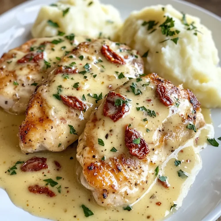 - 4 boneless, skinless chicken breasts - 1 teaspoon salt - 1/2 teaspoon black pepper - 1 tablespoon olive oil - 3 cloves garlic, minced - 1 cup heavy cream - 1/2 cup sun-dried tomatoes, chopped - 1/2 cup grated Parmesan cheese - 1 teaspoon dried oregano - 1 teaspoon dried basil - Fresh parsley for garnish You can swap chicken breasts with thighs for a juicier bite. If you prefer less fat, use half-and-half instead of heavy cream. For a dairy-free option, use coconut cream. You can replace sun-dried tomatoes with roasted red peppers for a different flavor. If you do not have dried herbs, fresh herbs work great too. Just double the amount for a fresh taste. A large oven-safe skillet is key for this recipe. It allows you to sear and bake in one pot. A sharp knife makes cutting chicken and garlic easy. Measuring cups and spoons will help you get the right amounts. Lastly, a meat thermometer ensures the chicken is cooked perfectly. Proper tools can make your cooking experience smooth and fun! {{ingredient_image_1}} 1. Preheat the oven to 375°F (190°C). This step warms the oven for even cooking. 2. Season the chicken breasts with salt and black pepper on both sides. This adds flavor. 3. Prepare your skillet. Grab a large oven-safe skillet and heat olive oil over medium-high heat. 4. Sear the chicken in the hot skillet for 3-4 minutes on each side. Look for a golden brown color. 5. Remove the chicken from the skillet and set it aside on a plate. We’ll add it back later. 6. Lower the heat in the skillet. Add minced garlic, stirring until it smells amazing (about 1 minute). 7. Pour in the heavy cream. Stir well, scraping the bottom of the skillet. This lifts up all the tasty bits. 8. Mix in the sun-dried tomatoes, Parmesan cheese, oregano, and basil. Stir until the cheese melts and the sauce looks smooth. 9. Return the chicken to the skillet. Spoon some sauce over each chicken piece. This makes it extra tasty! 10. Transfer the skillet to the preheated oven. Bake for 20-25 minutes. Check that the chicken reaches 165°F (74°C) inside. 11. Remove the skillet from the oven. Let the chicken rest for a few minutes. This keeps it juicy. 12. Garnish with fresh parsley before serving. It adds a lovely color and fresh taste! Presentation Tips: Serve your Marry Me Chicken on creamy mashed potatoes or pasta. Drizzle with the sun-dried tomato cream sauce. Add extra Parmesan and parsley for a beautiful finish. To get a great sear, start with a hot pan. Heat your olive oil until it shimmers. Place the chicken in the pan and do not move it. Let each side cook for 3-4 minutes. This gives the chicken a nice brown crust. A good sear locks in the juices. It helps the chicken stay tender and moist. You can boost the flavor of your Marry Me Chicken easily. Add herbs like thyme or rosemary for more depth. A splash of white wine adds brightness to the sauce. For a zesty twist, squeeze fresh lemon juice just before serving. Garnish with fresh parsley for color and taste. These little changes can elevate your dish. Avoid overcooking the chicken; it makes the meat dry. Use a meat thermometer to check for doneness. Aim for 165°F (74°C) inside the chicken. Also, don’t rush the sauce. Let it simmer to blend the flavors well. Finally, remember to let the chicken rest before serving. This helps keep it juicy and flavorful. Pro Tips Resting the Chicken: Let the chicken rest for a few minutes after baking to allow the juices to redistribute, resulting in a juicier dish. Use Fresh Herbs: For a more vibrant flavor, consider using fresh oregano and basil instead of dried herbs. Perfect Searing: Ensure your skillet is hot enough before searing the chicken to achieve a golden-brown crust. Customize the Sauce: Feel free to add vegetables like spinach or mushrooms to the sauce for added nutrition and flavor. {{image_2}} You can make Marry Me Chicken lighter without losing taste. Use skinless chicken thighs instead of breasts. Thighs have more flavor and stay juicy. Swap heavy cream for low-fat Greek yogurt. This change adds creaminess and protein. Use fresh herbs instead of dried ones for a bright taste. Add spinach to the sauce for more nutrients. It blends well with the other flavors. To create a vegan version, substitute chicken with firm tofu or tempeh. Press the tofu to remove excess water, making it crispier when cooked. Use coconut cream instead of heavy cream for a rich texture. Add nutritional yeast to give a cheesy flavor without dairy. Sun-dried tomatoes and fresh herbs will still bring great taste. Serve it over rice or quinoa for a complete meal. You can explore global flavors by adding spices. For a Mexican twist, add cumin and chili powder. Top with avocado and cilantro for freshness. For an Italian flair, use pesto instead of sun-dried tomatoes. This makes the dish vibrant and herbaceous. You can also try a Thai version by adding curry paste and lime juice. Serve it with jasmine rice for a delightful change. Each variation brings new life to Marry Me Chicken. After enjoying Marry Me Chicken, you may have some leftovers. To keep them fresh, place the chicken in an airtight container. Make sure the sauce is included. Store it in the fridge for up to three days. This helps retain its flavor and moisture. If you want to save it for later, freezing is a great option. First, let the chicken cool to room temperature. Then, wrap each piece in plastic wrap. Place the wrapped chicken in a freezer-safe bag. You can freeze it for up to three months. When ready to eat, thaw it overnight in the fridge. To reheat Marry Me Chicken, you can use the oven or microwave. If using the oven, preheat it to 350°F (175°C). Place the chicken in an oven-safe dish and cover with foil. Heat for about 20 minutes or until warm. For the microwave, place a piece on a plate. Cover it with a damp paper towel and heat in 30-second intervals. This keeps the chicken juicy and the sauce creamy. Enjoy your meal! You can pair Marry Me Chicken with many sides. Here are some ideas: - Creamy mashed potatoes - Steamed broccoli - Garlic bread - Pasta with olive oil - A fresh garden salad These sides complement the rich cream sauce and add balance to your meal. Yes, you can prepare Marry Me Chicken ahead of time. Just cook it fully, then let it cool. Store it in the fridge for up to two days. When ready to eat, reheat it gently on the stove or in the oven. Check the chicken's internal temperature. It should reach 165°F (74°C). You can use a meat thermometer for accuracy. If you don't have one, cut into the thickest part. The meat should be white with no pink juices. Yes, Marry Me Chicken is gluten-free. The ingredients used, like chicken, cream, and tomatoes, do not contain gluten. Always double-check any brands of sauces or cheeses you use to ensure they are gluten-free. This blog post covered all you need for Marry Me Chicken. We explored the full list of ingredients and easy swaps. I shared tools you need for cooking and baking. The step-by-step guide makes it simple to cook. Tips and tricks help you avoid common errors. I also highlighted tasty variations to try. Finally, proper storage info ensures your meal stays fresh. Using these tips will help you impress everyone at the table. Cook with joy and enjoy your delicious creation!