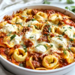 For the One-Pan Beefy Tortellini Bake, you will need: - 1 lb ground beef - 1 medium onion, chopped - 2 cloves garlic, minced - 2 cups marinara sauce - 1 cup beef broth - 12 oz cheese tortellini (fresh or frozen) - 1 cup shredded mozzarella cheese - 1 cup ricotta cheese - 1 teaspoon Italian seasoning - Salt and pepper to taste - Fresh basil, for garnish Using fresh tortellini makes the dish light and tender. Fresh pasta cooks quickly and absorbs flavors better. On the other hand, frozen tortellini offers convenience and still tastes great. Both options work well in this recipe. If you choose frozen, just add a minute or two to the cooking time. If you want a change, try using ground turkey or chicken instead of beef. These options are leaner and still very tasty. You can also use plant-based ground meat for a vegetarian twist. Each substitute will give a different flavor but will still work well in this dish. Remember to adjust the cooking time if needed. {{ingredient_image_1}} Start by gathering all your ingredients. You will need: - 1 lb ground beef - 1 medium onion, chopped - 2 cloves garlic, minced - 2 cups marinara sauce - 1 cup beef broth - 12 oz cheese tortellini (fresh or frozen) - 1 cup shredded mozzarella cheese - 1 cup ricotta cheese - 1 teaspoon Italian seasoning - Salt and pepper to taste - Fresh basil for garnish Make sure the onion is finely chopped and the garlic is minced. This helps them cook evenly. If using frozen tortellini, set it out to thaw a bit. This will help with cooking later. Heat a large oven-safe skillet over medium heat. Add the ground beef to the skillet. Cook until it turns brown. Drain any extra fat. This step keeps the dish from being greasy. Next, add the chopped onion and minced garlic. Stir them in and cook for about 3-4 minutes. You want the onion to become soft and clear. This brings out the sweet flavor of the onion and the aroma of garlic. Now, pour in the marinara sauce and beef broth. Mix it all together and bring it to a simmer. This step makes the sauce rich and tasty. Once the sauce is simmering, add the cheese tortellini. Gently stir to coat the tortellini with the sauce. In a separate bowl, mix ricotta cheese with Italian seasoning, salt, and pepper. Drop spoonfuls of this mixture over the tortellini. This adds creaminess to the bake. Lastly, sprinkle the shredded mozzarella cheese evenly over the top. Cover the skillet with a lid or aluminum foil. Bake in the preheated oven at 375°F (190°C) for 20 minutes. After that, remove the cover and bake for another 10-15 minutes. The cheese should be bubbling and golden. Let it sit for a few minutes before you serve it. Garnish with fresh basil for a burst of flavor. Enjoy your delicious One-Pan Beefy Tortellini Bake! To get that gooey, dreamy cheese melt, follow these steps. First, use fresh mozzarella for the best taste. Shred the cheese yourself for a better melt than pre-shredded cheese. When you sprinkle it on top, spread it evenly. Cover the dish while baking helps keep the moisture in. Once the time is up, remove the cover and bake until golden. This creates a crispy top and a soft, melty layer underneath. You can easily prepare this dish ahead of time. Cook the beef and veggies as directed. Then, layer everything in your skillet, but do not bake it yet. Cover the skillet and store it in the fridge for up to 24 hours. When you're ready to eat, just pop it in the oven. You may need to add a few extra minutes to the baking time since it's cold. This dish pairs well with several sides. A simple green salad adds freshness and crunch. Garlic bread is a classic choice that complements the flavors. You can also serve steamed broccoli or green beans to add nutrition. For a fun twist, try a side of roasted vegetables. Each side brings something special to the table, making your meal even better. Pro Tips Use Fresh Tortellini: Fresh tortellini will give your dish a delightful texture and flavor. If using frozen, ensure they are fully cooked before adding to the sauce. Season Generously: Don’t forget to taste and adjust the seasoning as you go. A pinch of red pepper flakes can add a nice kick! Let It Rest: Allow the dish to sit for a few minutes after baking. This helps the flavors meld together and makes it easier to serve. Add Veggies: For extra nutrition, consider adding spinach or bell peppers to the skillet when sautéing the onion and garlic. {{image_2}} You can easily swap the ground beef for turkey or chicken. Both options offer a lighter taste. Ground turkey is lean and great if you want fewer calories. Ground chicken has a mild flavor that pairs well with cheese and sauce. Just brown the turkey or chicken in the skillet first, just as you would with beef. The cooking times remain the same, making it a simple swap. If you want a vegetarian dish, use meat substitutes like lentils or chickpeas. They add protein and texture. Cook them the same way you would prepare the beef. You can also try plant-based ground beef. These options keep the dish filling while being meat-free. Just ensure to adjust the salt, as some meat substitutes are saltier. Adding veggies boosts nutrition and flavor. You can mix in spinach, bell peppers, or zucchini. Chop them small so they cook quickly. Sauté them with the onion and garlic before adding the sauce. This method adds color and health benefits to your One-Pan Beefy Tortellini Bake. You can also top it with fresh basil for a pop of flavor. To store your One-Pan Beefy Tortellini Bake, let it cool first. Once cooled, put it in an airtight container. This helps keep the flavors fresh. You can store it in the fridge for up to three days. Make sure to cover it well, so it does not dry out. When you want to reheat your dish, the oven works best. Preheat your oven to 350°F (175°C). Place the tortellini bake in an oven-safe dish. Cover it with foil to keep it moist. Heat for about 20 minutes, or until hot. You can also use the microwave. Just heat in short bursts, stirring in between. This keeps the cheese from getting tough. You can freeze this dish for later. It’s great for meal prep! To do this, let it cool completely. Then, transfer it to a freezer-safe container. Be sure to label it with the date. You can freeze it for up to three months. When ready to eat, thaw it in the fridge overnight before reheating. This way, it stays tasty and ready to enjoy! Yes, you can! Feel free to mix and match cheeses. Try using provolone or gouda. Both melt well and add great flavor. Just keep in mind that mozzarella gives a classic touch. Ricotta adds creaminess. Using a blend makes it fun and tasty! You have many choices! A fresh salad pairs well with this dish. Consider a simple green salad with tomatoes and cucumbers. Garlic bread is also a great side. It soaks up the sauce nicely. You can even serve it with steamed veggies for extra nutrition. This recipe takes about 50 minutes in total. You need about 15 minutes to prep the ingredients. Cooking the dish in the oven takes around 35 minutes. It’s quick and easy, perfect for busy nights! In this article, we explored how to make a delicious One-Pan Beefy Tortellini Bake. We discussed the fresh ingredients needed and the importance of using frozen tortellini. I shared steps for cooking and tips for achieving a great cheese melt. We looked at variations and storage options, plus answered common questions. This dish is easy, tasty, and perfect for busy nights. Try it out and enjoy a hearty meal that everyone will love. Your kitchen will smell amazing, and you'll impress your family!