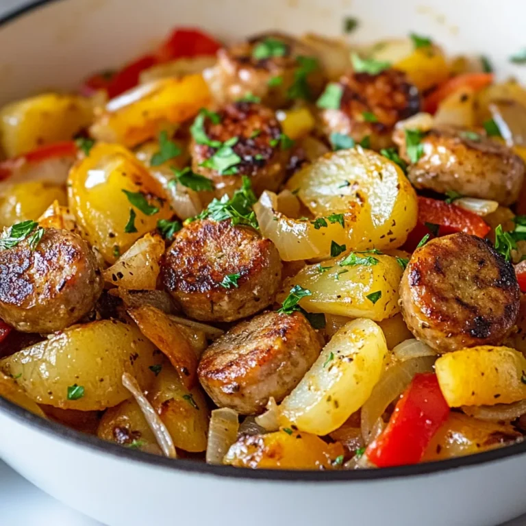 - 4 Italian chicken sausages, sliced - 3 medium potatoes, diced - 1 medium onion, diced - 2 cloves garlic, minced - 1 bell pepper (red or yellow), diced - 1 tablespoon olive oil - 1 teaspoon smoked paprika - 1 teaspoon dried oregano - Salt and pepper to taste - Fresh parsley, chopped (for garnish) You will need four Italian chicken sausages. These add great flavor. Three medium potatoes will give you a hearty base. One medium onion and one bell pepper bring in sweetness. Garlic adds a nice kick. One tablespoon of olive oil helps everything cook well. The spices include one teaspoon each of smoked paprika and dried oregano. Finally, salt and pepper season your dish just right. For a twist, add some crushed red pepper. This will give your dish a nice heat. You can also use sweet potatoes instead of regular ones. They add a unique taste. Try using different herbs like thyme or basil for fresh flavors. Adding a splash of lemon juice right before serving brightens the dish. These small changes make your meal special. {{ingredient_image_1}} First, heat one tablespoon of olive oil in a large skillet over medium heat. Add the sliced Italian chicken sausages. Cook these for five to seven minutes until they are brown. This step adds great flavor. Once done, remove them from the skillet and set them aside. In the same skillet, add the diced potatoes. Cook them for ten to twelve minutes. Stir them occasionally. You want them to soften and brown a bit. Next, add the diced onion, bell pepper, and minced garlic. Sauté these for five minutes until the vegetables are tender. This mix gives our dish color and taste. Now, stir in the smoked paprika, dried oregano, salt, and pepper. Return the cooked sausages to the skillet. Mix everything well. Cover the skillet and cook on low heat for another five minutes. This helps all the flavors blend together. When done, remove from heat. Sprinkle with fresh parsley before serving. Enjoy your hearty meal! - Use a cast-iron skillet for even heat. This helps cook everything just right. - Slice the sausages evenly. This helps them cook faster and brown nicely. - Dice potatoes small for quicker cooking. Smaller pieces become tender faster. - Stir often to prevent sticking. This also helps everything cook evenly. - Taste as you go. Adjust salt and pepper to your liking for the best flavor. - Don't overcrowd the skillet. Cooking in batches keeps everything crispy. - Avoid cooking on high heat. This can burn the food and dry it out. - Skipping the resting time can cause flavors to clash. Let it sit a moment before serving. - Forgetting to season the vegetables can lead to blandness. Always add salt and pepper! - Serve the skillet hot, straight from the pan. It looks rustic and inviting. - Garnish with fresh parsley for a pop of color. This makes the dish more appealing. - Offer sour cream or yogurt on the side. This adds a cool, creamy touch to the meal. - Pair it with a simple green salad. The freshness balances the hearty dish nicely. - For a fun twist, serve with crusty bread for dipping. This adds texture and flavor. Pro Tips Use a Cast-Iron Skillet: Cooking in a cast-iron skillet helps retain heat and gives the dish a beautiful golden crust. Parboil the Potatoes: For a quicker cooking time, parboil the diced potatoes for a few minutes before adding them to the skillet. Customize Your Veggies: Feel free to swap in seasonal vegetables like zucchini or mushrooms to add variety and flavor. Experiment with Spices: Don't hesitate to add your favorite spices or herbs to enhance the flavor profile of the dish. {{image_2}} You can switch up the sausage for this dish. Try pork, turkey, or even plant-based sausage. Each type brings its own flavor. For a spicy kick, use chorizo. If you prefer mild, go for sweet Italian sausage. Each choice adds a unique taste to the skillet. Mix and match for fun! Feel free to change the vegetables in your skillet. You can use sweet potatoes for a twist. Zucchini, carrots, and green beans also work well. If you like greens, add spinach or kale near the end. This dish is flexible, so use what you have on hand. You can boost the flavor with fresh herbs like thyme or rosemary. Swap smoked paprika for regular paprika for a lighter taste. A dash of hot sauce adds heat if you like spice. Try lemon juice for brightness. These simple tweaks make each meal exciting and new! After your meal, let the skillet cool. Transfer any leftovers to an airtight container. You can keep them in the fridge for up to three days. Make sure to separate the sausage and potato mix from other sides. This helps keep the flavors fresh. To reheat, use a skillet over medium heat. Add a splash of olive oil to keep it moist. Stir frequently to heat evenly. You can also use the microwave. Place the leftovers in a microwave-safe bowl, cover, and heat for about two minutes. Stir midway for even warming. If you want to freeze leftovers, allow them to cool completely first. Portion the sausage and potato mix into freezer-safe bags or containers. Label them with the date. You can freeze for up to three months. When ready to eat, thaw in the fridge overnight. Reheat as mentioned before. Yes, you can use any sausage you like. Italian sausage adds great flavor. You can also try chicken, pork, or turkey sausage. Each type will change the taste a bit. Choose what you enjoy most. If you want to change up the potatoes, try sweet potatoes or cauliflower. Both work well in this dish. Sweet potatoes bring a slight sweetness. Cauliflower keeps it low carb and adds a nice texture. You can even use rice or quinoa for a different twist. Cooking sausages takes about 5-7 minutes. You want them to be browned and cooked through. Always cut one open to check if it is no longer pink inside. This ensures they are safe to eat. This guide covered ingredients, cooking steps, and tips for a great dish. You learned about different sausages, vegetables, and how to store leftovers. Each section offers ways to improve flavor and avoid mistakes. Remember, cooking is fun and a chance to be creative. Keep exploring new ideas and flavors to make your meals special. Enjoy every bite as you share your creations with others!