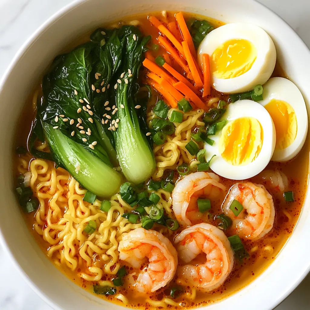 To make a tasty spicy shrimp ramen, gather these main ingredients: - 200g ramen noodles - 300g large shrimp, peeled and deveined - 4 cups chicken or vegetable broth - 2 tablespoons soy sauce - 2 tablespoons chili paste (adjust for desired spiciness) - 1 tablespoon sesame oil - 2 cloves garlic, minced - 1 inch ginger, grated - 2 green onions, sliced (white and green parts separated) - 1 cup bok choy, chopped - 1 carrot, julienned These ingredients create a flavorful base for your ramen. The shrimp adds protein, while the spices bring heat. The vegetables add crunch and color. To elevate your ramen, consider these tasty toppings: - 1 soft-boiled egg (optional, for topping) - Sesame seeds for garnish The soft-boiled egg adds creaminess. The sesame seeds give a nice crunch and look great on top. You can also add more green onions or chili flakes for extra flavor. For a rich broth, use either chicken or vegetable broth. Chicken broth gives a hearty taste. Vegetable broth offers a lighter option. If you want more depth, try adding miso or dashi to the mix. You can also adjust the soy sauce and chili paste to match your taste. {{ingredient_image_1}} To make the broth, start with a large pot. Heat 1 tablespoon of sesame oil over medium heat. Add 2 cloves of minced garlic and 1 inch of grated ginger. Sauté for about 1 minute until fragrant. Next, pour in 4 cups of chicken or vegetable broth. Stir in 2 tablespoons of soy sauce and 2 tablespoons of chili paste. Bring this mixture to a gentle boil. This base sets the tone for your spicy ramen. Once your broth simmers, it is time to add the veggies. Stir in 1 cup of chopped bok choy and 1 julienned carrot. Cook for about 3-4 minutes until tender. Then, add 300 grams of large shrimp, peeled and deveined. Simmer for another 3-5 minutes. Watch for the shrimp to turn pink and opaque. This step keeps the shrimp juicy and flavorful. While the broth simmers, prepare the ramen noodles. In a separate pot, bring water to a boil. Cook 200 grams of ramen noodles according to the package instructions, usually about 3-4 minutes. Once cooked, drain the noodles and set them aside. This ensures the noodles stay firm and do not get mushy in the broth. Now, you are ready to assemble your spicy shrimp ramen! To get the best flavor, use fresh ingredients. Fresh garlic and ginger add depth. I love using homemade broth, but store-bought works too. Heat sesame oil first to bring out its nutty taste. Sauté garlic and ginger until they smell good. This step builds a strong flavor base. Add soy sauce and chili paste next. This combo gives a rich umami taste. Let the broth simmer for a few minutes. Taste it and adjust as needed. To adjust spice levels, start with a small amount of chili paste. You can always add more later. If you want it milder, use less paste or skip it. For extra heat, add more chili paste or a dash of hot sauce. Remember, everyone's spice tolerance is different. Test the broth before serving. You can always serve extra chili paste on the side for those who love heat. Timing is key for soft-boiled eggs. Boil water in a separate pot. Once boiling, add the eggs gently. Cook them for exactly six to seven minutes. Six minutes gives a runnier yolk; seven makes it firmer. After cooking, place the eggs in cold water. This stops the cooking process. Peel them carefully, and slice in half before topping the ramen. A soft-boiled egg adds creaminess to your dish. Pro Tips Adjust the Spice Level: Start with less chili paste and taste the broth before adding more to achieve your preferred heat level. Perfectly Cooked Shrimp: Cook the shrimp until they are just pink and opaque; overcooking will make them tough. Use Fresh Ingredients: Fresh garlic, ginger, and vegetables enhance the flavor of the broth, making your ramen more vibrant and delicious. Soft-Boiled Egg Technique: For the perfect soft-boiled egg, cook it for about 6-7 minutes, then plunge it into ice water to stop the cooking process. {{image_2}} You can easily make spicy shrimp ramen vegetarian or vegan. Swap the shrimp for tofu. Use vegetable broth instead of chicken broth. Replace the soft-boiled egg with avocado slices or more veggies. You can add mushrooms, bell peppers, or snap peas for extra flavor and texture. If you are not in the mood for shrimp, use chicken or beef. Thinly slice the meat and add it to the broth as it simmers. You can also use tempeh or seitan for a plant-based protein. These options still keep your dish tasty and filling. Make your ramen even better by adding miso paste. Stir a spoonful into the broth for a rich taste. A squeeze of lime juice brightens the dish. Fresh herbs like cilantro or basil can add an extra layer of flavor. Try adding chili flakes or sesame oil for a kick! Store any leftover Spicy Shrimp Ramen in an airtight container. Make sure to let it cool first. Place it in the fridge for up to three days. If you have extra broth, keep it separate for best results. This helps the noodles stay firm and not soggy. To reheat your ramen, use a pot on the stove. Add a splash of water or broth to keep it moist. Heat over medium until warm. If you use a microwave, cover the bowl with a lid. Heat in short bursts, stirring in between. This ensures even warming without overcooking the shrimp. Freezing is a great option if you want to save some for later. Use freezer-safe containers to store portions. Leave some space at the top for expansion. You can freeze for up to a month. When ready to eat, thaw it in the fridge overnight. Reheat using the tips above, adding fresh vegetables if you like. Yes, you can use other noodles. Udon or rice noodles work well. Choose what you like best. Just remember to adjust cooking times based on the noodle type. If you don't want shrimp, try chicken or tofu. Both options absorb flavors nicely. You can also use firm vegetables for a plant-based dish. To make this dish gluten-free, use gluten-free ramen. Swap soy sauce for tamari. Check all labels to be sure. Many Asian restaurants serve Spicy Shrimp Ramen. Look for ramen shops or sushi places. Check online reviews for the best options in your area. Spicy shrimp ramen combines fresh ingredients and bold flavors. We explored the main ingredients, like shrimp and broth options. I shared easy steps to cook the broth, shrimp, and noodles perfectly. Flavor tips will help you adjust spice levels and cooking times. You can also try variations, from vegetarian choices to different proteins. Don’t forget to store leftovers right and reheat them well. With this guide, you can make a tasty bowl of ramen at home. Enjoy your cooking adventure!