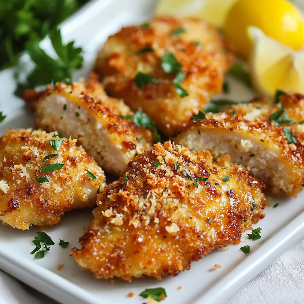 - 4 boneless, skinless chicken breasts - 1/2 cup grated Parmesan cheese - 1/2 cup breadcrumbs (preferably panko for extra crunch) - 4 cloves garlic, minced - 1/4 cup fresh parsley, chopped - 1/4 cup olive oil - 1 teaspoon Italian seasoning - 1/2 teaspoon salt - 1/2 teaspoon black pepper - Zest of 1 lemon - Lemon wedges, for serving You can use any cheese you like. For a twist, try mozzarella or cheddar. If you want a gluten-free option, use gluten-free breadcrumbs. Fresh herbs like basil or thyme can add great flavor. If you lack fresh parsley, use dried parsley, but cut the amount in half. For those who prefer metric, here are some quick conversions: - 1/2 cup = 120 ml - 1 teaspoon = 5 ml - 1/4 cup = 60 ml Using these ingredients, you will create a tasty dish. Each item plays a key role. The chicken is the star, while garlic and cheese add depth. Panko breadcrumbs give a great crunch. Using fresh parsley brightens the flavor. Have fun with these choices! {{ingredient_image_1}} First, preheat your oven to 400°F (200°C). This step is key to getting the chicken crispy. Next, line a baking sheet with parchment paper. This keeps the chicken from sticking. It also makes cleanup easier. 1. In a mixing bowl, combine these ingredients: - 1/2 cup grated Parmesan cheese - 1/2 cup breadcrumbs (use panko for extra crunch) - 4 cloves garlic, minced - 1/4 cup fresh parsley, chopped - 1 teaspoon Italian seasoning - 1/2 teaspoon salt - 1/2 teaspoon black pepper - Zest of 1 lemon Mix these well. This will be your breading mixture. 2. In another shallow dish, pour 1/4 cup olive oil. Dip each chicken breast into the oil. Make sure each piece is fully coated. 3. Next, take the chicken out of the oil. Dredge each breast in the breading mixture. Press gently to make sure it sticks. 4. Place the breaded chicken breasts on the prepared baking sheet. 5. Bake for 25-30 minutes. The chicken is done when the coating is golden brown and crispy. To check if the chicken is fully cooked, use a meat thermometer. The internal temperature should reach at least 165°F (74°C). If you don’t have a thermometer, cut into the thickest part. The meat should be white with no pink inside. Let the chicken rest for a few minutes after baking. This helps keep it juicy. Serve warm with lemon wedges for a burst of flavor. Breading chicken can seem tough, but it’s easy with these tips. First, always use dry chicken. Pat the chicken breasts with a paper towel. This helps the breading stick better. Next, set up your stations. Have one dish with oil and another with your breading mix. Dip the chicken in the oil first, then coat it in the mix. Press down lightly to make sure it sticks well. This way, you get a nice, even coat. To get that perfect crispy texture, bake your chicken on a wire rack. This allows hot air to circulate around the chicken. If you don’t have a rack, use parchment paper. Ensure your oven is preheated to 400°F (200°C). This helps the coating crisp up quickly. Also, avoid overcrowding the baking sheet. Leave space between each chicken piece. This keeps moisture from building up and makes your chicken crispy. One common mistake is not seasoning your chicken. Always season the chicken with salt and pepper before breading. Another mistake is using wet chicken. Wet chicken can make the breading soggy. Don’t skip the oil step either. It helps the breading brown and adds flavor. Lastly, don’t rush cooking. If you pull the chicken out too soon, it won’t be fully cooked. Always check the internal temperature to ensure it reaches 165°F (74°C). Pro Tips Use Fresh Ingredients: Always opt for fresh garlic and parsley to enhance the flavor profile of the dish. Let the Chicken Rest: Allow the chicken to rest for a few minutes after baking to retain its juices and flavor. Experiment with Seasonings: Feel free to add your favorite spices or herbs to the breadcrumb mixture for a customized taste. Serve with Sides: Pair the chicken with a fresh salad or roasted vegetables for a balanced meal. {{image_2}} To make your Garlic Parmesan Chicken spicy, add red pepper flakes. Just a pinch brings warmth. You can also mix in hot sauce with the olive oil. This adds a great kick without changing the main flavors. Adjust the heat to your liking. This way, you get a tasty twist without losing the garlic and cheese goodness. You can swap out parsley for other herbs. Fresh basil or oregano work well too. Try thyme for a different taste. Each herb gives a unique flavor to the dish. Experiment to find your favorite mix. Fresh herbs brighten the chicken and make it even more tasty. Don't hesitate to try dried herbs if fresh isn't available. You can also fry or grill the chicken for different textures. For frying, heat oil in a pan. Cook the chicken until golden brown on both sides. This gives a crispy crust. Grilling adds a smoky flavor. Preheat your grill and cook the chicken for about 6-7 minutes per side. Check the internal temperature to ensure it's safe to eat. Each method brings its own charm to this dish. After enjoying Garlic Parmesan Chicken, store leftovers in an airtight container. Make sure to let the chicken cool down to room temperature first. Place the chicken in the fridge within two hours of cooking. This helps keep it fresh and safe to eat later. Proper storage can keep your chicken tasty for up to three days. When you're ready to eat the leftovers, you can reheat the chicken in several ways. The best way is to use the oven. Preheat it to 350°F (175°C). Place the chicken on a baking sheet and cover it with foil. Bake for about 15-20 minutes until it’s hot. You can also use a microwave, but the oven keeps the chicken crispy. If you want to save the chicken for later, freezing is a great option. Wrap each piece tightly in plastic wrap, then place them in a freezer bag. Make sure to squeeze out as much air as possible. This method can keep your chicken good for up to three months. When you're ready to eat, thaw it in the fridge overnight before reheating. You can serve Garlic Parmesan Chicken with many sides. Try these options: - Roasted vegetables - Creamy mashed potatoes - Fresh garden salad - Garlic bread - Steamed rice Each side adds flavor and balance to your meal. Roasted veggies add color and nutrition. A salad offers freshness. Garlic bread brings more garlic goodness. Choose what you love! Yes, you can use bone-in chicken. Bone-in pieces will take longer to cook. Adjust the cooking time to about 35-45 minutes. Use a meat thermometer to check the temperature. Bone-in chicken should reach 165°F (74°C) to be safe. To check if the chicken is cooked well, use a meat thermometer. Insert it into the thickest part of the chicken. The temperature should reach 165°F (74°C). The juices should run clear, not pink. If you see pink, cook it longer. Always ensure your chicken is safe to eat! This blog post covered everything you need to make great Garlic Parmesan Chicken. We discussed ingredients, cooking steps, and tips for the best texture. We also offered recipe variations and smart storage methods. Remember, whether you add spice or try different herbs, enjoy every bite! With these methods, you'll cook with confidence. Follow these tips for tasty meals, and you'll impress everyone at your table. Happy cooking!