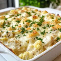 - 3 cups cooked chicken, shredded (can use rotisserie chicken) - 2 cups cauliflower florets (fresh or frozen) - 1 cup heavy cream - 1 cup shredded mozzarella cheese - 1/2 cup grated Parmesan cheese - 3 cloves garlic, minced - 1 teaspoon Italian seasoning - Salt and pepper to taste - 1/4 cup chopped fresh parsley (for garnish) These ingredients create a tasty and filling dish. You can easily find them at your local store. Using rotisserie chicken saves time and adds great flavor. This Keto Chicken Alfredo Casserole is packed with protein and healthy fats. Each serving has about: - Calories: 400 - Protein: 30g - Fat: 30g - Carbohydrates: 6g - Fiber: 2g This meal fits well in a low-carb diet. It's a great option for lunch or dinner. You can swap some ingredients if needed. Here are a few ideas: - Use turkey instead of chicken for a lighter dish. - Swap heavy cream with coconut cream for a dairy-free option. - Try different cheeses, like cheddar or gouda, for new flavors. - Add spinach or broccoli for more veggies. These alternatives still keep the dish flavorful and keto-friendly. Feel free to get creative with what you have on hand! {{ingredient_image_1}} First, set your oven to 350°F (175°C). This ensures your casserole cooks evenly. If you use fresh cauliflower, steam the florets for 5-7 minutes. They should be slightly tender. If you have frozen cauliflower, microwave it as per the package. Make sure to drain any extra water after cooking. In a large mixing bowl, combine the following ingredients: - 3 cups cooked chicken, shredded - 2 cups cauliflower florets - 1 cup heavy cream - 1 cup shredded mozzarella cheese - 1/2 cup grated Parmesan cheese - 3 cloves garlic, minced - 1 teaspoon Italian seasoning - Salt and pepper to taste Mix these well until everything is evenly combined. This step is key to a tasty casserole. Next, transfer the mixture to a greased 9x13 inch baking dish. Spread it out evenly so it cooks well. Cover the dish with aluminum foil. Bake it in the oven for 25 minutes. After that, remove the foil and bake for another 10-15 minutes. The top should be bubbly and golden. Once it’s done, let it cool for a few minutes. Finally, garnish with chopped fresh parsley for a pop of color. To cook chicken perfectly, use rotisserie chicken for ease. It saves time and adds flavor. If you prefer raw chicken, bake or boil it until it reaches 165°F. Shred the chicken into bite-sized pieces for the best texture in your casserole. Keep it moist by not overcooking. A juicy chicken makes your casserole stand out. Seasonings can transform your dish. I love using Italian seasoning for a warm, herby taste. Add salt and pepper to enhance the flavors. Fresh garlic is a must; it brings depth to the sauce. You can also mix in some red pepper flakes if you like heat. Toss the seasonings with the chicken and cheese for a tasty blend. For a creamier casserole, use high-fat heavy cream. It creates a rich sauce that coats each bite. Mixing in mozzarella and Parmesan adds gooey texture. If you want it even creamier, try adding cream cheese or sour cream. Make sure all ingredients are well-blended before baking. This ensures every spoonful is rich and delicious. Pro Tips Use Rotisserie Chicken: For a quick and easy shortcut, use store-bought rotisserie chicken to save time on prep while still enjoying a delicious meal. Perfect Cauliflower: If using fresh cauliflower, ensure it’s steamed just until tender to maintain a good texture in the casserole. Cheese Variations: Feel free to mix different cheeses like cheddar or gouda for a unique flavor twist in your casserole. Let it Rest: Allow the casserole to cool for a few minutes before serving. This helps it set and makes it easier to serve. {{image_2}} You can add more low-carb veggies to the casserole. Some great choices include: - Broccoli florets - Spinach - Zucchini - Bell peppers These veggies boost nutrition and flavor. Simply chop and mix them in with the other ingredients. They add color and crunch, making your dish even more appealing. Cheese adds richness to your casserole. You can switch up the cheese types for new flavors. Here are some options: - Cheddar cheese for a sharper taste - Cream cheese for extra creaminess - Gouda cheese for a smoky flavor Feel free to mix different cheeses. This makes the dish unique and personal to your taste. If you like heat, spice it up! Add crushed red pepper flakes or diced jalapeños. This gives your casserole a kick. You can also use spicy Italian sausage instead of chicken for added flavor. Adjust the spice level to fit your preference. Enjoy the bold taste that comes from this twist! To store your Keto Chicken Alfredo Casserole, let it cool first. Then, place it in an airtight container. You can keep it in the fridge for up to four days. If you want to enjoy it longer, consider freezing it. When you're ready to eat the leftovers, preheat your oven to 350°F (175°C). Place the casserole in an oven-safe dish. Cover it with foil to prevent drying out. Heat for about 20 minutes or until it's warm all the way through. You can also reheat individual portions in the microwave for about two to three minutes. To freeze the casserole, first let it cool completely. Cut it into serving sizes and wrap each portion tightly in plastic wrap. Then, place them in a freezer-safe bag or container. It can last for up to three months in the freezer. When you're ready to eat it, thaw it overnight in the fridge before reheating. This way, you can enjoy a tasty meal anytime! Yes, you can prepare this casserole ahead of time. Just follow the recipe until you mix all the ingredients. Then, cover the dish and place it in the fridge. You can bake it the next day. This keeps the flavors fresh and makes dinner easy. If you need a substitute for heavy cream, try using coconut cream or full-fat Greek yogurt. Both options are creamy and add nice flavor. You can also use a mix of milk and butter if you want a lighter choice. Yes, this casserole works great for meal prep. You can store individual portions in airtight containers. It stays good in the fridge for up to four days. Just reheat it in the microwave or oven when you're ready to eat. This blog post covered tasty ingredients, clear steps, useful tips, and fun variations. I shared how to cook chicken well and add flavor to your dish. You can store leftovers and reheat them easily. Don't forget these ideas for meal prep or swaps for heavy cream. By trying new ingredients and techniques, you can make a dish that's just right for you. Enjoy your delicious casserole and keep experimenting in the kitchen!
