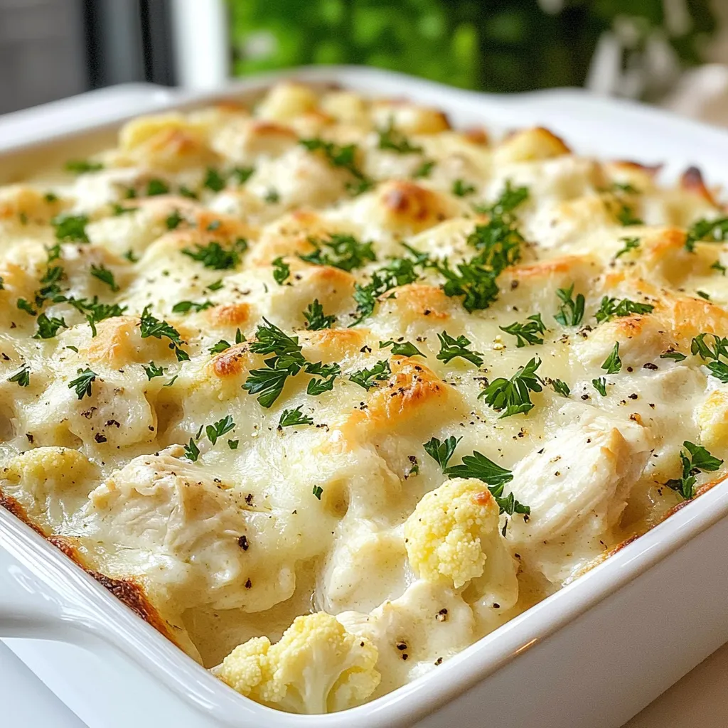 - 3 cups cooked chicken, shredded (can use rotisserie chicken) - 2 cups cauliflower florets (fresh or frozen) - 1 cup heavy cream - 1 cup shredded mozzarella cheese - 1/2 cup grated Parmesan cheese - 3 cloves garlic, minced - 1 teaspoon Italian seasoning - Salt and pepper to taste - 1/4 cup chopped fresh parsley (for garnish) These ingredients create a tasty and filling dish. You can easily find them at your local store. Using rotisserie chicken saves time and adds great flavor. This Keto Chicken Alfredo Casserole is packed with protein and healthy fats. Each serving has about: - Calories: 400 - Protein: 30g - Fat: 30g - Carbohydrates: 6g - Fiber: 2g This meal fits well in a low-carb diet. It's a great option for lunch or dinner. You can swap some ingredients if needed. Here are a few ideas: - Use turkey instead of chicken for a lighter dish. - Swap heavy cream with coconut cream for a dairy-free option. - Try different cheeses, like cheddar or gouda, for new flavors. - Add spinach or broccoli for more veggies. These alternatives still keep the dish flavorful and keto-friendly. Feel free to get creative with what you have on hand! {{ingredient_image_1}} First, set your oven to 350°F (175°C). This ensures your casserole cooks evenly. If you use fresh cauliflower, steam the florets for 5-7 minutes. They should be slightly tender. If you have frozen cauliflower, microwave it as per the package. Make sure to drain any extra water after cooking. In a large mixing bowl, combine the following ingredients: - 3 cups cooked chicken, shredded - 2 cups cauliflower florets - 1 cup heavy cream - 1 cup shredded mozzarella cheese - 1/2 cup grated Parmesan cheese - 3 cloves garlic, minced - 1 teaspoon Italian seasoning - Salt and pepper to taste Mix these well until everything is evenly combined. This step is key to a tasty casserole. Next, transfer the mixture to a greased 9x13 inch baking dish. Spread it out evenly so it cooks well. Cover the dish with aluminum foil. Bake it in the oven for 25 minutes. After that, remove the foil and bake for another 10-15 minutes. The top should be bubbly and golden. Once it’s done, let it cool for a few minutes. Finally, garnish with chopped fresh parsley for a pop of color. To cook chicken perfectly, use rotisserie chicken for ease. It saves time and adds flavor. If you prefer raw chicken, bake or boil it until it reaches 165°F. Shred the chicken into bite-sized pieces for the best texture in your casserole. Keep it moist by not overcooking. A juicy chicken makes your casserole stand out. Seasonings can transform your dish. I love using Italian seasoning for a warm, herby taste. Add salt and pepper to enhance the flavors. Fresh garlic is a must; it brings depth to the sauce. You can also mix in some red pepper flakes if you like heat. Toss the seasonings with the chicken and cheese for a tasty blend. For a creamier casserole, use high-fat heavy cream. It creates a rich sauce that coats each bite. Mixing in mozzarella and Parmesan adds gooey texture. If you want it even creamier, try adding cream cheese or sour cream. Make sure all ingredients are well-blended before baking. This ensures every spoonful is rich and delicious. Pro Tips Use Rotisserie Chicken: For a quick and easy shortcut, use store-bought rotisserie chicken to save time on prep while still enjoying a delicious meal. Perfect Cauliflower: If using fresh cauliflower, ensure it’s steamed just until tender to maintain a good texture in the casserole. Cheese Variations: Feel free to mix different cheeses like cheddar or gouda for a unique flavor twist in your casserole. Let it Rest: Allow the casserole to cool for a few minutes before serving. This helps it set and makes it easier to serve. {{image_2}} You can add more low-carb veggies to the casserole. Some great choices include: - Broccoli florets - Spinach - Zucchini - Bell peppers These veggies boost nutrition and flavor. Simply chop and mix them in with the other ingredients. They add color and crunch, making your dish even more appealing. Cheese adds richness to your casserole. You can switch up the cheese types for new flavors. Here are some options: - Cheddar cheese for a sharper taste - Cream cheese for extra creaminess - Gouda cheese for a smoky flavor Feel free to mix different cheeses. This makes the dish unique and personal to your taste. If you like heat, spice it up! Add crushed red pepper flakes or diced jalapeños. This gives your casserole a kick. You can also use spicy Italian sausage instead of chicken for added flavor. Adjust the spice level to fit your preference. Enjoy the bold taste that comes from this twist! To store your Keto Chicken Alfredo Casserole, let it cool first. Then, place it in an airtight container. You can keep it in the fridge for up to four days. If you want to enjoy it longer, consider freezing it. When you're ready to eat the leftovers, preheat your oven to 350°F (175°C). Place the casserole in an oven-safe dish. Cover it with foil to prevent drying out. Heat for about 20 minutes or until it's warm all the way through. You can also reheat individual portions in the microwave for about two to three minutes. To freeze the casserole, first let it cool completely. Cut it into serving sizes and wrap each portion tightly in plastic wrap. Then, place them in a freezer-safe bag or container. It can last for up to three months in the freezer. When you're ready to eat it, thaw it overnight in the fridge before reheating. This way, you can enjoy a tasty meal anytime! Yes, you can prepare this casserole ahead of time. Just follow the recipe until you mix all the ingredients. Then, cover the dish and place it in the fridge. You can bake it the next day. This keeps the flavors fresh and makes dinner easy. If you need a substitute for heavy cream, try using coconut cream or full-fat Greek yogurt. Both options are creamy and add nice flavor. You can also use a mix of milk and butter if you want a lighter choice. Yes, this casserole works great for meal prep. You can store individual portions in airtight containers. It stays good in the fridge for up to four days. Just reheat it in the microwave or oven when you're ready to eat. This blog post covered tasty ingredients, clear steps, useful tips, and fun variations. I shared how to cook chicken well and add flavor to your dish. You can store leftovers and reheat them easily. Don't forget these ideas for meal prep or swaps for heavy cream. By trying new ingredients and techniques, you can make a dish that's just right for you. Enjoy your delicious casserole and keep experimenting in the kitchen!