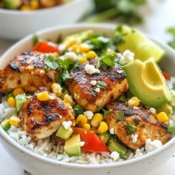 - 2 cups cooked rice (jasmine or basmati) - 1 pound boneless, skinless chicken thighs, diced - 1 cup corn kernels (fresh or frozen) - 1 red bell pepper, diced - 1 avocado, sliced - 1/2 cup crumbled feta cheese - 1/4 cup fresh cilantro, chopped - 2 tablespoons olive oil - 2 tablespoons lime juice - 1 teaspoon smoked paprika - 1 teaspoon garlic powder - 1/2 teaspoon cumin - Salt and pepper to taste - Lime wedges, for garnish To make the perfect Street Corn Chicken Rice Bowls, start with the main ingredients. You can choose jasmine or basmati rice for a fluffy base. The chicken thighs add rich flavor and stay moist. I prefer boneless, skinless thighs for easy cooking. Fresh corn gives a sweet crunch. Red bell pepper adds color and a slight sweetness. Avocado brings creaminess, while feta cheese adds a salty kick. Fresh cilantro brightens up the dish. Don't forget lime juice for zest and a touch of olive oil for cooking. - Additional spices and seasonings - Alternative toppings For extra flavor, consider adding spices like chili powder or cayenne for heat. You can also try a pinch of oregano for depth. If you want more toppings, think about adding jalapeños for spice or black beans for heartiness. You might even swap feta for queso fresco or use a dollop of sour cream for creaminess. The options are endless, so feel free to explore what you love most! {{ingredient_image_1}} To start, gather your chicken and seasoning. You need: - 1 pound boneless, skinless chicken thighs, diced - 2 tablespoons olive oil - 2 tablespoons lime juice - 1 teaspoon smoked paprika - 1 teaspoon garlic powder - 1/2 teaspoon cumin - Salt and pepper to taste Mix the chicken with olive oil and lime juice in a bowl. Add the spices and salt. Stir until the chicken is well coated. Let it marinate for at least 15 minutes. This step adds great flavor to your dish. While the chicken marinates, heat a skillet over medium heat. Add 1 cup of corn kernels. Sauté the corn for about 5-7 minutes until it gets a nice char. Remove the corn from the skillet and set it aside. In the same skillet, add the marinated chicken. Cook it for 8-10 minutes, stirring often. Look for the chicken to turn golden brown and be fully cooked. Next, add 1 diced red bell pepper to the skillet. Cook for another 2-3 minutes until the bell pepper is just tender. This adds sweetness and color to your bowl. Now it’s time to build your bowls! Start by placing 2 cups of cooked rice at the bottom. Jasmine or basmati rice works great. Top the rice with the chicken and corn mixture. Next, add sliced avocado and sprinkle 1/2 cup of crumbled feta cheese on top. Finish with 1/4 cup of fresh cilantro for a burst of flavor. For a nice touch, serve each bowl with lime wedges on the side. This way, you can squeeze fresh lime juice for extra zing. Use colorful bowls to make your meal look vibrant and appealing! To get the best chicken thighs, start with good quality meat. I like boneless, skinless thighs. They stay juicy and tender. Marinate the chicken for at least 15 minutes. Use olive oil, lime juice, smoked paprika, garlic powder, cumin, salt, and pepper. This mix not only adds flavor but also helps keep the chicken moist. Cook over medium heat for about 8-10 minutes. Stir occasionally until they turn golden brown. This method ensures even cooking and a nice texture. I recommend using a blend of spices. The right ratios make a big difference! For this recipe, I use: - 1 teaspoon smoked paprika - 1 teaspoon garlic powder - 1/2 teaspoon cumin - Salt and pepper to taste These spices give depth and warmth. You can also add a pinch of chili powder for heat. Adjust the amounts based on your taste. Feel free to experiment with other spices like cayenne or oregano. Balance is key for that perfect kick! Meal prep can save you time! Cook a big batch of rice ahead of time. Store it in the fridge and use it throughout the week. You can also marinate the chicken the night before. This way, the flavors soak in deeply. If you’re short on time, use frozen corn. It cooks quickly and still tastes great. Pre-chop your veggies too. This makes assembly fast and easy. With these tips, you can whip up your bowls in no time! Pro Tips Marinate for More Flavor: Allow the chicken to marinate for at least 30 minutes, or up to overnight, to enhance the flavor and tenderness. Char the Corn: For an extra smoky flavor, grill the corn instead of sautéing it. This will give your dish a delicious charred taste. Use Fresh Ingredients: Whenever possible, opt for fresh corn and ripe avocados to elevate the dish's overall taste and texture. Customize Your Bowls: Feel free to add other toppings like black beans, diced tomatoes, or jalapeños to personalize your rice bowls. {{image_2}} You can switch chicken for other proteins. Try shrimp or beef for a new taste. For vegan options, use tofu or tempeh. These can soak up flavors well. Just marinate them as you would the chicken. For a quick change, use canned beans. Black beans or chickpeas add protein and fiber. Spices can change the flavor of your dish. Add chili powder for heat or oregano for earthiness. Try lime zest for a fresh kick. You can also mix in some chipotle sauce for smokiness. Different sauces, like sriracha or barbecue, can give a twist too. Experiment with what you like! You can adapt this dish for any season. In spring, use fresh peas or asparagus. Summer corn is sweet and perfect in this bowl. For fall, add roasted pumpkin or squash. Winter calls for hearty greens like kale or spinach. Seasonal swaps keep your meal fresh and exciting. To keep your Street Corn Chicken Rice Bowls fresh, use airtight containers. Divide the rice, chicken, and toppings. Store them separately to prevent sogginess. Place the bowls in the fridge. They should last for about three days. Always cool the food to room temperature before storing. This helps avoid condensation, which can make your food wet. For reheating, use the microwave or a skillet. If using the microwave, cover your bowl loosely. Heat in short bursts, stirring between each burst. This keeps the food moist and flavors intact. If you prefer the skillet, add a splash of water to the pan. Heat over medium until warmed through. Stir often to keep everything juicy. To freeze components, cool them first. Place the chicken and corn in separate freezer bags. Remove as much air as possible before sealing. You can freeze the rice too, but it’s best to eat it fresh. When ready to use, thaw overnight in the fridge. Reheat thoroughly before serving. Enjoy your flavorful meal later! A Street Corn Chicken Rice Bowl is a tasty meal. It combines rice, chicken, and street corn. You get soft rice as the base and juicy chicken on top. The bowl often has fresh corn and colorful veggies. You can add creamy avocado and crumbly feta cheese for extra flavor. Each bite brings a mix of textures and tastes. It's a fun way to enjoy street food at home. Yes, you can make this recipe ahead of time! Meal prep helps save time during busy days. You can cook the chicken and corn in advance. Store them in separate containers. Cook your rice, too, and keep it in the fridge. When you're ready to eat, just heat the chicken and corn. Then, assemble your bowl with fresh toppings. This way, you enjoy a quick, yummy meal any day. You can easily adjust this recipe for dietary needs. For a gluten-free option, use rice and check labels on spices. To make it dairy-free, skip the feta cheese or use a plant-based alternative. If you want it vegan, swap the chicken for tofu or beans. You can also use vegetable broth instead of water for cooking rice. This recipe is flexible, so you can enjoy it no matter your diet! This article gave you all the steps to create a tasty Street Corn Chicken Rice Bowl. You learned about the main and optional ingredients, the cooking process, and tips for perfecting texture and flavor. I shared ideas for protein swaps and seasonal swaps too. Don’t forget how to store your leftovers. With these easy recipes, you can enjoy this dish anytime. Now, go ahead and make your own bowls for a fun meal!