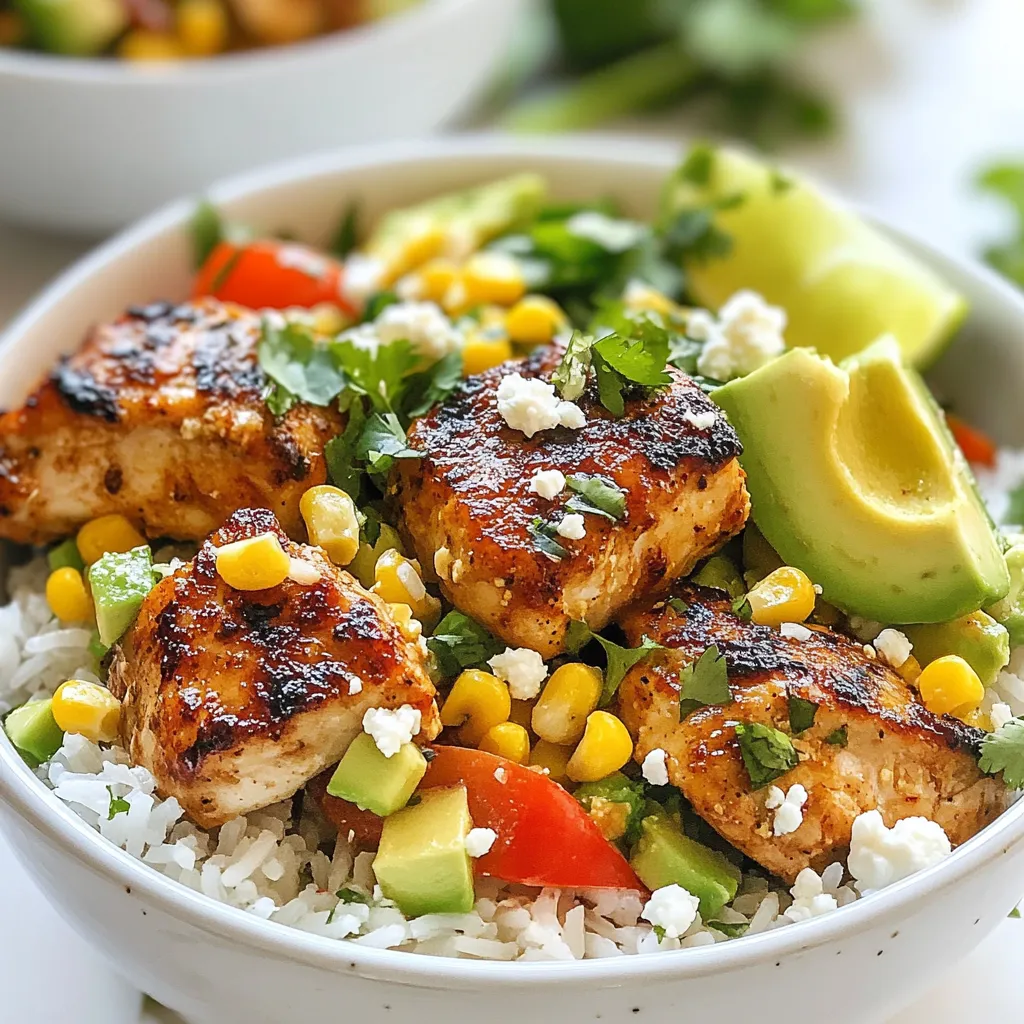 - 2 cups cooked rice (jasmine or basmati) - 1 pound boneless, skinless chicken thighs, diced - 1 cup corn kernels (fresh or frozen) - 1 red bell pepper, diced - 1 avocado, sliced - 1/2 cup crumbled feta cheese - 1/4 cup fresh cilantro, chopped - 2 tablespoons olive oil - 2 tablespoons lime juice - 1 teaspoon smoked paprika - 1 teaspoon garlic powder - 1/2 teaspoon cumin - Salt and pepper to taste - Lime wedges, for garnish To make the perfect Street Corn Chicken Rice Bowls, start with the main ingredients. You can choose jasmine or basmati rice for a fluffy base. The chicken thighs add rich flavor and stay moist. I prefer boneless, skinless thighs for easy cooking. Fresh corn gives a sweet crunch. Red bell pepper adds color and a slight sweetness. Avocado brings creaminess, while feta cheese adds a salty kick. Fresh cilantro brightens up the dish. Don't forget lime juice for zest and a touch of olive oil for cooking. - Additional spices and seasonings - Alternative toppings For extra flavor, consider adding spices like chili powder or cayenne for heat. You can also try a pinch of oregano for depth. If you want more toppings, think about adding jalapeños for spice or black beans for heartiness. You might even swap feta for queso fresco or use a dollop of sour cream for creaminess. The options are endless, so feel free to explore what you love most! {{ingredient_image_1}} To start, gather your chicken and seasoning. You need: - 1 pound boneless, skinless chicken thighs, diced - 2 tablespoons olive oil - 2 tablespoons lime juice - 1 teaspoon smoked paprika - 1 teaspoon garlic powder - 1/2 teaspoon cumin - Salt and pepper to taste Mix the chicken with olive oil and lime juice in a bowl. Add the spices and salt. Stir until the chicken is well coated. Let it marinate for at least 15 minutes. This step adds great flavor to your dish. While the chicken marinates, heat a skillet over medium heat. Add 1 cup of corn kernels. Sauté the corn for about 5-7 minutes until it gets a nice char. Remove the corn from the skillet and set it aside. In the same skillet, add the marinated chicken. Cook it for 8-10 minutes, stirring often. Look for the chicken to turn golden brown and be fully cooked. Next, add 1 diced red bell pepper to the skillet. Cook for another 2-3 minutes until the bell pepper is just tender. This adds sweetness and color to your bowl. Now it’s time to build your bowls! Start by placing 2 cups of cooked rice at the bottom. Jasmine or basmati rice works great. Top the rice with the chicken and corn mixture. Next, add sliced avocado and sprinkle 1/2 cup of crumbled feta cheese on top. Finish with 1/4 cup of fresh cilantro for a burst of flavor. For a nice touch, serve each bowl with lime wedges on the side. This way, you can squeeze fresh lime juice for extra zing. Use colorful bowls to make your meal look vibrant and appealing! To get the best chicken thighs, start with good quality meat. I like boneless, skinless thighs. They stay juicy and tender. Marinate the chicken for at least 15 minutes. Use olive oil, lime juice, smoked paprika, garlic powder, cumin, salt, and pepper. This mix not only adds flavor but also helps keep the chicken moist. Cook over medium heat for about 8-10 minutes. Stir occasionally until they turn golden brown. This method ensures even cooking and a nice texture. I recommend using a blend of spices. The right ratios make a big difference! For this recipe, I use: - 1 teaspoon smoked paprika - 1 teaspoon garlic powder - 1/2 teaspoon cumin - Salt and pepper to taste These spices give depth and warmth. You can also add a pinch of chili powder for heat. Adjust the amounts based on your taste. Feel free to experiment with other spices like cayenne or oregano. Balance is key for that perfect kick! Meal prep can save you time! Cook a big batch of rice ahead of time. Store it in the fridge and use it throughout the week. You can also marinate the chicken the night before. This way, the flavors soak in deeply. If you’re short on time, use frozen corn. It cooks quickly and still tastes great. Pre-chop your veggies too. This makes assembly fast and easy. With these tips, you can whip up your bowls in no time! Pro Tips Marinate for More Flavor: Allow the chicken to marinate for at least 30 minutes, or up to overnight, to enhance the flavor and tenderness. Char the Corn: For an extra smoky flavor, grill the corn instead of sautéing it. This will give your dish a delicious charred taste. Use Fresh Ingredients: Whenever possible, opt for fresh corn and ripe avocados to elevate the dish's overall taste and texture. Customize Your Bowls: Feel free to add other toppings like black beans, diced tomatoes, or jalapeños to personalize your rice bowls. {{image_2}} You can switch chicken for other proteins. Try shrimp or beef for a new taste. For vegan options, use tofu or tempeh. These can soak up flavors well. Just marinate them as you would the chicken. For a quick change, use canned beans. Black beans or chickpeas add protein and fiber. Spices can change the flavor of your dish. Add chili powder for heat or oregano for earthiness. Try lime zest for a fresh kick. You can also mix in some chipotle sauce for smokiness. Different sauces, like sriracha or barbecue, can give a twist too. Experiment with what you like! You can adapt this dish for any season. In spring, use fresh peas or asparagus. Summer corn is sweet and perfect in this bowl. For fall, add roasted pumpkin or squash. Winter calls for hearty greens like kale or spinach. Seasonal swaps keep your meal fresh and exciting. To keep your Street Corn Chicken Rice Bowls fresh, use airtight containers. Divide the rice, chicken, and toppings. Store them separately to prevent sogginess. Place the bowls in the fridge. They should last for about three days. Always cool the food to room temperature before storing. This helps avoid condensation, which can make your food wet. For reheating, use the microwave or a skillet. If using the microwave, cover your bowl loosely. Heat in short bursts, stirring between each burst. This keeps the food moist and flavors intact. If you prefer the skillet, add a splash of water to the pan. Heat over medium until warmed through. Stir often to keep everything juicy. To freeze components, cool them first. Place the chicken and corn in separate freezer bags. Remove as much air as possible before sealing. You can freeze the rice too, but it’s best to eat it fresh. When ready to use, thaw overnight in the fridge. Reheat thoroughly before serving. Enjoy your flavorful meal later! A Street Corn Chicken Rice Bowl is a tasty meal. It combines rice, chicken, and street corn. You get soft rice as the base and juicy chicken on top. The bowl often has fresh corn and colorful veggies. You can add creamy avocado and crumbly feta cheese for extra flavor. Each bite brings a mix of textures and tastes. It's a fun way to enjoy street food at home. Yes, you can make this recipe ahead of time! Meal prep helps save time during busy days. You can cook the chicken and corn in advance. Store them in separate containers. Cook your rice, too, and keep it in the fridge. When you're ready to eat, just heat the chicken and corn. Then, assemble your bowl with fresh toppings. This way, you enjoy a quick, yummy meal any day. You can easily adjust this recipe for dietary needs. For a gluten-free option, use rice and check labels on spices. To make it dairy-free, skip the feta cheese or use a plant-based alternative. If you want it vegan, swap the chicken for tofu or beans. You can also use vegetable broth instead of water for cooking rice. This recipe is flexible, so you can enjoy it no matter your diet! This article gave you all the steps to create a tasty Street Corn Chicken Rice Bowl. You learned about the main and optional ingredients, the cooking process, and tips for perfecting texture and flavor. I shared ideas for protein swaps and seasonal swaps too. Don’t forget how to store your leftovers. With these easy recipes, you can enjoy this dish anytime. Now, go ahead and make your own bowls for a fun meal!