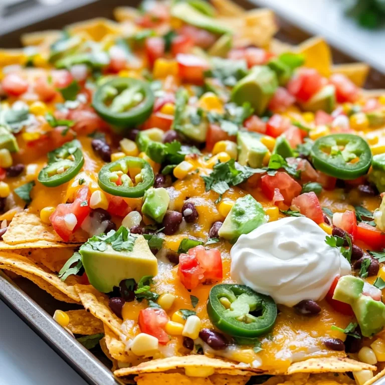 - 1 bag (10-12 oz) tortilla chips - 1 cup shredded cheddar cheese - 1 cup shredded Monterey Jack cheese - 1 can (15 oz) black beans, rinsed and drained - 1 cup corn (fresh, frozen, or canned) - 1 jalapeño, sliced - 1 medium tomato, diced - ½ cup fresh cilantro, chopped - ½ cup sour cream - ½ avocado, diced - 2 tablespoons olive oil - 1 tablespoon taco seasoning - Salt and pepper to taste You can change up your nachos to fit your taste. Here are my favorite options: - Add cooked ground beef or shredded chicken for more protein. - Use different types of cheese like pepper jack or queso fresco. - Swap jalapeños for banana peppers for a milder kick. - Try adding black olives for extra flavor. - Top with pickled onions for a zesty touch. For the best nachos, choose quality ingredients. Here are my top picks: - Tortilla Chips: Look for brands with real corn and no preservatives. - Cheese: Use block cheese and shred it yourself for better melt. - Beans: Go for low-sodium canned black beans for healthier options. - Olive Oil: Choose extra virgin olive oil for rich flavor. - Spices: Fresh taco seasoning packs a punch. Check for low-sodium options. These tips help you create a perfect plate of nachos that are cheesy and crispy! {{ingredient_image_1}} First, set your oven to 400°F (200°C). This step is key for crispy nachos. While the oven heats up, grab a large sheet pan. Spread the tortilla chips evenly across the pan. Make sure to leave some space between the chips. This helps them stay crispy when baking. Now, let’s add flavor! In a bowl, mix the black beans, corn, olive oil, taco seasoning, salt, and pepper. Stir well to coat everything. Spread this tasty mix over the chips. Next, sprinkle the shredded cheddar and Monterey Jack cheese evenly on top. Add jalapeño slices and diced tomatoes to give it a fresh kick. Time to bake! Place the sheet pan in the oven. Bake for 10-12 minutes. Watch closely until the cheese melts and bubbles. This is the moment you want! Once finished, take it out and let it cool for a few minutes. Top with diced avocado and fresh cilantro. Serve warm with sour cream on the side. Enjoy your cheesy, crispy meal! To make your nachos crispy, start with good tortilla chips. Use a sturdy brand that holds up well. Spread the chips evenly on the pan. Avoid stacking them too high. This allows heat to reach all the chips. Bake them at a high temperature, 400°F is best. Keep an eye on them as they cook. You want them golden, not burnt. When the cheese melts, it helps hold everything together. Let them cool for a few minutes before serving. This keeps the chips crunchy. For nachos, I love using a mix of cheeses. Cheddar adds a sharp taste. Monterey Jack melts beautifully and brings creaminess. Together, they create a nice balance. You can also add pepper jack for a spicy kick. Try mixing in some queso blanco for a unique flavor. The key is to use shredded cheese. It melts faster and evenly, making every bite cheesy and delightful. Serve your nachos straight from the sheet pan. It looks great and makes for easy sharing. I like to top mine with fresh ingredients for a pop of color. Add diced tomatoes, sliced jalapeños, and chopped cilantro on top. You can also include avocado for creaminess. Serve with a side of sour cream for dipping. For extra flavor, squeeze some lime juice on top. This brightens the dish and adds freshness. Enjoy with your favorite drink for a perfect snack! Pro Tips Use Quality Tortilla Chips: Opt for sturdy tortilla chips that can hold up to the toppings without getting soggy. Customize Your Toppings: Feel free to add other favorite toppings such as diced bell peppers, olives, or even cooked ground meat for extra protein. Broil for Extra Crispiness: For an extra crispy finish, switch to the broiler for the last 1-2 minutes of baking, but keep a close eye to prevent burning. Serve with Variety: Offer a selection of dips like guacamole, salsa, or queso on the side to enhance the nacho experience. {{image_2}} You can make tasty vegetarian nachos using fresh ingredients. Start with your tortilla chips. For toppings, try: - 1 can (15 oz) black beans, rinsed - 1 cup corn, fresh or frozen - 1 medium tomato, diced - ½ cup fresh cilantro, chopped - ½ avocado, diced - ½ cup sour cream Feel free to add more veggies like bell peppers or olives. A sprinkle of taco seasoning gives it a nice kick. Add meat for a hearty twist! Ground beef or chicken works great. For meat toppings, consider: - 1 pound ground beef, cooked - 1 tablespoon taco seasoning Mix the cooked meat with the taco seasoning. Spread it over your chips before adding cheese and other toppings. This gives each bite a savory boost. If you love spice, kick it up a notch! For spicy nachos, use: - 1 jalapeño, sliced - Extra hot sauce - Spicy salsa Layer the jalapeño slices on top of the cheese for that extra heat. You can also drizzle hot sauce over the nachos before serving. These spicy nachos will excite your taste buds. These variations keep your nachos fun and fresh. Enjoy mixing and matching! To store leftover nachos, first, let them cool completely. Then, place them in an airtight container. Keep the container in your fridge. They will stay fresh for up to three days. Avoid stacking the nachos, as this makes them soggy. When reheating nachos, use an oven for the best results. Preheat your oven to 350°F (175°C). Spread the nachos on a baking sheet. Heat them for about 10 minutes. This keeps the chips crispy and the cheese melty. You can also cover the nachos with foil to prevent burning. Do freeze nachos if you want to save them for later. Use a freezer-safe container or wrap them well. However, do not freeze nachos with toppings like sour cream or avocado. These toppings do not freeze well and can change texture. When ready to eat, thaw them overnight in the fridge before reheating. Yes, you can prep the toppings ahead of time. Keep the tortilla chips separate. If you layer everything and bake early, the chips may get soggy. To keep them crisp, store the chips in a sealed bag. Mix the toppings and store them in the fridge. When ready, just bake it all together. For healthier nachos, swap some standard toppings for fresh options. Try these ideas: - Use Greek yogurt instead of sour cream. - Add fresh veggies like bell peppers or olives. - Choose lean proteins, like grilled chicken or turkey. - Opt for low-fat cheese or a dairy-free option. These changes keep nachos tasty without the extra calories. To avoid soggy chips, follow these tips: - Layer toppings evenly and sparingly. - Bake immediately after adding toppings. - Avoid using too much liquid from canned items. - Serve nachos right after baking for maximum crunch. These steps help keep your nachos crispy and enjoyable. In this blog post, I shared how to make delicious sheet pan nachos. We covered important ingredients, step-by-step baking methods, and tips for perfect results. I also explored fun variations and how to store leftovers. Remember, nachos are all about personal taste. You can get creative with toppings and flavors. Enjoy your nachos crispy and flavorful. Follow these tips to impress everyone at your next gathering. Happy nacho-making!