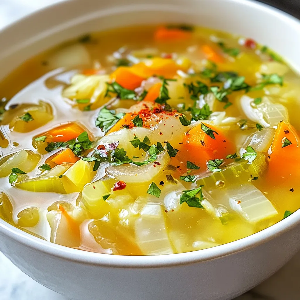 To make Cabbage Fat Burning Soup, you will need: - 1 small head of green cabbage, chopped - 1 large onion, diced - 3 cloves garlic, minced - 2 carrots, sliced - 2 celery stalks, chopped - 1 bell pepper (any color), diced - 1 can (15 oz) diced tomatoes (with juice) - 6 cups vegetable broth - 1-2 teaspoons ginger, grated - 1 teaspoon turmeric powder - 1 tablespoon olive oil - Salt and pepper to taste - Fresh parsley for garnish (optional) - A pinch of red chili flakes for added heat (optional) When picking vegetables for this soup, look for bright colors. Choose a cabbage that feels heavy for its size. It should have tight leaves. For onions, select ones that are firm and dry. Carrots should be crisp and smooth. Avoid any that are soft or wrinkled. Celery should have vibrant green stalks. For bell peppers, pick ones that are shiny and firm. Each ingredient in this soup offers unique benefits: - Cabbage: Low in calories, high in fiber. It aids digestion and helps with weight loss. - Onion: Contains antioxidants. It supports the immune system and adds flavor. - Garlic: Great for heart health. It has anti-inflammatory properties and boosts immunity. - Carrots: Full of vitamin A. They promote good vision and skin health. - Celery: Low in calories and high in water. It helps keep you hydrated. - Bell pepper: Rich in vitamin C. It supports the immune system and improves skin health. - Diced tomatoes: Full of lycopene. They help protect against heart disease. - Vegetable broth: Adds flavor without many calories. It's hydrating and low in fat. - Ginger: Aids digestion and helps reduce nausea. It adds a warm flavor. - Turmeric: Has anti-inflammatory effects. It may help with joint pain and overall health. - Olive oil: A healthy fat. It supports heart health and adds richness. - Salt and pepper: Enhance flavor. Use them in moderation for health. - Fresh parsley: Adds vitamins and minerals. It also provides a fresh taste. - Red chili flakes: Boost metabolism. They add a spicy kick to the soup. Each ingredient plays a role in making this soup tasty and nutritious. Enjoy cooking! {{ingredient_image_1}} Start by gathering all your ingredients. You will need cabbage, onion, garlic, carrots, celery, bell pepper, diced tomatoes, vegetable broth, ginger, turmeric, olive oil, salt, and pepper. 1. In a large pot, heat the olive oil over medium heat. 2. Add the diced onion and minced garlic. Cook until the onions become soft, about 5-7 minutes. 3. Stir in the sliced carrots, chopped celery, and diced bell pepper. Cook for another 5 minutes. 4. Next, add the chopped cabbage, diced tomatoes (with juice), and vegetable broth to the pot. 5. Add the grated ginger, turmeric, salt, and pepper. If you like it spicy, add red chili flakes. 6. Bring everything to a boil. Then, reduce heat to low and let it simmer for about 30 minutes. 7. Check the soup. The cabbage and veggies should be tender. 8. Taste the soup and adjust the seasoning if you want. 9. Serve hot, and garnish with fresh parsley if you like. Always wash your hands before you cook. Use a cutting board to chop vegetables. Keep knives away from children. If you use a stove, stay nearby. Never leave the pot unattended. Use oven mitts when handling hot pots. Cook the onions and garlic for 5-7 minutes on medium heat. The soup should simmer on low heat for about 30 minutes. This time allows the flavors to blend well. Make sure the heat is low enough to avoid burning. The soup is ready when the cabbage is tender. To boost flavor in your cabbage soup, try herbs and spices. Use fresh herbs like basil or thyme. Adding lemon juice or zest brightens the taste. For more warmth, sprinkle in some cumin or coriander. These will add depth without adding calories. Many people skip cooking the onions and garlic long enough. This step builds a strong flavor base. Don’t forget to season in layers. Add salt and pepper at each stage, not just at the end. Lastly, avoid overcooking the veggies. They should stay tender, not mushy. Serve the soup hot for the best flavor. Top it with fresh parsley for a pop of color. If you like spice, add a pinch of red chili flakes. Pair it with whole-grain bread for a filling meal. Enjoy your soup in a nice bowl to make it special. Pro Tips Fresh Ingredients: Using fresh, seasonal vegetables will enhance the flavor and nutritional value of your soup. Flavor Boost: For a deeper flavor, consider adding a splash of soy sauce or a dash of balsamic vinegar just before serving. Spice It Up: Experiment with different spices like cumin or coriander to add unique flavors to your soup. Make It Ahead: This soup tastes even better the next day, so feel free to make it ahead and store it in the fridge. {{image_2}} You can swap out some ingredients to change the flavor of the soup. Here are some ideas: - Use leeks instead of onion for a milder taste. - Replace carrots with sweet potatoes for a hint of sweetness. - Add zucchini for extra texture and a light flavor. - Use canned beans for added protein and creaminess. These changes keep the soup tasty while still being healthy. This soup is already mostly plant-based. To make it fully vegan or vegetarian, follow these tips: - Use vegetable broth instead of chicken broth. - Check that your canned tomatoes do not have any animal products. - Add more vegetables like spinach or kale for added nutrients. These simple swaps make the soup fit any dietary need. Want to heat things up? Here’s how to tweak the spice levels: - Add more red chili flakes for a spicy kick. - Stir in some cayenne pepper for a bolder flavor. - For a milder soup, skip the chili flakes entirely. Adjusting the spice lets you create the perfect bowl for your taste buds. After making cabbage fat burning soup, store any leftovers in airtight containers. This keeps the soup fresh and tasty. Let the soup cool first. Once cool, seal the containers tightly. Label them with the date. This helps you know when to use them. To reheat the soup, pour it into a pot. Heat it on low to medium heat. Stir it often to avoid burning. If the soup seems too thick, add a splash of vegetable broth or water. This keeps the soup flavorful and prevents it from drying out. If you want to save the soup for later, freezing is a great option. Pour the cooled soup into freezer-safe bags or containers. Leave some space at the top for expansion. Label each container with the date. When you're ready to eat, thaw it in the fridge overnight. Reheat on the stove to enjoy a warm and healthy meal. Yes, this soup can aid weight loss. Cabbage is low in calories yet high in fiber. This means it can fill you up without adding too many calories. The soup's ingredients, like ginger and turmeric, also help boost metabolism. Eating this soup as part of a balanced diet may help you shed pounds. Cabbage Fat Burning Soup lasts about 4 to 5 days in the fridge. Store it in an airtight container to keep it fresh. If you notice any changes in smell or color, it’s best to throw it out. Reheat only what you plan to eat to avoid spoilage. Absolutely! You can use both methods for making this soup. For a slow cooker, combine all the ingredients, then cook on low for 6 to 8 hours. For an Instant Pot, set it to high pressure for about 15 minutes. Both methods will yield a tasty soup. You learned about the best ingredients, cooking steps, and storage tips for Cabbage Fat Burning Soup. Fresh veggies boost flavor and nutrition. I shared ways to enhance taste without extra calories. You also found helpful cooking times and safety tips. Remember, every choice matters, from ingredient selection to storage. Enjoy your healthy soup, and don't hesitate to explore variations that suit your taste. With these tips, you're ready to dive in and create a delicious dish that’s good for you!
