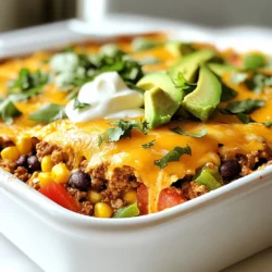- 1 pound ground turkey or beef - 1 can (15 oz) black beans, drained and rinsed - 1 can (15 oz) corn, drained - 1 can (10 oz) diced tomatoes with green chilies - 1 packet taco seasoning The main ingredients are the base of your taco casserole. Ground turkey or beef gives it a hearty taste. Black beans and corn add texture and nutrition. Diced tomatoes with green chilies bring a nice kick. The taco seasoning ties all these flavors together. - 1 1/2 cups cooked rice (brown or white) - 1 1/2 cups shredded cheddar cheese - 1 cup salsa - 1 cup bell peppers, diced (red and green for color) - 1 cup onion, diced - Salt and pepper to taste Now let's add some extra goodness. Cooked rice makes it filling. Shredded cheddar cheese melts into a creamy layer. Salsa gives it that zesty punch. Bell peppers and onions add crunch and color. Don’t forget to season with salt and pepper. - Sour cream - Avocado slices - Fresh cilantro These toppings make your casserole shine. Sour cream adds a cool creaminess. Avocado slices bring a rich flavor. Fresh cilantro gives a fresh touch. Feel free to mix and match these toppings to suit your taste! {{ingredient_image_1}} First, heat a skillet over medium heat. Add one pound of ground turkey or beef. Cook it until it is no longer pink. This should take about 5 to 7 minutes. While cooking, season the meat with salt and pepper to taste. Once done, drain any excess fat. This step keeps the casserole from becoming greasy. Next, transfer the browned meat to the slow cooker. Now, add all the other ingredients. You will need: - 1 can (15 oz) black beans, drained and rinsed - 1 can (15 oz) corn, drained - 1 can (10 oz) diced tomatoes with green chilies - 1 packet taco seasoning - 1 1/2 cups cooked rice (brown or white) - 1 cup salsa - 1 cup bell peppers, diced (red and green for color) - 1 cup onion, diced Stir everything together well. This mixes all the flavors and makes each bite tasty. Cover the slow cooker and set it to cook. You have two options here. For a slow and steady cook, set it on low for 4 to 6 hours. If you are in a hurry, you can cook it on high for 2 to 3 hours. About 20 minutes before you serve, sprinkle 1 1/2 cups of shredded cheddar cheese on top. Cover it again until the cheese melts. When ready, give the casserole a gentle stir. It’s now ready to enjoy! Seasoning is key in any dish. For this taco casserole, use salt and pepper wisely. You want to bring out the flavors of your ingredients. Taco seasoning adds a hit of spice. I recommend trying a mix of spices if you want more depth. Fresh ingredients make a big difference. Use ripe tomatoes and crisp bell peppers. They add great taste and color. If you can, go for organic veggies. They often have better flavor. Garnishing elevates your dish. Top your casserole with a dollop of sour cream. Add sliced avocado for creaminess. Fresh cilantro gives it a nice pop of color. Pair the casserole with a simple salad. A crisp green salad adds freshness. You can also serve it with warm bread for a hearty meal. Prep your ingredients in advance. Chop the bell peppers and onions the night before. This saves time on busy days. You can also brown the meat ahead of time. Store it in the fridge until you’re ready to cook. If you have leftovers, freezing is a great option. Portion them into containers. This way, you can enjoy your casserole later. Just remember to label them with the date for easy tracking. Pro Tips Use Lean Meat: Opt for ground turkey or lean beef to keep the casserole healthy without sacrificing flavor. Customize Your Beans: Feel free to swap black beans for pinto or kidney beans depending on your taste preference. Layering Flavors: Add a pinch of smoked paprika or cumin for an extra depth of flavor that enhances the taco seasoning. Make-Ahead Option: Prepare the casserole the night before and refrigerate it, then simply set it in the slow cooker in the morning for an easy meal. {{image_2}} You can easily swap the meat in this dish. Using chicken instead of turkey or beef works great. Chicken brings a lighter taste. It also absorbs the taco flavors well. You can also choose different beans or grains. Instead of black beans, try pinto or kidney beans. You could use quinoa or farro instead of rice. These swaps add unique flavors and textures. To boost the flavor, add more spices or sauces. Try extra chili powder or cumin for heat. A splash of hot sauce can make it exciting. You can also mix in your favorite salsa for added zest. Incorporate more veggies for a colorful dish. Zucchini or spinach are excellent choices. They cook down nicely and add nutrients. Plus, they blend well with the other ingredients. For plant-based options, substitute meat with lentils or black beans. These add protein and fiber. They also soak up the delicious taco spices. If you want to go vegan, use dairy-free cheese. Brands like Daiya or Violife melt nicely. They provide that cheesy flavor without animal products. This way, everyone can enjoy the casserole! To store your taco casserole, use an air-tight container. This keeps the flavors fresh. Let the casserole cool before sealing it. It lasts up to four days in the fridge. When you're ready to eat, just take it out and reheat. If you want to freeze portions, divide the casserole into small containers. Label them with the date. It can stay frozen for up to three months. To thaw, move a portion to the fridge for several hours or overnight. For quick thawing, you can use the microwave. You can safely reheat in the microwave or the oven. For the microwave, heat in 30-second intervals, stirring in between. This ensures even heating. If you use the oven, preheat to 350°F. Place the casserole in a dish, cover it with foil, and heat for about 20 minutes. This way, it warms up nicely. Yes, you can! To make a vegetarian version, swap the ground turkey or beef for plant-based meat, such as lentils or crumbled tofu. Use black beans as your main protein. You can also add more vegetables like zucchini, mushrooms, or spinach. These will give texture and flavor. Make sure to choose a taco seasoning that is vegetarian-friendly. This way, you get all the taste without the meat. There are many ways to add spice! You can add extra chili powder or cayenne pepper for heat. If you like a smoky flavor, try adding smoked paprika. You can also mix in diced jalapeños or serrano peppers. If you prefer fresh herbs, cilantro or fresh lime juice can brighten the dish. Just be careful; add a little at a time. You can always taste and adjust as you go. This dish pairs well with many sides. A fresh salad with lettuce, tomatoes, and avocado is a great choice. You can also serve it with tortilla chips for crunch. A side of Mexican rice or guacamole complements the flavors nicely. If you like something warm, consider cornbread. These sides will make your meal even more enjoyable. This blog post covered everything you need for a tasty taco casserole. I shared key ingredients like ground turkey, black beans, and fresh veggies. You learned how to prepare the meat and mix flavors in a slow cooker. We discussed tips for the best taste and how to store leftovers properly. Enjoy experimenting with variations, like meat swaps or cooking methods. This dish is easy and fun to make. Now, gather your ingredients and create something delicious today.